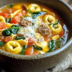 - 1 pound Italian sausage (mild or spicy) - 1 medium onion, chopped - 3 garlic cloves, minced - 6 cups chicken or vegetable broth - 2 medium carrots, sliced - 2 stalks celery, chopped - 1 can (14.5 oz) diced tomatoes, with juice - 1 teaspoon dried oregano - 1 teaspoon dried basil - 1/2 teaspoon red pepper flakes (optional) - 1 package (9 oz) refrigerated cheese tortellini - 2 cups baby spinach or kale, chopped - Salt and pepper to taste - 2 tablespoons olive oil - Fresh grated Parmesan cheese (for serving) Each ingredient plays a key part in this soup. - Italian sausage gives the soup its rich flavor. You can choose mild or spicy based on your taste. - Onion and garlic add depth and aroma. They form the base of the soup. - Broth is the heart of the soup. It brings everything together and adds moisture. - Carrots and celery provide sweetness and crunch. They add texture and balance the flavors. - Diced tomatoes give a burst of acidity and brightness. They enhance the overall taste. - Herbs like oregano and basil bring freshness. They add a classic Italian flair to the soup. - Tortellini makes the dish hearty. It absorbs the flavors from the broth. - Spinach or kale adds color and nutrients. They make the soup feel lighter and healthier. - Parmesan cheese on top adds creaminess. It enhances the flavor when served hot. You can swap some ingredients based on your needs: - Sausage: Use ground turkey or chicken for a lighter option. - Broth: Vegetable broth works well for a vegetarian version. - Tortellini: Gluten-free tortellini is great for a gluten-free option. - Spinach/Kale: Swiss chard or arugula can replace spinach or kale. - Tomatoes: Fresh tomatoes can work instead of canned if you prefer. With these options, you can make this soup fit your tastes and needs. Enjoy making your Italian Sausage Tortellini Soup! Start by gathering all your ingredients. Chop the onion, slice the carrots, and chop the celery. Mince the garlic. Crumble the Italian sausage from its casing. Measure out the broth and tomato. This prep makes cooking smooth and easy. 1. Heat the olive oil in a large pot over medium heat. 2. Add the chopped onion and sauté for 3-4 minutes, until soft. 3. Stir in the minced garlic and cook for 1 minute. 4. Add the crumbled sausage to the pot. Cook for 5-7 minutes, until browned. 5. Stir in the sliced carrots and chopped celery. Cook for an additional 3 minutes. 6. Pour in the broth and diced tomatoes. Bring to a simmer. 7. Season with oregano, basil, red pepper flakes, salt, and pepper. Simmer for 10 minutes. 8. Add the cheese tortellini and cook according to package instructions. About 3-5 minutes until they float. 9. Stir in the spinach or kale. Cook for 2 more minutes until wilted. 10. Taste the soup and adjust the seasoning if needed. Serve hot, topped with grated Parmesan cheese. Prep time takes about 15 minutes. Cooking time is around 20 minutes. The total time is 35 minutes. Make sure to keep an eye on the tortellini to avoid overcooking. Enjoy your delicious soup warm and fresh! When making Italian sausage tortellini soup, avoid overcooking the tortellini. Cook them just until they float. This keeps them soft and chewy. Another mistake is not seasoning enough. Taste the soup as you go. Adjust with salt and pepper. Don’t skip the garlic; it adds a great flavor base. To boost flavor, sauté the onion and garlic in olive oil until they are golden. This adds depth. You can also use homemade broth for rich taste. Adding fresh herbs at the end, like basil or parsley, brightens the soup. For a kick, toss in a bit more red pepper flakes. You can make this soup a day ahead. Let it cool and store in the fridge. The flavors deepen overnight. When reheating, do it slowly on the stove. If it thickens too much, add a splash of broth. Avoid microwaving, as it can change the texture of the tortellini. {{image_2}} You can make this soup vegetarian or vegan easily. To start, swap the Italian sausage for plant-based sausage or mushrooms. Both add great flavor. Use vegetable broth instead of chicken broth for the base. For a creamy touch, try adding coconut milk or cashew cream. You can also add extra veggies like zucchini or bell peppers for more texture. This way, you still enjoy a hearty soup without meat. If you need a gluten-free option, choose gluten-free tortellini. Many brands offer tasty alternatives made from rice or chickpeas. Always check the labels to be sure. You can also make your own tortellini with gluten-free flour. Just like the regular version, this soup will still be comforting and filling without gluten. This soup varies by region in Italy. In some areas, people add beans like cannellini for extra protein and fiber. Others might toss in different greens, like escarole or Swiss chard, for a unique flavor. In northern Italy, you might find a creamier version with a splash of cream or milk. Each twist gives the soup a new character, so feel free to explore! After enjoying your soup, let it cool. Pour the leftover soup into airtight containers. Make sure to leave some space at the top. This space helps the soup expand when frozen. You can store it in the fridge for up to three days. If you want to keep it longer, freezing is a great option. To freeze the soup, use freezer-safe containers or bags. Label them with the date. The soup can last up to three months in the freezer. When ready to eat, thaw it overnight in the fridge. You can also use the microwave for quick thawing. Once thawed, reheat on the stove over low heat. Stir often until it is hot throughout. When stored properly in the fridge, the soup is safe to eat for three days. If frozen, it is best to eat it within three months for the best taste. After this time, the flavor may fade. Always check for any off smells or changes in color before eating. If anything seems off, it’s best to throw it away. Yes, you can use frozen tortellini. It works just as well. Just add it when you simmer the soup. Frozen tortellini usually takes a bit longer to cook. Check the package for the time. They will float when they are done. You can add cooked chicken, white beans, or even chickpeas. These ingredients mix well with the flavors. If you want more meat, try adding diced ham or cooked bacon. Each option adds tasty protein and makes the soup heartier. To thicken the soup, you can add some cornstarch mixed with water. About one tablespoon of cornstarch works well. Stir it in while the soup simmers. Another option is to let the soup cook longer to reduce the broth. You can also mash some of the beans or veggies to create a thicker texture. This blog post covered the key ingredients for making a great soup. I explained each ingredient's role and offered useful substitutions. The step-by-step guide made cooking easy, while tips helped avoid common mistakes. I shared ways to enhance flavor and options for different diets. Lastly, I covered how to store leftovers and answered frequently asked questions. With these tips and tricks, you can cook a delicious and satisfying soup every time. Enjoy your next bowl!