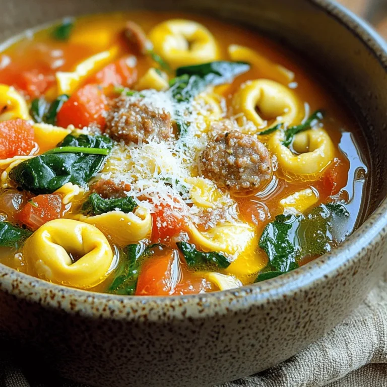 - 1 pound Italian sausage (mild or spicy) - 1 medium onion, chopped - 3 garlic cloves, minced - 6 cups chicken or vegetable broth - 2 medium carrots, sliced - 2 stalks celery, chopped - 1 can (14.5 oz) diced tomatoes, with juice - 1 teaspoon dried oregano - 1 teaspoon dried basil - 1/2 teaspoon red pepper flakes (optional) - 1 package (9 oz) refrigerated cheese tortellini - 2 cups baby spinach or kale, chopped - Salt and pepper to taste - 2 tablespoons olive oil - Fresh grated Parmesan cheese (for serving) Each ingredient plays a key part in this soup. - Italian sausage gives the soup its rich flavor. You can choose mild or spicy based on your taste. - Onion and garlic add depth and aroma. They form the base of the soup. - Broth is the heart of the soup. It brings everything together and adds moisture. - Carrots and celery provide sweetness and crunch. They add texture and balance the flavors. - Diced tomatoes give a burst of acidity and brightness. They enhance the overall taste. - Herbs like oregano and basil bring freshness. They add a classic Italian flair to the soup. - Tortellini makes the dish hearty. It absorbs the flavors from the broth. - Spinach or kale adds color and nutrients. They make the soup feel lighter and healthier. - Parmesan cheese on top adds creaminess. It enhances the flavor when served hot. You can swap some ingredients based on your needs: - Sausage: Use ground turkey or chicken for a lighter option. - Broth: Vegetable broth works well for a vegetarian version. - Tortellini: Gluten-free tortellini is great for a gluten-free option. - Spinach/Kale: Swiss chard or arugula can replace spinach or kale. - Tomatoes: Fresh tomatoes can work instead of canned if you prefer. With these options, you can make this soup fit your tastes and needs. Enjoy making your Italian Sausage Tortellini Soup! Start by gathering all your ingredients. Chop the onion, slice the carrots, and chop the celery. Mince the garlic. Crumble the Italian sausage from its casing. Measure out the broth and tomato. This prep makes cooking smooth and easy. 1. Heat the olive oil in a large pot over medium heat. 2. Add the chopped onion and sauté for 3-4 minutes, until soft. 3. Stir in the minced garlic and cook for 1 minute. 4. Add the crumbled sausage to the pot. Cook for 5-7 minutes, until browned. 5. Stir in the sliced carrots and chopped celery. Cook for an additional 3 minutes. 6. Pour in the broth and diced tomatoes. Bring to a simmer. 7. Season with oregano, basil, red pepper flakes, salt, and pepper. Simmer for 10 minutes. 8. Add the cheese tortellini and cook according to package instructions. About 3-5 minutes until they float. 9. Stir in the spinach or kale. Cook for 2 more minutes until wilted. 10. Taste the soup and adjust the seasoning if needed. Serve hot, topped with grated Parmesan cheese. Prep time takes about 15 minutes. Cooking time is around 20 minutes. The total time is 35 minutes. Make sure to keep an eye on the tortellini to avoid overcooking. Enjoy your delicious soup warm and fresh! When making Italian sausage tortellini soup, avoid overcooking the tortellini. Cook them just until they float. This keeps them soft and chewy. Another mistake is not seasoning enough. Taste the soup as you go. Adjust with salt and pepper. Don’t skip the garlic; it adds a great flavor base. To boost flavor, sauté the onion and garlic in olive oil until they are golden. This adds depth. You can also use homemade broth for rich taste. Adding fresh herbs at the end, like basil or parsley, brightens the soup. For a kick, toss in a bit more red pepper flakes. You can make this soup a day ahead. Let it cool and store in the fridge. The flavors deepen overnight. When reheating, do it slowly on the stove. If it thickens too much, add a splash of broth. Avoid microwaving, as it can change the texture of the tortellini. {{image_2}} You can make this soup vegetarian or vegan easily. To start, swap the Italian sausage for plant-based sausage or mushrooms. Both add great flavor. Use vegetable broth instead of chicken broth for the base. For a creamy touch, try adding coconut milk or cashew cream. You can also add extra veggies like zucchini or bell peppers for more texture. This way, you still enjoy a hearty soup without meat. If you need a gluten-free option, choose gluten-free tortellini. Many brands offer tasty alternatives made from rice or chickpeas. Always check the labels to be sure. You can also make your own tortellini with gluten-free flour. Just like the regular version, this soup will still be comforting and filling without gluten. This soup varies by region in Italy. In some areas, people add beans like cannellini for extra protein and fiber. Others might toss in different greens, like escarole or Swiss chard, for a unique flavor. In northern Italy, you might find a creamier version with a splash of cream or milk. Each twist gives the soup a new character, so feel free to explore! After enjoying your soup, let it cool. Pour the leftover soup into airtight containers. Make sure to leave some space at the top. This space helps the soup expand when frozen. You can store it in the fridge for up to three days. If you want to keep it longer, freezing is a great option. To freeze the soup, use freezer-safe containers or bags. Label them with the date. The soup can last up to three months in the freezer. When ready to eat, thaw it overnight in the fridge. You can also use the microwave for quick thawing. Once thawed, reheat on the stove over low heat. Stir often until it is hot throughout. When stored properly in the fridge, the soup is safe to eat for three days. If frozen, it is best to eat it within three months for the best taste. After this time, the flavor may fade. Always check for any off smells or changes in color before eating. If anything seems off, it’s best to throw it away. Yes, you can use frozen tortellini. It works just as well. Just add it when you simmer the soup. Frozen tortellini usually takes a bit longer to cook. Check the package for the time. They will float when they are done. You can add cooked chicken, white beans, or even chickpeas. These ingredients mix well with the flavors. If you want more meat, try adding diced ham or cooked bacon. Each option adds tasty protein and makes the soup heartier. To thicken the soup, you can add some cornstarch mixed with water. About one tablespoon of cornstarch works well. Stir it in while the soup simmers. Another option is to let the soup cook longer to reduce the broth. You can also mash some of the beans or veggies to create a thicker texture. This blog post covered the key ingredients for making a great soup. I explained each ingredient's role and offered useful substitutions. The step-by-step guide made cooking easy, while tips helped avoid common mistakes. I shared ways to enhance flavor and options for different diets. Lastly, I covered how to store leftovers and answered frequently asked questions. With these tips and tricks, you can cook a delicious and satisfying soup every time. Enjoy your next bowl!