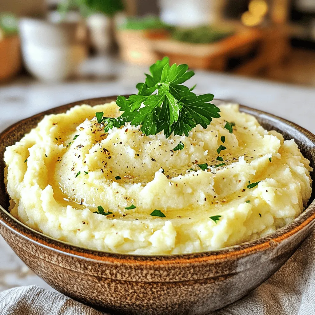 To make Garlic Parmesan Mashed Cauliflower, you will need one large head of cauliflower. Cut it into florets for even cooking. You will also need four cloves of garlic, minced. Garlic adds a strong flavor that pairs well with cauliflower. For creaminess, use ¼ cup of softened cream cheese. This helps create a rich texture. You will also need ½ cup of grated Parmesan cheese. The cheese gives a nice salty taste. Lastly, ¼ cup of unsalted butter adds richness to the dish. Seasoning is key. You will need ½ teaspoon of salt, ¼ teaspoon of black pepper, and ¼ teaspoon of garlic powder. These enhance the flavors of the dish. For garnish, chop two tablespoons of fresh parsley. This adds color and freshness to your creamy delight. Start by boiling a large pot of salted water. It should bubble nicely. Cut the large head of cauliflower into small florets. This helps them cook evenly. Add the florets and minced garlic to the boiling water. Cook for about 10 to 12 minutes. You want the cauliflower to be tender. You can check this by piercing a piece with a fork. Once tender, drain the cauliflower and garlic. Make sure to remove as much water as you can. This helps keep your dish creamy. In a large bowl or a food processor, combine the drained cauliflower and garlic. Add the softened cream cheese, grated Parmesan cheese, and unsalted butter. Use a potato masher or the food processor to mash and blend. Keep mashing until the mixture is smooth and creamy. The goal is a delightful texture that feels rich in your mouth. It should look inviting and fluffy. Now it’s time to add flavor. Season the mixture with salt, black pepper, and garlic powder. Stir well to mix all the flavors. Taste the mash and adjust the seasoning if you need to. Transfer the creamy cauliflower to a serving bowl. For a nice touch, garnish with chopped fresh parsley on top. This adds color and freshness to your dish. Enjoy this creamy delight! To get a smooth and creamy texture, start by draining the cauliflower well. If you leave too much water, it becomes runny. After boiling, use a potato masher or a food processor. Both work great, but the food processor gives a silkier result. Be sure to blend until there are no lumps. Adding cream cheese and butter helps create the creaminess you want. You can spice things up with different flavors. Try adding roasted garlic for a deeper taste. For heat, mix in some red pepper flakes. You can also switch up the cheese. Cheddar or Gouda can give it a new twist. Fresh herbs like thyme or chives add a nice touch. Don’t be afraid to experiment! This dish pairs well with many meals. Serve it as a side for chicken or steak. It also works great with fish. For a fun twist, use it as a filling in a wrap or a topping for baked potatoes. Don’t forget to garnish with fresh parsley. It adds color and a pop of flavor! {{image_2}} To make this dish vegan, swap the dairy ingredients. Use plant-based cream cheese instead of regular cream cheese. For the butter, try vegan butter or coconut oil. Nutritional yeast can add a cheesy flavor too. This way, you can enjoy creamy mashed cauliflower without animal products. You can change the taste easily. Adding roasted garlic gives a sweet, rich flavor. A dash of lemon juice adds brightness. For heat, try red pepper flakes or a bit of cayenne. Fresh herbs like chives or thyme can also enhance the taste. Experiment with spices to find your favorite mix! If you want to switch cheeses, several options work well. Try feta for a tangy twist or cheddar for a sharp taste. Goat cheese can add creaminess with a unique flavor. Just be careful with the salt, as some cheeses are saltier than others. Adjust the seasonings to get the perfect balance! After you make Garlic Parmesan Mashed Cauliflower, cool it down first. Place it in an airtight container. It will stay fresh in the fridge for up to three days. Make sure to cover it well to avoid any odors or drying out. You can freeze this dish for later. Use a freezer-safe container or a heavy-duty freezer bag. Press out as much air as you can before sealing it. Garlic Parmesan Mashed Cauliflower will last in the freezer for up to two months. When you're ready to eat, just thaw it in the fridge overnight. To reheat, you have a few options. You can use the microwave or the stovetop. For the microwave, heat it in short bursts, stirring often. For the stovetop, add a splash of cream or milk. This helps to keep it creamy. Heat it on low until warm, stirring frequently. Enjoy your delicious dish again! You can boost the flavor in many ways. First, add more garlic. Roasting the garlic before mashing gives a sweeter taste. You can also mix in some herbs like thyme or rosemary. A splash of lemon juice brightens the dish. Try adding a bit of smoked paprika for a warm kick. Yes, you can prepare Garlic Parmesan Mashed Cauliflower ahead of time. Make it the day before and store it in the fridge. Just cover it tightly to keep it fresh. When you are ready to serve, reheat it on the stove or in the microwave. You may need to add a little cream to keep it creamy. Serve Garlic Parmesan Mashed Cauliflower as a side dish. It pairs well with meats like chicken or steak. You can also use it as a base for dishes like meatballs. For a fun twist, top it with crispy bacon or sautéed mushrooms. The options are endless! Garlic Parmesan mashed cauliflower is easy to make and tasty. We covered key ingredients like cauliflower, garlic, and dairy, along with tips for texture and flavor. I shared how to prepare, mash, and serve this dish. You can even find fun variations and storage tips. You can make this dish vegan or add your favorite flavors. With all these ideas, you’ll impress at your next meal. Cooking is fun, and I hope you enjoy trying this recipe. Happy cooking!