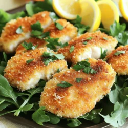 To make crispy Parmesan crusted chicken cutlets, you need: - 4 boneless, skinless chicken breasts - 1 cup grated Parmesan cheese - 1 cup breadcrumbs (preferably panko for extra crunch) - 1 teaspoon garlic powder - 1 teaspoon Italian seasoning - 1/2 teaspoon salt - 1/2 teaspoon black pepper - 2 large eggs - 1/4 cup all-purpose flour - Olive oil or cooking spray (for frying) You can add more fun to your cutlets with these extras: - 1/4 cup fresh parsley, chopped (for garnish) - Lemon wedges (for serving) - Balsamic vinegar (for drizzling) These ingredients enhance taste and look. The parsley adds color and freshness, while lemon gives a zesty kick. To cook these delicious cutlets, gather these tools: - Meat mallet or rolling pin - Three shallow dishes (for breading) - Large skillet - Tongs (for flipping chicken) - Paper towels (for draining) Having the right tools makes the process smooth. You will enjoy cooking and serving this dish more when you are prepared! Start by prepping the chicken. Place the chicken breasts between two pieces of plastic wrap. You can also use a large zip-top bag. Next, grab a meat mallet or a rolling pin. Pound the chicken to an even thickness of about 1/2 inch. This helps the chicken cook evenly. Now, let’s set up the breading station. You will need three shallow dishes. In the first dish, add 1/4 cup of all-purpose flour. In the second dish, whisk together two large eggs. In the third dish, mix 1 cup of grated Parmesan, 1 cup of breadcrumbs, 1 teaspoon of garlic powder, 1 teaspoon of Italian seasoning, 1/2 teaspoon of salt, and 1/2 teaspoon of black pepper. This mix will give the chicken a tasty crust. It’s time to cook the chicken. Heat about 1/4 inch of olive oil in a large skillet over medium heat. Wait until the oil shimmers. This means it’s hot enough. Carefully add the breaded chicken cutlets in batches. Don’t overcrowd the pan. Fry each cutlet for about 4-5 minutes on each side. You want them golden brown and cooked through. The internal temperature should reach 165°F. Once cooked, transfer the cutlets to a plate lined with paper towels. This helps drain any excess oil. Enjoy your crispy chicken cutlets! To get that perfect crunch, use panko breadcrumbs. They add extra texture that regular breadcrumbs lack. Make sure to press the breading firmly onto the chicken. This helps it stick better when frying. Fry in hot oil; it should shimmer. Do not overcrowd the pan. This keeps the oil hot and gives a nice golden color. Feel free to tweak the seasoning mix. If you love garlic, add more garlic powder. You can also try adding a pinch of cayenne for heat. Fresh herbs like thyme or oregano can add more flavor. Adjust salt and pepper based on your taste. Taste your egg mixture for a hint of seasoning before breading. One mistake is not pounding the chicken evenly. This will lead to uneven cooking. Another common error is skipping the chilling step after breading. Chill the cutlets for about 10 minutes. This helps the breading set. Lastly, don’t rush the frying. Cook each side until golden brown. Rushing can lead to soggy cutlets. {{image_2}} You can change the cheese to fit your taste. Try using mozzarella for a melty bite. It adds a nice stretch and flavor. Cheddar also works well, giving a sharp taste. You can even mix cheeses for a unique flavor. Just remember to keep the same amount of cheese. Want some heat? Add red pepper flakes to the breadcrumb mix. Start with half a teaspoon and taste. You can always add more! Another option is to use pepper jack cheese. This gives a creamy texture with a spicy kick. You can also try hot sauce in the egg wash for extra flavor. To make these cutlets gluten-free, swap the breadcrumbs. Use gluten-free breadcrumbs or crushed rice cereal. You can also use ground almonds for a nutty flavor. Just ensure the flour is gluten-free too. The cooking method stays the same, so you still get that crunch! After cooking your crispy Parmesan crusted chicken cutlets, let them cool down. Place them on a wire rack. This keeps air circulating and helps prevent sogginess. If you stack them, they may steam and lose their crunch. Store any leftovers in an airtight container. Make sure they cool completely before sealing. You can keep them in the fridge for up to three days. For longer storage, freeze them in a freezer-safe bag. They can last up to three months in the freezer. To reheat, use an oven for the best crunch. Preheat the oven to 375°F. Place the chicken cutlets on a baking sheet and bake for about 10-15 minutes. If you are short on time, you can use a microwave, but this may make them soft. If you want to use the microwave, heat in short bursts and check often. To check if your chicken is cooked, use a meat thermometer. Insert it into the thickest part of the cutlet. The chicken should reach an internal temperature of 165°F. If you don’t have a thermometer, cut into the chicken. The meat should be white and juices should run clear, not pink. Yes, you can freeze chicken cutlets. Allow them to cool completely after cooking. Place them in a single layer on a baking sheet. Freeze for about 1 hour, then transfer them to a freezer-safe bag. They can last for up to three months in the freezer. When ready to eat, thaw in the fridge overnight and reheat in the oven. Many sides work well with these chicken cutlets. Here are some great options: - Mixed greens salad: A fresh salad adds crunch and color. - Roasted vegetables: Try carrots, broccoli, or zucchini for a tasty side. - Mashed potatoes: Creamy potatoes balance the crunch of the chicken. - Pasta: A light pasta dish with olive oil and garlic complements the meal. - Rice pilaf: Fluffy rice adds a nice texture and flavor contrast. Feel free to mix and match these sides to create your perfect meal! You learned the key steps to make crispy Parmesan chicken cutlets. We covered the essential and optional ingredients, along with the best cooking tools. I shared tips for achieving that perfect crunch and avoiding mistakes. You also discovered tasty variations for different diets. In conclusion, with these instructions and tips, you can easily create a delicious dish. Enjoy experimenting in the kitchen and delight in sharing your tasty meals with others. Happy cooking!