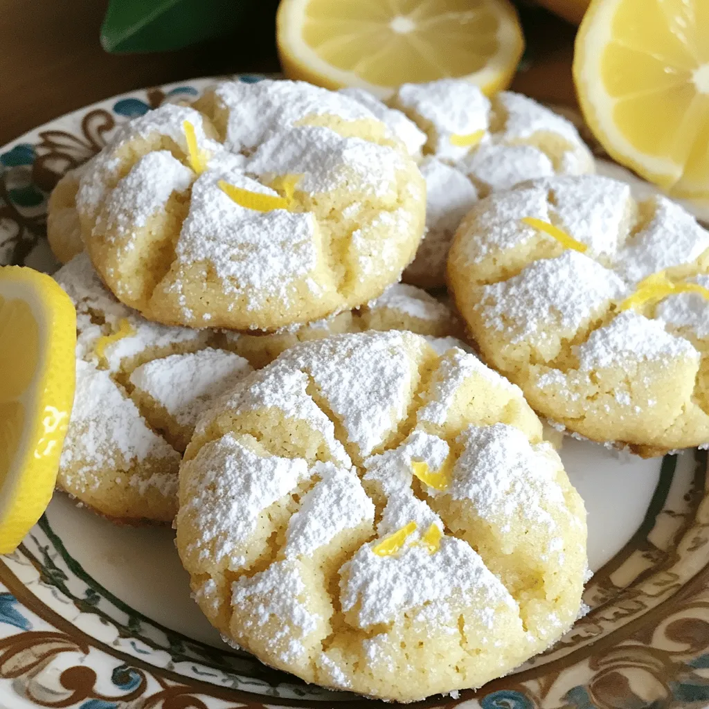- 2 cups all-purpose flour - 1 teaspoon baking powder - ½ teaspoon baking soda - ½ teaspoon salt - ½ cup unsalted butter, softened - 1 cup granulated sugar - 1 large egg - 1 tablespoon lemon zest - 2 tablespoons fresh lemon juice - 1 teaspoon vanilla extract - 1 cup powdered sugar for rolling To make bakery-style lemon crinkle cookies, gather these ingredients. All-purpose flour gives the cookies structure. Baking powder and baking soda help them rise and stay soft. The unsalted butter adds richness and flavor. Granulated sugar sweetens and helps the cookies crinkle. You'll need a large egg for binding. Lemon zest brings out a fresh lemon taste, while lemon juice gives a bright flavor. Finally, vanilla extract enhances the cookie's overall taste. You'll roll the dough in powdered sugar for a sweet finish and that crinkly look. Have fun mixing these ingredients, and get ready for a delightful treat! To start, you need to preheat your oven to 350°F (175°C). While the oven warms up, line two baking sheets with parchment paper. This helps the cookies bake evenly and prevents them from sticking. Next, let’s mix the dry ingredients. In a medium bowl, whisk together 2 cups of all-purpose flour, 1 teaspoon of baking powder, ½ teaspoon of baking soda, and ½ teaspoon of salt. This mix gives the cookies their structure and lift. Set this bowl aside for now. Now, it’s time to cream the butter and sugar. In a large mixing bowl, place ½ cup of softened unsalted butter and 1 cup of granulated sugar. Use an electric mixer to beat them together for about 2-3 minutes. You want this mixture to be light and fluffy. This step is key, as it helps the cookies rise properly. Now we will add the egg and flavorings. Beat in 1 large egg, 1 tablespoon of lemon zest, 2 tablespoons of fresh lemon juice, and 1 teaspoon of vanilla extract. Mix until everything is combined well. The lemon zest and juice give the cookies a lovely citrus flavor. Next, we will incorporate the dry ingredients. Gradually add your dry mix to the wet mixture. Use the mixer on low speed and mix until just combined. Be careful not to over-mix. If you mix too much, the cookies may turn out tough. Chilling the dough is an important step. Place the bowl of dough in the refrigerator for about 30 minutes. This helps the dough firm up and makes it easier to handle. Once the dough is chilled, it’s time to roll the cookies. Scoop about 1 tablespoon of dough and roll it into a ball. Then, roll each ball in 1 cup of powdered sugar until fully coated. This gives the cookies their crinkly look. Now, place the coated dough balls on your prepared baking sheets. Make sure to space them about 2 inches apart. This space allows the cookies to spread while baking. Bake the cookies for 10-12 minutes. You want the edges to be set, while the tops remain soft and crinkly. After baking, let the cookies cool on the sheets for 5 minutes. Then, transfer them to a wire rack to cool completely. Enjoy your delicious lemon crinkle cookies! Chilling the dough is key for great cookies. When you chill, the butter firms up. This helps the cookies hold their shape. I chill the dough for at least 30 minutes. This small step makes a big difference. Mixing the batter is important too. You want to mix just enough to combine. Over-mixing can lead to tough cookies. Stop mixing as soon as you see no dry flour. Your cookies will be soft and chewy if you do this. Plating can make your cookies look fancy. I like to use a decorative plate. It makes even simple cookies shine. For a fun touch, dust some extra powdered sugar on top. This gives a nice bakery-style finish. Adding lemon slices or zest around the cookies adds color. It makes your plate look inviting. You can also place them in a small basket for a homey feel. If your cookies spread too much, don’t worry. One reason could be that the dough was too warm. Next time, chill the dough longer. Also, check your oven temperature. An oven that is too hot can cause spreading. If your cookies turn out dry or crumbly, it may be from too much flour. Make sure to measure carefully. You can also add a touch more butter to the mix. This helps bring moisture back into the cookies. {{image_2}} You can change the flavor of these cookies with fun twists. One great option is adding lavender or poppy seeds. These ingredients give a floral note or a nice crunch. Just mix in one tablespoon of dried lavender or two tablespoons of poppy seeds to the dough. Another option is swapping lime for lemon. Lime gives a sharper taste. Use the same amount of lime zest and juice as you would lemon. This change makes the cookies bright and lively. Mix-ins can take your cookies to the next level. You might try adding white chocolate chips. They add sweetness and creaminess. Just fold in a cup of chips when mixing the dough. Nuts also work well. Chopped walnuts or pecans add a nice crunch. Use about half a cup of your favorite nuts for a tasty twist. If you want these cookies to be gluten-free, it is easy to make changes. Use almond flour or a gluten-free flour blend. Keep the same amount as all-purpose flour. This way, you can enjoy these cookies without worry. To keep your bakery-style lemon crinkle cookies fresh, you need to store them right. First, let the cookies cool completely on a wire rack. This step is key. If you skip it, your cookies may become soggy. Once cool, place them in an airtight container. This helps keep moisture in check. - Use parchment paper between layers of cookies. This prevents sticking. - Store them at room temperature for up to a week. If you want to keep them longer, consider freezing. You can freeze both the dough and baked cookies. This is great for meal prep! To freeze the dough, scoop and roll the balls as usual. Then, place them on a baking sheet and freeze until solid. Once frozen, transfer them to a zip-top bag. Label the bag with the date. For baked cookies, let them cool first. Then, place them in an airtight container or freezer bag. To thaw baked cookies, take them out of the freezer. Leave them at room temperature for about 30 minutes. This way, they stay soft and tasty. Enjoy your cookies anytime! Yes, you can! Other citrus fruits can add their own unique flavors. Try using lime, orange, or even grapefruit juice. Each fruit will change the taste but still keep the cookie fresh and bright. You can use the same amount of zest and juice as in the lemon recipe. Just remember to adjust for sweetness if needed, especially with oranges. To make your cookies crinkly, chilling the dough is key. After mixing, chill it for at least 30 minutes. This helps the cookies hold their shape. When you roll the dough balls in powdered sugar, coat them well. This sugar creates the crinkle effect as they bake. Also, bake them until the tops look crinkly but still soft. Over-baking will make them flat. These cookies can last up to a week when stored properly. Keep them in an airtight container at room temperature. If you want them to stay fresh longer, you can freeze them. Just place them in a freezer-safe bag or container. To eat, let them thaw at room temperature for a few hours. This blog post covered how to make delicious cookies step by step. We shared essential ingredients, like flour and butter, and how to mix them correctly. We also discussed chilling the dough and baking tips that ensure a great texture. You learned about fun variations, storage methods, and how to solve common baking problems. Baking cookies is both an art and a science. With practice, you will create tasty treats everyone loves. So grab those ingredients and get baking! Enjoy your homemade cookies.
