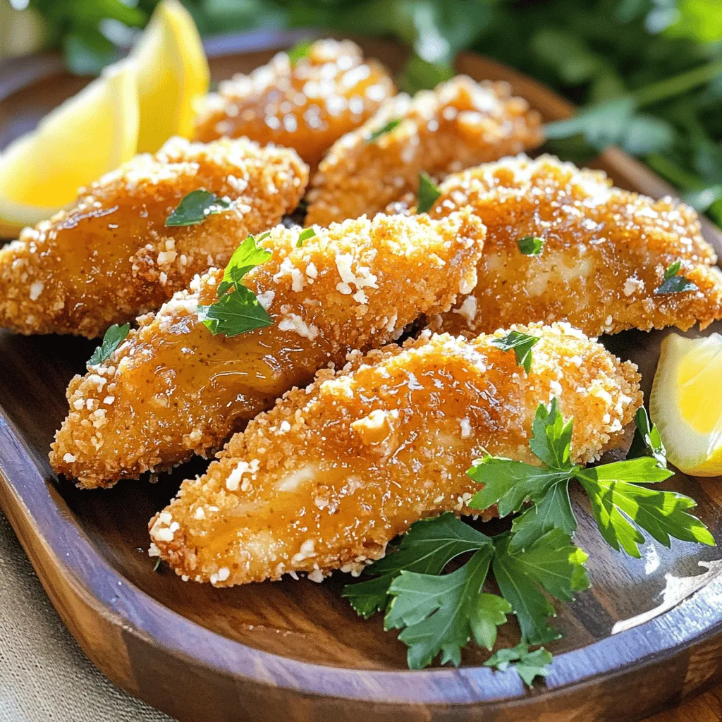 - 1 pound chicken tenders: This is the main ingredient. Choose fresh ones for the best taste. - 1/2 cup Dijon mustard: This adds a tangy flavor to the marinade. - 1/4 cup honey: Honey brings sweetness and balances the mustard's bite. - 1 tablespoon olive oil: This helps the marinade stick and adds richness. - 1 teaspoon garlic powder: This gives a nice savory kick. - 1/2 teaspoon smoked paprika: This adds a hint of smokiness. - Salt and pepper to taste: Use these to season the chicken well. - 1 cup breadcrumbs: Panko breadcrumbs work great for that extra crunch. - 1/4 cup grated Parmesan cheese (optional): This adds a cheesy flavor and a bit more crunch. These ingredients come together to create a delicious dish that everyone will love. You can play with the seasonings to make it your own. Experimenting can lead to fun new flavors! First, grab a mixing bowl. Add 1/2 cup of Dijon mustard and 1/4 cup of honey. This mix gives the chicken a sweet and tangy flavor. Then, pour in 1 tablespoon of olive oil. This helps the marinade stick. Next, add 1 teaspoon of garlic powder and 1/2 teaspoon of smoked paprika. Sprinkle in some salt and pepper to taste. Mix all these ingredients well until smooth. You should have a nice, thick marinade. Now, it's time to coat the chicken. Place 1 pound of chicken tenders into the bowl. Make sure each tender is covered in that tasty marinade. For the best flavor, let them sit. Twenty minutes is good, but two hours in the fridge is even better. Now, let's prepare the coating. In a separate bowl, mix 1 cup of breadcrumbs. If you want some extra flavor, add 1/4 cup of grated Parmesan cheese. This step is optional. It makes the coating even tastier. Take each chicken tender out of the marinade. Let the excess marinade drip off, so it’s not too wet. Then, dip it into the breadcrumb mixture. Press down lightly on the chicken. This helps the breadcrumbs stick well. Once coated, place the chicken tenders on a baking sheet lined with parchment paper. Make sure they are spread out evenly. Now, it’s time to bake. Preheat your oven to 400°F (200°C). This temperature is perfect for crispy chicken. Once the oven is ready, put the baking sheet in. Bake the chicken tenders for 15 to 20 minutes. Look for a golden brown color. The chicken should be cooked through. The internal temperature should reach 165°F (75°C). Once done, take them out and let them cool for a minute. Serve warm, with extra honey mustard sauce on the side for dipping. Enjoy your flavorful finger food! For great flavor, marinate your chicken tenders for at least 20 minutes. You can let them sit in the fridge for up to 2 hours for an even richer taste. If you want to boost the flavor, try adding a splash of lemon juice or a teaspoon of your favorite hot sauce. These extra ingredients give a nice kick to your honey mustard blend. Choosing the right breadcrumbs is key. I recommend using panko breadcrumbs if you want an extra crunch. They create a light, crispy texture that everyone will love. You can cook these tenders in an air fryer for a healthier option, or fry them in a pan if you prefer a more classic method. Both ways will give you that crispy finish. Serve your honey mustard chicken tenders with fun dips! Ranch dressing, BBQ sauce, or extra honey mustard make great options. For sides, consider crispy fries, a fresh salad, or even some roasted vegetables. To make your dish look nice, garnish with fresh parsley and lemon wedges. This adds color and makes it more appealing. {{image_2}} You can switch up the sweetener in this recipe. Instead of honey, try using maple syrup or agave. Both options give a nice sweetness. They also add their own unique flavor. This change is fun and can surprise your taste buds. You might also want to play with spices in the marinade. Instead of garlic powder and smoked paprika, try using Italian herbs or curry powder. A little cumin or chili powder can add a nice kick. Experimenting with spice blends can make your chicken tenders truly special. If you're looking for gluten-free options, you can use gluten-free breadcrumbs. They work just as well and keep the crunch. You can also make your own by crushing gluten-free crackers. This way, you can enjoy the same great taste without the gluten. For those who are vegan, you can swap chicken tenders for plant-based alternatives. Look for brands that offer vegan chicken strips. They often have a similar texture. You can use the same marinade and coating method. This way, everyone can enjoy honey mustard chicken tenders! To store honey mustard chicken tenders in the fridge, first, let them cool completely. Place the tenders in an airtight container. This keeps them fresh for up to three days. If you want to reheat them, preheat your oven to 350°F (175°C). Place the tenders on a baking sheet. Heat for about 10 minutes or until warm. This method helps keep them crispy. To freeze cooked chicken tenders, make sure they are fully cooled. Wrap each tender in plastic wrap. Then put them in a freezer-safe bag or container. This will keep them fresh for up to three months. When you're ready to eat them, take the tenders out and place them in the fridge overnight to thaw. For the best texture, reheat them in the oven at 350°F (175°C) for about 15 minutes. This keeps them crispy and delicious. Honey mustard chicken tenders take about 15 to 20 minutes to cook in the oven. Set your oven to 400°F (200°C). This high heat helps the tenders get crispy and golden. Always check that the internal temperature reaches 165°F (75°C). This ensures they are safe to eat and fully cooked. Yes, you can use frozen chicken tenders. If you start with frozen tenders, add a few extra minutes to the cooking time. Keep an eye on them to make sure they cook all the way through. The internal temperature should still reach 165°F (75°C). You can serve honey mustard chicken tenders with many tasty sides. Here are some ideas: - French fries or sweet potato fries: These are classic and fun. - Coleslaw: This adds a crunchy and tangy touch. - Steamed veggies: Broccoli or green beans work well. - Salad: A fresh salad balances the meal. - Dips: Serve with extra honey mustard or ranch dressing for more flavor. You now know how to make honey mustard chicken tenders. Start with fresh ingredients like chicken, Dijon mustard, and honey. Mix a flavorful marinade and coat the chicken well. Follow our baking tips for the best results. Feel free to explore variations and dietary needs. Remember to store your tenders properly for later. With these simple steps, you can create a tasty dish that everyone will enjoy. Your kitchen is now ready for some fun cooking!