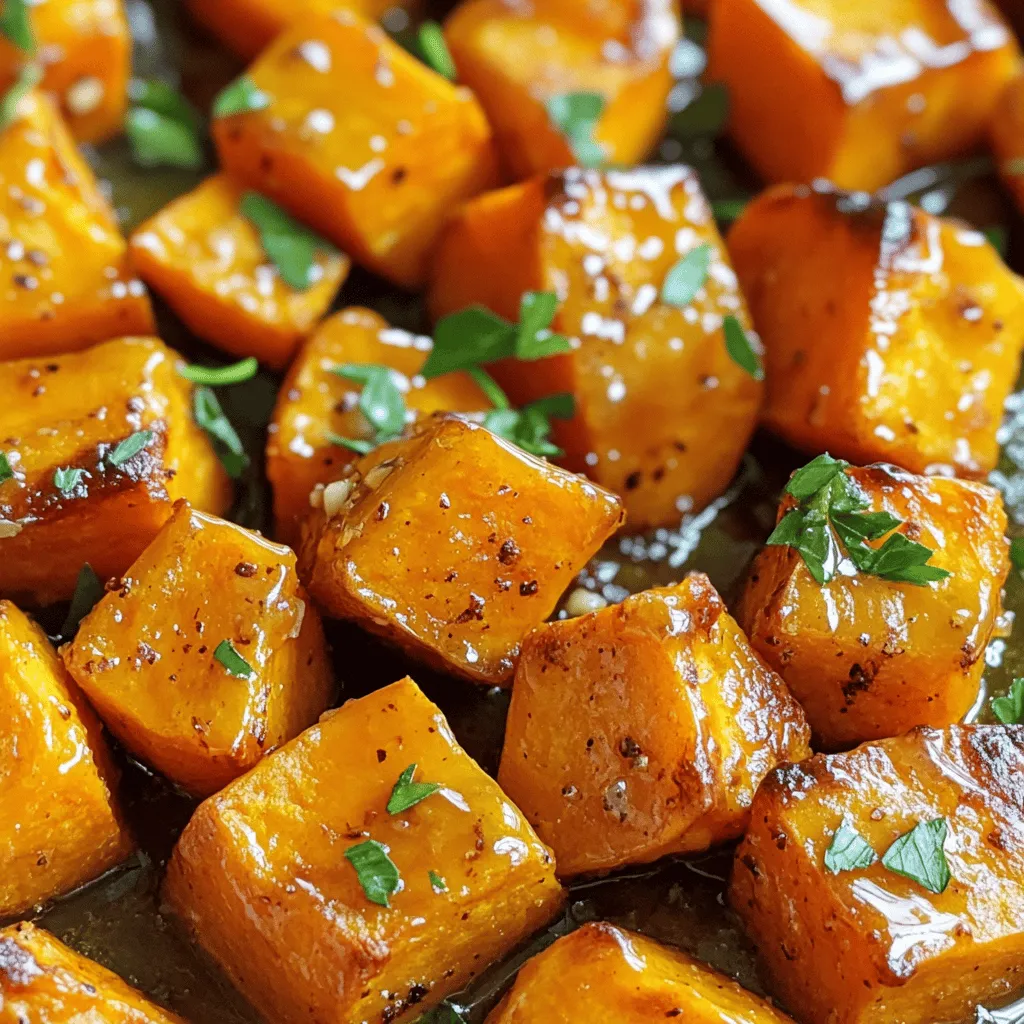 - Sweet Potatoes - Olive Oil - Honey - Garlic Sweet potatoes are the star of this dish. They are sweet, bright, and very healthy. I use four medium-sized sweet potatoes for a perfect balance. Next, I add three tablespoons of olive oil. This adds richness and helps the sweet potatoes roast well. For a sweet and sticky flavor, I use four tablespoons of honey. It mixes so well with the garlic. Speaking of garlic, I chop four cloves into small pieces. This gives the dish that strong, bold taste. - Paprika - Salt and Pepper - Fresh Parsley for Garnish I like to sprinkle in one teaspoon of paprika. It adds a nice color and a hint of spice. Salt and pepper are must-haves for flavor. I always season to taste, so feel free to adjust. Finally, I love to top my dish with fresh parsley. It makes everything look bright and fresh. - Alternative sweeteners - Different oils If you want to swap out honey, you can use maple syrup or agave nectar. Both work well and keep the sweetness. For olive oil, you can use avocado oil or melted coconut oil. Each oil gives a slightly different flavor but works great. By keeping these ingredient options in mind, you can make this dish truly your own. Whether you stick to the recipe or mix things up, the taste will be fantastic. First, peel the sweet potatoes. Use a good peeler for a clean job. Cut them into cubes. Aim for about 1-inch pieces. This helps them cook evenly. Next, prepare your baking sheet. Line it with parchment paper. This keeps the sweet potatoes from sticking. In a large bowl, add the cubed sweet potatoes. Pour in three tablespoons of olive oil. Then, add four tablespoons of honey. Next, include four minced garlic cloves and one teaspoon of paprika. Season with salt and pepper to taste. Now, toss everything together. Make sure every piece is coated well. This step is key for full flavor. Preheat your oven to 425°F (220°C). This high heat makes the sweet potatoes crispy. Spread the sweet potatoes on the prepared baking sheet. Make sure they are in a single layer. Roast them in the oven for 25 to 30 minutes. Stir them halfway through to cook evenly. When done, they should be golden and tender. Let them sit for a few minutes before serving. For the best texture, you want your sweet potatoes to be tender but not mushy. Cut them into even cubes. This helps them cook at the same rate. If they are too small, they may turn soft. If they are too big, they might stay hard. To avoid soggy sweet potatoes, make sure you spread them in a single layer on the baking sheet. Giving them space helps them roast evenly. Stir them halfway through cooking to make sure all sides get crispy. To boost the flavor, consider adding spices like cinnamon or cayenne. They can add warmth or a little heat. You can also try fresh herbs like rosemary or thyme for a fragrant touch. When it comes to garlic, fresh garlic gives a stronger flavor than dried garlic. Fresh garlic will caramelize as it roasts, adding depth to your dish. Dried garlic can still work, but it won’t pack the same punch. Honey garlic roasted sweet potatoes pair well with proteins like chicken, fish, or tofu. The sweetness complements savory flavors. For a complete meal, serve them alongside a protein and a green salad. For plating, arrange the sweet potatoes in a colorful dish. Add a sprinkle of fresh parsley on top. This not only adds a pop of color but also enhances the flavor. A beautiful plate will impress anyone you serve! {{image_2}} You can spice things up in many ways. Adding chili gives your sweet potatoes a nice kick. Just sprinkle some red pepper flakes or use fresh chili. This small change can wake up your taste buds. Want a fresh twist? Try adding citrus! Lemon or lime juice brightens the dish. Just a squeeze before serving can enhance the flavors. It adds a zing that pairs well with the honey. If you want a faster way to cook, try an air fryer. Set the air fryer to 400°F (200°C). Cook the sweet potatoes for about 15-20 minutes. Shake the basket halfway through for even cooking. You'll get crispy edges and a tender inside. Grilling is another fun option. Toss your sweet potatoes in olive oil and seasonings. Place them in a grill basket and cook over medium heat. Turn them often until they are soft and have nice grill marks. This method adds a smoky flavor that's hard to beat. Mixing sweet potatoes with other veggies is a great idea. Carrots, beets, and parsnips roast well alongside sweet potatoes. Cut them into similar sizes for even cooking. This mix creates a colorful and tasty medley. You can also try adding bell peppers or zucchini. Just make sure to adjust your cooking time. Some veggies may cook faster than sweet potatoes. Keeping an eye on them ensures everything is perfectly done. To keep your Honey Garlic Roasted Sweet Potatoes fresh, store them in the fridge. Place them in an airtight container. This helps maintain their flavor and texture. Aim to use them within three to five days for the best taste. When it’s time to enjoy your leftovers, the best way to reheat them is in the oven. Preheat your oven to 350°F (175°C). Spread the sweet potatoes on a baking sheet. Heat for about 10-15 minutes, stirring halfway through. This method helps keep them crispy and delicious. You can also reheat them in a microwave, but this might make them softer. You can freeze your prepared sweet potatoes too. Allow them to cool completely before freezing. Place them in a freezer-safe bag or container. When you're ready to eat, thaw them in the fridge overnight. Reheat in the oven or microwave as mentioned earlier. This keeps them tasty and ready to enjoy! Honey Garlic Roasted Sweet Potatoes last about 3 to 5 days in the fridge. Store them in an airtight container. They will stay fresh longer if you let them cool before sealing. Yes, you can make Honey Garlic Roasted Sweet Potatoes ahead of time. Cook them and let them cool. Then store them in the fridge. When ready to serve, just reheat them in the oven. You can serve Honey Garlic Roasted Sweet Potatoes with many dishes. They go great with grilled chicken, pork chops, or even a big salad. Try pairing them with a simple protein for a full meal. I do not recommend using canned sweet potatoes. Fresh sweet potatoes have the best texture and flavor. Canned sweet potatoes may turn mushy when roasted. Yes, this recipe is vegan-friendly! It uses olive oil, honey, and vegetables. If you want to keep it vegan, you can substitute honey with maple syrup or agave nectar. You learned about the key ingredients for Honey Garlic Roasted Sweet Potatoes. Essential items like sweet potatoes, olive oil, and garlic create a tasty dish. I shared tips on prepping, mixing, and roasting to ensure perfect texture and flavor. You also explored ways to customize this recipe, store leftovers, and serve it well. In final thoughts, these sweet potatoes are easy, tasty, and great for any meal. Try them out, and enjoy the delicious results!