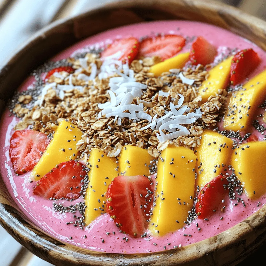 - 1 cup frozen strawberries - 1 cup frozen mango chunks - 1 ripe banana - 1 cup almond milk (or any milk of your choice) In this smoothie bowl, I love using frozen strawberries and mango chunks. They add a sweet, fruity flavor and a vibrant color. The ripe banana makes the blend creamy and smooth. Almond milk adds a light nutty taste, but feel free to use any milk you prefer. - 1 tablespoon honey or maple syrup - 1 tablespoon chia seeds - 1/4 teaspoon vanilla extract If you like a hint of sweetness, try honey or maple syrup. Chia seeds boost nutrition and add texture. A touch of vanilla extract enhances the flavors. These options let you customize your bowl to your liking. - Sliced fresh strawberries - Mango slices - Granola - Shredded coconut - Additional chia seeds Toppings make your smoothie bowl special. Fresh strawberry and mango slices add color and flavor. Granola gives it a nice crunch, while shredded coconut adds a tropical touch. A sprinkle of chia seeds on top boosts nutrition even more. 1. In a blender, combine the frozen strawberries, frozen mango chunks, ripe banana, almond milk, and vanilla extract. This mix is the base of your smoothie bowl. 2. Blend on high until smooth and creamy. You want it to look like thick ice cream. 3. If the smoothie is too thick, add a little more almond milk. Blend again until you reach your desired consistency. 1. Pour the smoothie into a bowl. This is where the fun begins! 2. Use a spoon to create a smooth surface. A flat top makes it easy to add toppings. 1. Arrange sliced fresh strawberries and mango on top. This adds color and flavor. 2. Add granola and shredded coconut for crunch. These toppings give texture and a nice bite. 3. Sprinkle chia seeds for nutrition. They are tiny but pack a big health punch! - Choosing the right ripe banana: Look for bananas that have brown spots. They are sweet and blend well. A ripe banana makes your smoothie creamy and adds natural sweetness. - Adjusting sweetness to taste: If your smoothie is not sweet enough, add honey or maple syrup. Start with a small amount. Blend and taste again until it's just right for you. - Tips for achieving the perfect creamy texture: Use frozen fruits like strawberries and mangoes. They help create a thick, smooth base. If it’s too thick, add more almond milk gradually until you reach your desired consistency. - Substituting frozen fruits: You can swap strawberries and mangoes for other frozen fruits like blueberries or peaches. Each fruit adds a unique flavor to your bowl. - Alternative milk options: If you don’t have almond milk, try coconut, oat, or soy milk. Each type will change the flavor and texture slightly. - Adjusting toppings based on dietary preferences: Use granola, nuts, or seeds for crunch. You can also add fresh fruits or yogurt based on what you enjoy or need. {{image_2}} You can make your smoothie bowl even better by adding seasonal fruits. In summer, try adding peaches or blueberries. In fall, use apples or pears. These fruits add flavor and nutrition. You can also mix different berries. Try strawberries with raspberries or blackberries. This mix gives your bowl a fun look and a burst of flavor. To make your smoothie bowl vegan, use plant-based milk. Almond milk works well, but you can try oat or coconut milk too. For gluten-free options, check your toppings. Many are naturally gluten-free, like fruits and nuts. If you want more protein, add Greek yogurt or protein powder. This makes your bowl a great post-workout meal. It helps your muscles recover and keeps you full longer. Get creative with your smoothie bowl by adding nut butters. A spoonful of almond or peanut butter adds creaminess and flavor. You can also sprinkle seeds, like pumpkin or sunflower seeds, for extra crunch. For a twist, try herbs like mint or basil. These add a fresh taste that surprises your palate. Just chop a little and mix it in. Enjoy your delicious creations! If you have extra smoothie left, store it in the fridge. Use an airtight container to keep it fresh. It will stay good for up to 24 hours. If you plan to eat it later, keep the toppings separate. This way, they stay fresh and crunchy. You can freeze leftover smoothie bowls for later. Pour the smoothie into a freezer-safe container. Leave some space at the top because it will expand when frozen. To enjoy it later, take it out and let it thaw in the fridge overnight. You can also use the microwave for a quick defrost. Just heat it in short bursts, stirring in between. You can use leftover fruits in other recipes. Sliced strawberries and mango work well in salads or yogurt. Use extra banana in pancakes or oatmeal. You can even blend it into a smoothie for a quick snack. Get creative with your ingredients! Yes, you can use fresh fruits. Fresh strawberries and mangoes add bright flavors. However, frozen fruits give a thicker texture. They also chill the smoothie bowl without ice. If you choose fresh, add ice cubes to cool it down. To make your smoothie bowl thicker, use less liquid. Start with half a cup of almond milk. Blend the fruits and banana first. If it is too thick, add milk slowly. You can also add more banana or chia seeds for extra thickness. You can use any milk you like. Dairy milk works well. Oat milk, coconut milk, or soy milk are great non-dairy options too. Each type will change the flavor a bit, so choose what you enjoy. In this article, we explored how to make a delicious strawberry mango smoothie bowl. We covered the key ingredients, preparation steps, and tasty toppings. You learned about customization and variations, as well as storage tips. My final thought is this: you can easily make this bowl your own. Try different fruits and toppings to find your favorite mix. Enjoy your smoothie bowl!