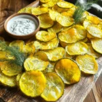 To make tasty Air Fryer Crispy Dill Pickle Chips, gather these main ingredients: - 1 jar of dill pickles, sliced into thin chips - 1 cup all-purpose flour - 2 large eggs, beaten - 1 cup breadcrumbs (preferably panko for extra crunch) - 1 tablespoon garlic powder - 1 tablespoon onion powder - 1 teaspoon smoked paprika - Salt and pepper to taste These ingredients work together to give you a crunchy and flavorful snack. You can boost the flavor of your pickle chips with a few optional ingredients: - 1 teaspoon cayenne pepper for heat - Fresh herbs like dill or parsley for extra freshness - Parmesan cheese mixed into the breadcrumbs for a cheesy kick These additions can make your chips even more delightful and unique. Using cooking spray is key for crispiness. It helps the coating brown evenly and keeps the chips from sticking. Lightly spray the air fryer basket before you add the pickle chips. This small step ensures they come out perfectly crispy and golden, ready for dipping. Now that you have all your ingredients, let's get cooking! Start by draining the sliced dill pickles from the jar. This step is key. If you skip it, your chips may turn soggy. After draining, grab some paper towels. Pat each pickle slice dry. This will help them get nice and crispy in the air fryer. Now, let’s set up your breading station. You will need three bowls. In the first bowl, add 1 cup of all-purpose flour. In the second bowl, beat 2 large eggs. In the third bowl, mix 1 cup of breadcrumbs, 1 tablespoon of garlic powder, 1 tablespoon of onion powder, 1 teaspoon of smoked paprika, and a pinch of salt and pepper. This mixture will pack your chips with flavor. Take a pickle chip and dredge it in the flour. Make sure to coat it well. Shake off any extra flour. Next, dip the floured chip into the beaten eggs. Let the excess egg drip off. Finally, place the chip in the breadcrumb mixture. Press gently so the crumbs stick well. Repeat this for all the pickle chips. Preheat your air fryer to 375°F (190°C) for about 5 minutes. While it heats up, spray the air fryer basket lightly with cooking spray. Arrange the breaded pickle chips in a single layer. Make sure to leave space between them for even cooking. You may need to cook in batches. Cook the chips for 10-12 minutes. Flip them halfway through. They should turn golden brown and crispy. Once done, take them out and let them cool a bit before serving. To get your pickle chips super crispy, start with dry pickles. After slicing, drain them well. Pat them with paper towels to remove moisture. This step is key for crunch. Use panko breadcrumbs; they add extra texture. Ensure even coating when breading. Press down gently on the breadcrumbs to stick well. Finally, don’t overcrowd the air fryer. Cook in batches if needed. One common mistake is skipping the drying step. If pickles are wet, they won’t crisp up. Another mistake is not preheating the air fryer. Preheating helps cook the chips evenly. Also, avoid using too much oil. Just a light spray is enough. Lastly, don’t forget to flip the chips halfway through cooking for even browning. Your pickle chips are done when they turn golden brown. The air fryer will give them a nice crunch. Check them at the 10-minute mark. If they look crisp, they are ready. If not, give them another minute or two. Let them cool slightly before serving. This helps them firm up even more. {{image_2}} For a kick, add some heat to your pickle chips. Start by mixing 1 teaspoon of cayenne pepper or chili powder with your breadcrumb mixture. This will give your chips a nice spicy crunch. Adjust the spice level to your taste. You can even add a dash of hot sauce to the beaten eggs for extra flavor. If you love cheese, try adding it! Mix ½ cup of grated Parmesan cheese into your breadcrumb mix. This will give your chips a savory cheesy flavor. You can also sprinkle some shredded cheddar cheese on top after cooking for an extra cheesy touch. The cheese will melt slightly and add a delightful richness. Want a healthier option? Use whole wheat flour instead of all-purpose flour. You can also swap regular breadcrumbs for crushed whole grain cereal or almond flour. These alternatives can still give you a nice crunch while cutting down on carbs. Plus, they add unique flavors that enhance the pickles! To store leftover pickle chips, let them cool down first. Place them in an airtight container. This helps keep them fresh. You can store them in the fridge for up to three days. Make sure to separate layers with paper towels to absorb moisture. This avoids sogginess. When reheating your pickle chips, use the air fryer for best results. Set it to 350°F (175°C). Heat them for about 5 minutes. This helps them regain their crunch. Avoid using the microwave, as it can make them soft. If you don't have an air fryer, try a regular oven. Bake them at 375°F (190°C) for 10 minutes. You can freeze your pickle chips for longer storage. First, let them cool completely. Then, place them in a single layer on a baking sheet. Freeze until solid. Once frozen, transfer them to a freezer bag. This way, you can enjoy them for up to three months. When ready to eat, just reheat them as mentioned above. To make gluten-free Air Fryer Crispy Dill Pickle Chips, swap the all-purpose flour with gluten-free flour. You can find many brands that work well for breading. Also, choose gluten-free breadcrumbs, which are widely available. By making these simple swaps, you can still enjoy crispy pickles without gluten. Yes, you can substitute some ingredients in this recipe. For the flour, use almond or coconut flour for a different taste. If you want a vegan option, use flax eggs instead of real eggs. You can also try different spices. For example, add cayenne for heat or Italian herbs for a twist. Just keep in mind that these changes may alter the flavor and texture. Crispy dill pickle chips pair well with many dips. Ranch dressing is a classic choice, as its creaminess complements the crunch. Spicy mayonnaise adds a kick if you like heat. You can also serve them with honey mustard for a sweet touch. Experiment with your favorite sauces to find what you enjoy best! You learned how to make tasty Air Fryer Crispy Dill Pickle Chips. We covered the main and optional ingredients, and cooking spray's role. I shared step-by-step instructions, tips for crispiness, and common mistakes. You also discovered fun variations and storage methods. Now, go ahead and fry up some crispy delights! Enjoy your snack and impress your friends. Grab your air fryer and get cooking!