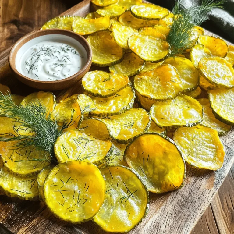 To make tasty Air Fryer Crispy Dill Pickle Chips, gather these main ingredients: - 1 jar of dill pickles, sliced into thin chips - 1 cup all-purpose flour - 2 large eggs, beaten - 1 cup breadcrumbs (preferably panko for extra crunch) - 1 tablespoon garlic powder - 1 tablespoon onion powder - 1 teaspoon smoked paprika - Salt and pepper to taste These ingredients work together to give you a crunchy and flavorful snack. You can boost the flavor of your pickle chips with a few optional ingredients: - 1 teaspoon cayenne pepper for heat - Fresh herbs like dill or parsley for extra freshness - Parmesan cheese mixed into the breadcrumbs for a cheesy kick These additions can make your chips even more delightful and unique. Using cooking spray is key for crispiness. It helps the coating brown evenly and keeps the chips from sticking. Lightly spray the air fryer basket before you add the pickle chips. This small step ensures they come out perfectly crispy and golden, ready for dipping. Now that you have all your ingredients, let's get cooking! Start by draining the sliced dill pickles from the jar. This step is key. If you skip it, your chips may turn soggy. After draining, grab some paper towels. Pat each pickle slice dry. This will help them get nice and crispy in the air fryer. Now, let’s set up your breading station. You will need three bowls. In the first bowl, add 1 cup of all-purpose flour. In the second bowl, beat 2 large eggs. In the third bowl, mix 1 cup of breadcrumbs, 1 tablespoon of garlic powder, 1 tablespoon of onion powder, 1 teaspoon of smoked paprika, and a pinch of salt and pepper. This mixture will pack your chips with flavor. Take a pickle chip and dredge it in the flour. Make sure to coat it well. Shake off any extra flour. Next, dip the floured chip into the beaten eggs. Let the excess egg drip off. Finally, place the chip in the breadcrumb mixture. Press gently so the crumbs stick well. Repeat this for all the pickle chips. Preheat your air fryer to 375°F (190°C) for about 5 minutes. While it heats up, spray the air fryer basket lightly with cooking spray. Arrange the breaded pickle chips in a single layer. Make sure to leave space between them for even cooking. You may need to cook in batches. Cook the chips for 10-12 minutes. Flip them halfway through. They should turn golden brown and crispy. Once done, take them out and let them cool a bit before serving. To get your pickle chips super crispy, start with dry pickles. After slicing, drain them well. Pat them with paper towels to remove moisture. This step is key for crunch. Use panko breadcrumbs; they add extra texture. Ensure even coating when breading. Press down gently on the breadcrumbs to stick well. Finally, don’t overcrowd the air fryer. Cook in batches if needed. One common mistake is skipping the drying step. If pickles are wet, they won’t crisp up. Another mistake is not preheating the air fryer. Preheating helps cook the chips evenly. Also, avoid using too much oil. Just a light spray is enough. Lastly, don’t forget to flip the chips halfway through cooking for even browning. Your pickle chips are done when they turn golden brown. The air fryer will give them a nice crunch. Check them at the 10-minute mark. If they look crisp, they are ready. If not, give them another minute or two. Let them cool slightly before serving. This helps them firm up even more. {{image_2}} For a kick, add some heat to your pickle chips. Start by mixing 1 teaspoon of cayenne pepper or chili powder with your breadcrumb mixture. This will give your chips a nice spicy crunch. Adjust the spice level to your taste. You can even add a dash of hot sauce to the beaten eggs for extra flavor. If you love cheese, try adding it! Mix ½ cup of grated Parmesan cheese into your breadcrumb mix. This will give your chips a savory cheesy flavor. You can also sprinkle some shredded cheddar cheese on top after cooking for an extra cheesy touch. The cheese will melt slightly and add a delightful richness. Want a healthier option? Use whole wheat flour instead of all-purpose flour. You can also swap regular breadcrumbs for crushed whole grain cereal or almond flour. These alternatives can still give you a nice crunch while cutting down on carbs. Plus, they add unique flavors that enhance the pickles! To store leftover pickle chips, let them cool down first. Place them in an airtight container. This helps keep them fresh. You can store them in the fridge for up to three days. Make sure to separate layers with paper towels to absorb moisture. This avoids sogginess. When reheating your pickle chips, use the air fryer for best results. Set it to 350°F (175°C). Heat them for about 5 minutes. This helps them regain their crunch. Avoid using the microwave, as it can make them soft. If you don't have an air fryer, try a regular oven. Bake them at 375°F (190°C) for 10 minutes. You can freeze your pickle chips for longer storage. First, let them cool completely. Then, place them in a single layer on a baking sheet. Freeze until solid. Once frozen, transfer them to a freezer bag. This way, you can enjoy them for up to three months. When ready to eat, just reheat them as mentioned above. To make gluten-free Air Fryer Crispy Dill Pickle Chips, swap the all-purpose flour with gluten-free flour. You can find many brands that work well for breading. Also, choose gluten-free breadcrumbs, which are widely available. By making these simple swaps, you can still enjoy crispy pickles without gluten. Yes, you can substitute some ingredients in this recipe. For the flour, use almond or coconut flour for a different taste. If you want a vegan option, use flax eggs instead of real eggs. You can also try different spices. For example, add cayenne for heat or Italian herbs for a twist. Just keep in mind that these changes may alter the flavor and texture. Crispy dill pickle chips pair well with many dips. Ranch dressing is a classic choice, as its creaminess complements the crunch. Spicy mayonnaise adds a kick if you like heat. You can also serve them with honey mustard for a sweet touch. Experiment with your favorite sauces to find what you enjoy best! You learned how to make tasty Air Fryer Crispy Dill Pickle Chips. We covered the main and optional ingredients, and cooking spray's role. I shared step-by-step instructions, tips for crispiness, and common mistakes. You also discovered fun variations and storage methods. Now, go ahead and fry up some crispy delights! Enjoy your snack and impress your friends. Grab your air fryer and get cooking!