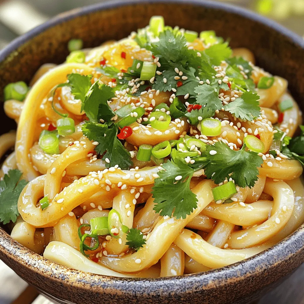 To make Minute Sesame Garlic Udon Noodles, gather these main ingredients: - 300g fresh udon noodles - 3 tablespoons sesame oil - 4 cloves garlic, minced - 2 tablespoons soy sauce - 1 tablespoon rice vinegar - 1 tablespoon honey These ingredients create a rich, savory base. The udon noodles give the dish a hearty texture. The sesame oil adds a nutty flavor, while garlic boosts the aroma and taste. You can add these optional ingredients to elevate your dish: - 1 teaspoon chili flakes (optional) - 2 spring onions, finely chopped Chili flakes give a nice kick if you like spice. Spring onions bring a fresh, crisp taste that complements the noodles. Finish your dish with these garnishing elements: - 2 tablespoons sesame seeds (toasted) - Fresh cilantro leaves for garnish Toasted sesame seeds add crunch and depth. Fresh cilantro adds a burst of color and flavor, making your dish look and taste amazing. Start by boiling water in a large pot. Add salt to the water for flavor. Once the water boils, add 300g of fresh udon noodles. Cook them for 2-3 minutes until they are tender. Drain the noodles and rinse them under cold water. This stops the cooking process and keeps them from becoming mushy. In a large skillet or wok, heat 3 tablespoons of sesame oil over medium heat. Add 4 minced garlic cloves to the skillet. Sauté them for about 30 seconds until they smell great. Be careful not to burn the garlic. Next, stir in 2 tablespoons of soy sauce, 1 tablespoon of rice vinegar, and 1 tablespoon of honey. If you like spice, add 1 teaspoon of chili flakes. Cook the sauce for another minute. It should bubble and thicken slightly. Add the drained udon noodles to the skillet with the sauce. Toss the noodles well so they are fully coated. Heat everything together for about 2 minutes. Remove the skillet from heat. Stir in 2 chopped spring onions and 2 tablespoons of toasted sesame seeds. Plate the noodles in bowls. Finally, garnish with fresh cilantro leaves. This adds a burst of flavor and color to your dish. Enjoy your meal! To get the best taste from your Minute Sesame Garlic Udon Noodles, focus on the sauce. The mix of soy sauce, rice vinegar, and honey gives a great balance of salty and sweet. Use fresh garlic for a stronger aroma. If you like heat, add chili flakes to the sauce. Taste as you go, and adjust the honey or soy sauce to suit your palate. Cook the udon noodles just until tender. This usually takes 2-3 minutes. Drain and rinse them under cold water. Rinsing stops cooking and keeps the noodles firm. If the noodles are too soft, they may clump together in the sauce. Toss them gently in the skillet to keep them separate and light. If your noodles stick together, add a splash of water or more sesame oil. This helps separate them. If they taste bland, increase the soy sauce or honey a little. If you want more crunch, add more toasted sesame seeds when serving. For a fresh touch, extra cilantro can brighten the dish. {{image_2}} You can easily make this dish vegetarian or vegan. Simply skip the honey and use maple syrup instead. This switch keeps the sweet flavor without using animal products. For more veggie goodness, add in sliced bell peppers, broccoli, or mushrooms. These add color and nutrition. Toss them in with the garlic for a few minutes before adding the noodles. Want to make your dish heartier? Add protein! Tofu is a great choice. Cut it into cubes and sauté it until golden brown. Then toss it in with the noodles. You can also use cooked chicken, shrimp, or edamame for extra protein. Each option brings its own flavor and texture, so choose what you enjoy most. If you like heat, turn up the spice! Add more chili flakes to the sauce for a kick. You can also mix in sriracha or chili oil. These options can give the dish a whole new level of flavor. Start with a small amount and adjust to your liking. Enjoy the heat while balancing it with the rich sesame flavor. Store leftover Minute Sesame Garlic Udon Noodles in an airtight container. Make sure to refrigerate them within two hours of cooking. They stay fresh for up to three days. Before eating, check for any off smells or changes in texture. To reheat, place the noodles in a skillet over medium heat. Add a splash of water or extra sesame oil. Stir until heated through, about 3-5 minutes. You can also microwave them for 1-2 minutes. Cover the bowl with a lid or a damp paper towel to keep moisture in. If you want to freeze the noodles, do it right after cooking. Place them in a freezer-safe bag or container. They can last up to three months in the freezer. When ready to eat, thaw in the fridge overnight. Reheat as usual. This keeps the noodles tasty and fresh. Yes, you can use dried udon noodles. Just cook them according to the package. Dried noodles need longer cooking times, usually about 8-10 minutes. Make sure to check them for doneness. Fresh udon noodles cook faster and have a softer texture. To make this dish gluten-free, switch to gluten-free udon noodles. Many brands offer rice-based or other gluten-free options. Also, check the soy sauce. Use tamari instead, as it is gluten-free. This way, you can still enjoy the same great taste without gluten. If you don’t have sesame oil, you can use olive oil or avocado oil. These oils add a different flavor but still taste good. You can also mix in a bit of peanut oil for a nutty kick. Just remember, the oil you choose will change the final taste. In this blog post, I shared how to make delicious udon noodles from scratch. We covered the key ingredients, step-by-step cooking, and tips for perfecting flavor and texture. I also explored fun variations, storage info, and answered common questions. Mastering udon is all about practice and enjoyment. With these steps, you can create your own flavorful dishes at home. Remember, cooking is meant to be fun and creative, so don’t be afraid to experiment!