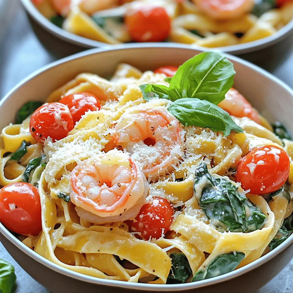To make a delightful Creamy Tuscan Shrimp Pasta, you will need the following ingredients: - 8 oz fettuccine pasta - 1 lb shrimp, peeled and deveined - 2 tablespoons olive oil - 3 cloves garlic, minced - 1 cup cherry tomatoes, halved - 2 cups spinach - 1 cup heavy cream - 1 cup grated Parmesan cheese - 1 teaspoon Italian seasoning - Salt and pepper to taste - Fresh basil leaves for garnish These ingredients come together to create a rich and creamy dish. The fettuccine pasta provides a wonderful base, while the shrimp adds protein. The garlic and tomatoes bring bright flavors, and spinach adds freshness. The heavy cream and Parmesan cheese create a smooth, decadent sauce that wraps around the pasta and shrimp beautifully. You can easily find these ingredients at your local grocery store. First, take a large pot and set it over medium heat. Pour in 2 tablespoons of olive oil and let it warm. Next, add 3 cloves of minced garlic. Sauté the garlic for about 30 seconds until it smells great. Then, toss in 1 pound of peeled and deveined shrimp. Season the shrimp with salt, pepper, and 1 teaspoon of Italian seasoning. Cook the shrimp for 2-3 minutes until it turns a lovely pink color. Once done, remove the shrimp from the pot and set it aside. In the same pot, add 1 cup of halved cherry tomatoes. Sauté the tomatoes for about 2 minutes. Then, pour in 1 cup of heavy cream. Stir it well and let it simmer gently for 2-3 minutes. This makes a rich and creamy sauce that will hug the pasta. Now, add 8 ounces of fettuccine pasta to the pot. Pour in enough water to cover the pasta completely. Stir it gently and cook according to the package instructions. Make sure to stir occasionally to prevent sticking. Cook until the pasta is al dente, which means it should still have a little bite to it. Once the pasta is ready, add 2 cups of fresh spinach to the pot. Stir the spinach in and let it wilt slightly. Next, mix in 1 cup of grated Parmesan cheese. Stir until the cheese melts and makes the sauce creamy. Finally, return the cooked shrimp to the pot and mix everything together. Adjust the seasoning with more salt and pepper if needed. Enjoy your Creamy Tuscan Shrimp Pasta! To get a rich, creamy texture, use heavy cream. This cream enhances flavor and gives the sauce a smooth feel. Start by pouring the cream into the pan slowly. This helps blend it well with the other ingredients. Next, add the Parmesan cheese gradually. This ensures it melts nicely, creating a velvety finish. Stir often to maintain that creamy look. Cook the shrimp for just 2-3 minutes. This short time keeps them tender and juicy. Look for shrimp that turns bright pink and has a slight curl. Those signs mean they are perfectly cooked. If they become tough or rubbery, they are overcooked. Keep a close eye on them while cooking. For a lovely presentation, serve the pasta in shallow bowls. Top each bowl with fresh basil leaves. A sprinkle of extra Parmesan cheese adds a nice touch. This dish pairs well with a simple green salad or crusty bread. These sides will balance the creamy pasta and make a full meal. {{image_2}} You can add more veggies to your Creamy Tuscan Shrimp Pasta to boost flavor and nutrition. Here are some ideas: - Bell Peppers: Slice up red, yellow, or green bell peppers. Sauté them with the garlic for a sweet crunch. - Zucchini: Cut zucchini into half-moons. Add them with the shrimp for great texture and taste. - Spinach Substitution: If you want a change, you can use kale or arugula. Both add unique flavors and nutrients. If shrimp isn’t your favorite or you want variety, try these seafood swaps: - Scallops: These sweet, tender morsels cook quickly. Just replace shrimp with scallops and follow the same steps. - Lobster: For a touch of luxury, add lobster meat. Cook it just until warmed through for the best results. - Vegetarian Options: If you prefer no seafood, use sautéed mushrooms or chickpeas. Both add protein while keeping the dish hearty. Switching up your pasta can change the dish’s feel and taste. Here are some suggestions: - Gluten-Free Pasta: Use gluten-free fettuccine to make this dish safe for gluten-sensitive eaters. It cooks similarly, so no need to alter the method. - Different Shapes: Try penne or rigatoni instead of fettuccine. These shapes hold the creamy sauce well, ensuring a delicious bite every time. To keep your Creamy Tuscan Shrimp Pasta fresh, place it in an airtight container. This helps lock in flavors and moisture. You can store leftovers in the fridge for up to three days. Make sure to let the pasta cool first to avoid steam buildup, which can create soggy pasta. You can reheat the pasta in two ways: the microwave or stovetop. For the microwave, place the pasta in a bowl and cover it with a damp paper towel. Heat it in short bursts, stirring in between. This helps keep it creamy. For the stovetop, add a splash of cream or water to a pan. Heat over low heat, stirring gently. This method helps maintain the dish's texture. Yes, you can freeze creamy pasta dishes, including this one. First, let the pasta cool completely. Then, place it in a freezer-safe container. You can freeze it for up to two months. To thaw, move it to the fridge overnight. Reheat gently using the stovetop method. Add a bit of cream if it seems dry after thawing. Making this lovely dish takes about 30 minutes. You will need 10 minutes to prep and 20 minutes to cook. This quick time makes it perfect for a weeknight dinner. Yes, you can use different pasta shapes. Penne or rotini work well too. Just adjust the cooking time based on the pasta you choose. You can make this dish lighter by using half-and-half instead of heavy cream. You can also use less cheese or add more veggies. Swap shrimp for chicken or tofu for a different flavor. Now you know how to make Creamy Tuscan Shrimp Pasta from scratch. We covered the key ingredients, easy steps, and helpful tips. You can customize this dish with various veggies and seafood. Don’t forget about storage and reheating. Cooking can be simple and fun with this recipe. Enjoy sharing it with family and friends. Dive into this creamy dish and make it your own. Happy cooking!