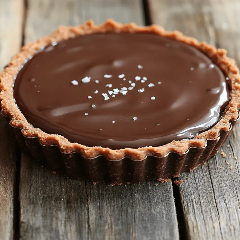 - 1 ½ cups all-purpose flour - ½ cup unsweetened cocoa powder - ½ cup powdered sugar - ½ cup unsalted butter, softened - 1 large egg - 1 cup heavy cream - 8 oz bittersweet dark chocolate, chopped - ½ teaspoon sea salt - 1 tablespoon vanilla extract - Flaked sea salt for garnish The first key ingredient is all-purpose flour. It forms the base of the tart crust. This flour gives the tart its structure. The cocoa powder adds a rich chocolate flavor, making the crust taste amazing. Powdered sugar sweetens the crust and helps it stay tender. Unsalted butter brings richness and moisture to the crust. It also helps bind the ingredients together. Next, we have the egg. This ingredient acts as a binder for the crust. It helps the dough hold together when baked. The heavy cream makes our ganache smooth and creamy. Bittersweet dark chocolate is the star of the tart. It gives a deep, rich chocolate flavor. The sea salt enhances the chocolate taste and balances the sweetness. Finally, vanilla extract adds warmth and depth to the ganache. You can switch up the flavor with a few optional ingredients. For a fruity twist, add a layer of fresh berries on top. You might also try using milk chocolate for a sweeter taste. If you prefer a nutty flavor, add ground nuts to the crust. You could use almond or hazelnut flour instead of some all-purpose flour. Each of these options makes the tart unique and delicious! Start by mixing the dry ingredients in a bowl. Combine 1 ½ cups of flour, ½ cup of cocoa powder, and ½ cup of powdered sugar. This mix gives your crust a rich, chocolate flavor. Next, add ½ cup of softened butter and blend until it looks crumbly. Then, crack in one large egg and mix until the dough holds together. Wrap the dough in plastic wrap. Chill it in the fridge for 30 minutes. This step helps the crust stay crisp. Preheat your oven to 350°F (175°C). After chilling, roll out the dough on a floured surface. Aim for a size that fits a 9-inch tart pan. Press the dough into the pan, making sure to cover the edges. Prick the bottom with a fork to prevent bubbling. Place the tart shell in the oven and bake for 15-20 minutes. Once baked, let it cool completely on a wire rack. This cooling step is key for a good tart. In a small saucepan, pour 1 cup of heavy cream. Heat it over medium heat until it simmers gently. Remove the pan from heat. Now, add 8 oz of chopped bittersweet dark chocolate. Stir in 1 tablespoon of vanilla extract and ½ teaspoon of sea salt. Mix until it becomes smooth and shiny. This ganache will be the star of your tart. Carefully pour the ganache into the cooled tart shell. Use a spatula to smooth the top if needed. Now, cover the tart with plastic wrap and place it in the fridge. Chill for at least 2 hours. This time allows the ganache to set well. When ready to serve, sprinkle flaked sea salt on top for a burst of flavor. Slice and enjoy this delightful treat! To make a great tart crust, use cold butter. This keeps the crust flaky. Make sure to mix the dry ingredients well before adding the butter. This helps the flavors blend. When you roll out the dough, do it on a floured surface. This keeps it from sticking. If the dough cracks, press it back together gently. Chill the dough for a good half hour. This helps it hold its shape when baked. For a smooth ganache, heat the cream until just simmering. Don’t boil it. This can make the chocolate seize up. Use high-quality dark chocolate for the best flavor. Chop it into small pieces for faster melting. Stir the ganache gently until all the chocolate melts. Add the vanilla extract and sea salt after removing it from heat. This keeps the flavors bright and fresh. One mistake is not chilling the crust long enough. This can lead to a soggy base. Another is overcooking the ganache. Keep an eye on the cream as it heats. If you skip the flaked sea salt on top, you miss out on the flavor boost. Lastly, be careful when filling the tart shell. Avoid overfilling to prevent spills. {{image_2}} You can swap out regular sugar for different sweeteners. Try using maple syrup or honey. These add a hint of flavor and can make the tart even more special. Keep in mind that these sweeteners may change the tart's texture, so adjust the liquid in your ganache. For a sugar-free option, look for stevia or monk fruit. Just use them in the same amount as sugar, but check the labels for details. While cocoa powder gives a great taste, you can use different flours. Almond flour or gluten-free flour works well. If you prefer a nutty flavor, add ground nuts to your crust. You can also try a cookie crust made from crushed Oreos or graham crackers. Just mix them with melted butter and press into the pan. Each crust brings its own fun twist to the tart. Enhance your tart with fun flavors. You can add espresso powder to the chocolate ganache for a coffee kick. A splash of orange zest or peppermint extract can brighten the taste. For toppings, try fresh berries, chopped nuts, or caramel drizzle. Flaked sea salt is a must for that sweet and salty combo. Get creative and make it your own! To keep your salted dark chocolate tart fresh, wrap it well. Use plastic wrap or foil. You can also place it in an airtight container. Store it in the fridge. This helps maintain its rich flavor and texture. When stored properly, the tart lasts about 4 to 5 days in the fridge. After that, the taste may change. If you notice any off smells, it's best to throw it away. Always check before serving. You can freeze the tart if you want to save it for later. First, let it cool completely. Wrap it tightly in plastic wrap, and then in foil. It can last up to 2 months in the freezer. To serve, just thaw it in the fridge overnight. Enjoy it chilled or at room temperature. Yes, you can make the tart ahead of time. Prepare the tart and chill it in the fridge. The tart stays fresh for up to three days. This can help save time on busy days or special events. If you need a substitute for bittersweet chocolate, use semi-sweet chocolate. You can also mix dark chocolate with a bit of sugar. This will give you a similar taste and texture. To get the ganache to set, let it cool at room temperature first. Then chill it in the fridge for at least two hours. Make sure the tart shell is cool before adding the ganache. This helps it set better. Yes, you can use dairy-free options! Substitute heavy cream with coconut cream or almond milk. Make sure your chocolate is dairy-free too. This way, you can enjoy the tart without dairy. You learned about making a delicious salted dark chocolate tart. We covered key ingredients, step-by-step instructions, and helpful tips. Variations allow you to customize it to your taste. Proper storage ensures it stays fresh for longer. Now, it’s time to enjoy your tart and impress others with your skills. Happy baking!