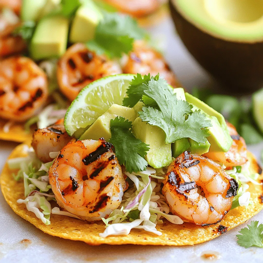 To make Jalapeño Lime Grilled Shrimp Tostadas, you need fresh and simple ingredients. Here’s the list: - 1 lb shrimp, peeled and deveined - 2 tablespoons olive oil - 2 jalapeños, finely chopped - Zest and juice of 2 limes - 2 cloves garlic, minced - 1 teaspoon ground cumin - Salt and pepper to taste - 8 small corn tostada shells - 1 avocado, sliced - 1 cup shredded cabbage - Fresh cilantro, chopped (for garnish) - Lime wedges (for serving) These ingredients work together to create a bright and tasty dish. The shrimp adds protein, while the jalapeños bring heat. Lime zest and juice add a fresh pop. Olive oil helps everything cook nicely. Cumin gives it a warm flavor. With the tostadas, you get a perfect base. Avocado adds creaminess, and cabbage gives a nice crunch. Cilantro finishes it off with fresh notes. Enjoy this tasty mix in every bite! - In a bowl, combine 2 tablespoons of olive oil, 2 finely chopped jalapeños, the zest and juice of 2 limes, 2 minced garlic cloves, 1 teaspoon of ground cumin, salt, and pepper. Mix well to create your marinade. - Add 1 pound of peeled and deveined shrimp to the marinade. Toss the shrimp until they are well-coated. Let the shrimp marinate for at least 15 minutes. This step ensures they soak up all the tasty flavors. - Preheat your grill or grill pan to medium-high heat. It should be hot before you add the shrimp. - Once hot, place the marinated shrimp in a single layer on the grill. Cook each side for about 2-3 minutes. Look for the shrimp to turn pink and curl slightly. This means they are ready. Remove them from the heat when done. - While the shrimp grills, prepare your tostada shells. Grab 8 small corn tostada shells and place them on a serving platter. - Start layering your ingredients. First, add a handful of shredded cabbage on each tostada. Next, place several grilled shrimp on top. - Finish by adding slices of avocado and a sprinkle of fresh chopped cilantro. Serve with lime wedges on the side for an extra burst of flavor. For shrimp, size matters. If you use large shrimp, grill them for about 3-4 minutes on each side. Medium shrimp need about 2-3 minutes. Always check for that lovely pink color. To adjust the heat, add more or fewer jalapeños. If you want less heat, remove the seeds. For more spice, keep them in. Choose small corn tostada shells for the best crunch. They hold the toppings well and give a nice texture. To crisp them up, bake or fry them lightly before serving. This step adds a great flavor and keeps them from getting soggy. Get creative with toppings! Try adding diced tomatoes or pickled onions for a fresh touch. You can also mix in some cheese for extra richness. Serve with lime wedges for a zesty kick. These simple additions make your tostadas even more delicious. {{image_2}} You can swap shrimp for other proteins. Fish, like tilapia or salmon, works well. Chicken is another option, just cook it thoroughly. If you want a veggie version, try black beans or grilled peppers. They add nice flavor and texture. To change the taste, add more spices. A pinch of smoked paprika can give a smoky touch. For a zestier kick, try adding a splash of hot sauce. You can also serve with a creamy sauce. A drizzle of ranch or cilantro dressing pairs nicely with the shrimp. Want a twist? Make a taco instead of a tostada. Just use soft corn tortillas and fill them with the same toppings. For a plated meal, stack the tostadas. Layer them with ingredients and serve on a nice plate. This adds elegance to your meal. To keep shrimp fresh, place it in an airtight container. This helps lock in moisture. You can also cover it tightly with plastic wrap. Grilled shrimp can last in the fridge for up to three days. After that, the taste and texture may change. For crispy tostada shells, store them in a cool, dry place. A sealed bag or container works well. Tostada shells can get soggy if you store them with toppings. Keep toppings and garnishes, like avocado and cabbage, in separate containers. This keeps everything fresh and tasty. To reheat shrimp, use a skillet on medium heat. This preserves the flavor. Heat for a few minutes, stirring gently. For tostada shells, put them in the oven at 350°F for about five minutes. This will make them crispy again. Enjoy the fresh taste of your leftovers! Shrimp cooks quickly. It turns pink when done. You should also look for a firm texture. If it curls tightly, it's overcooked. Aim for just cooked and still juicy shrimp. Yes, you can prepare some parts ahead. Marinate the shrimp a few hours before grilling. You can also chop the veggies and store them in the fridge. Just assemble the tostadas right before serving for the best taste. You can serve a fresh salad or black beans. Corn salsa also pairs well. Guacamole adds creaminess and flavor. A light soup can be a nice start too. Absolutely! Just make sure to thaw the shrimp first. Place them in the fridge overnight or run them under cold water. Pat them dry before marinating to ensure good flavor. To control heat, use fewer jalapeños. Remove seeds for less spice. You can also add a dollop of sour cream to balance heat. For extra kick, try adding hot sauce or chili powder. This blog post covered how to make tasty shrimp tostadas. We discussed the ingredients you'll need, like shrimp, jalapeños, and lime. I provided step-by-step instructions on marinating and grilling shrimp, then assembling the tostadas. You learned tips and tricks for perfecting your dish and variations for different tastes. Finally, we explored how to store leftovers and answered common questions. Now, it's your turn to make these delicious shrimp tostadas. Enjoy cooking and sharing them with friends!