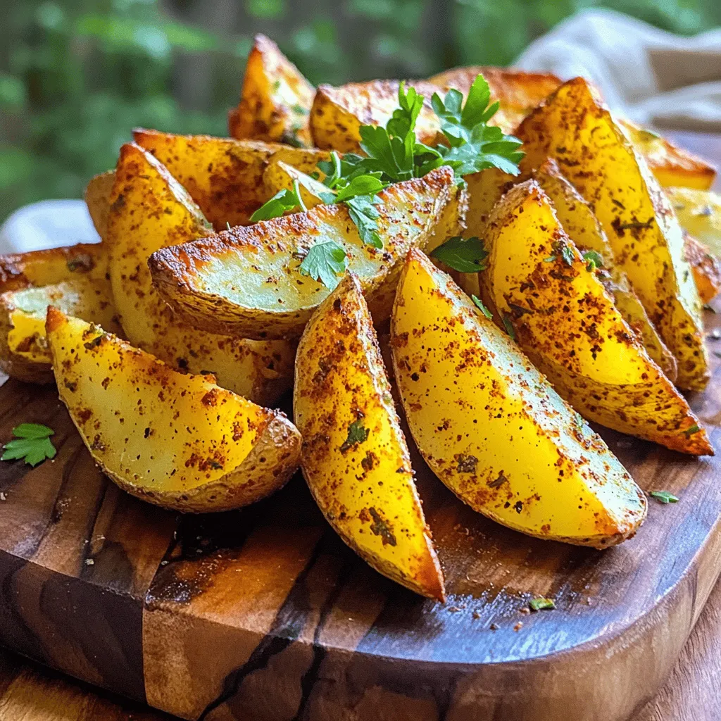 - 4 medium russet potatoes - 2 tablespoons olive oil - 1 teaspoon garlic powder - 1 teaspoon smoked paprika - 1 teaspoon dried oregano - ½ teaspoon chili powder - Salt and pepper to taste - Fresh parsley for garnish To make crispy air fryer potato wedges, you need a few simple ingredients. Start with four medium russet potatoes. These potatoes are great for making wedges because they are starchy and hold their shape well. Next, you will need two tablespoons of olive oil. This oil helps the potatoes crisp up nicely in the air fryer. You can also use other oils, but olive oil adds a good flavor. Then, gather your spices: one teaspoon of garlic powder, one teaspoon of smoked paprika, one teaspoon of dried oregano, and half a teaspoon of chili powder. These spices give the wedges a tasty kick. Don't forget to add salt and pepper to taste. Finally, keep some fresh parsley on hand for garnish. This will add a nice touch to your dish. With these ingredients ready, you can create delicious potato wedges that everyone will love. Start by preheating your air fryer to 400°F (200°C). This step is key for crispy potato wedges. A hot air fryer cooks the potatoes well and gives them that perfect crunch. Take 4 medium russet potatoes. Scrub them clean to remove dirt. Cut each potato into wedges. Aim for even sizes. This helps them cook evenly. In a large mixing bowl, add your potato wedges. Pour in 2 tablespoons of olive oil. Mix well to coat each wedge. Next, sprinkle in 1 teaspoon of garlic powder, 1 teaspoon of smoked paprika, 1 teaspoon of dried oregano, and ½ teaspoon of chili powder. Add salt and pepper to taste. Toss the wedges again until all spices stick to them. Place the coated potato wedges in the air fryer basket. Arrange them in a single layer. Avoid overcrowding; this keeps them crispy. You may need to cook them in batches if you have a lot. Cook the potato wedges for 15-20 minutes. At the halfway mark, shake the basket gently. This helps them cook evenly. When the wedges turn golden and crispy, take them out. Let them sit for a couple of minutes. This resting time boosts their crunch. Serve them hot, topped with fresh chopped parsley for a pop of color and flavor. To get the best crispiness, follow these simple steps: - Cut potatoes into even wedges. This helps them cook at the same rate. - Soak the wedges in water for 30 minutes. This removes excess starch. - Dry the wedges well with a clean towel. Moisture can make them soggy. - Use enough olive oil to coat each wedge. This helps them get golden. I love using russet potatoes for these wedges. Their high starch content makes them fluffy inside. Other good choices are Yukon Gold or red potatoes. Just avoid waxy potatoes, as they won’t crisp up well. Feel free to mix up the flavors! Here are some ideas: - Parmesan and Herbs: Add grated Parmesan cheese and Italian herbs. - Buffalo Style: Toss with buffalo sauce after cooking for a spicy kick. - Cajun Spice: Use a blend of Cajun spices for a zesty twist. Experimenting makes cooking fun and keeps things fresh! {{image_2}} For a cheesy twist, add shredded cheese on top. I like using sharp cheddar or mozzarella. After cooking, sprinkle the cheese on the hot wedges. Air fry them for an extra two minutes until the cheese melts. This gives you a warm, gooey delight that pairs well with dips. If you love heat, try adding more chili powder or cayenne pepper. You can also mix in some hot sauce into the oil. Toss the wedges to coat them fully. This spicy version wakes up your taste buds and is perfect for those who crave a kick. For a fresh flavor, use fresh herbs like rosemary or thyme. Chop the herbs finely and mix them with the oil and spices. This gives your potato wedges a lovely aroma and taste. Serve these wedges as a side dish or snack, and enjoy their vibrant flavor. After enjoying your crispy air fryer potato wedges, store leftovers in an airtight container. This keeps them fresh for up to three days in the fridge. Make sure the potatoes are cool before sealing the container. This helps to avoid moisture buildup, which can make them soggy. To bring back the crispiness, reheat wedges in the air fryer. Set it to 350°F (175°C) for about 5 to 7 minutes. This method quickly revives their crunch. You can also use a toaster oven for a similar effect. Avoid the microwave as it may make them soft and chewy. If you want to freeze potato wedges, place them in a single layer on a baking sheet. Freeze until solid, then transfer them to a freezer bag. This way, they won’t stick together. You can freeze them for up to three months. When ready to cook, air fry directly from frozen. Just add a few extra minutes to the cooking time. It takes about 15 to 20 minutes to cook potato wedges in the air fryer. I recommend setting the air fryer to 400°F (200°C). Make sure to shake the basket halfway through cooking. This helps the wedges cook evenly and get crispy. Yes, you can use other types of potatoes. Yukon Gold and sweet potatoes are great options. Each type gives a different taste and texture. Just cut them into wedges and follow the same steps. If your potato wedges are not crispy, it may be from excess moisture. Make sure to dry the potatoes well after washing. Also, do not overcrowd the air fryer basket. This allows hot air to circulate and crisp them up. Air fryer potato wedges pair well with many dishes. You can serve them with burgers, grilled chicken, or as a snack with dip. Ketchup, ranch, or aioli are great choices for dipping. We covered the key steps to make tasty air fryer potato wedges. You learned about the ingredients, cooking methods, and tips for extra crispiness. Exploring variations and storage options helps you enjoy them later. With these simple guidelines, you can create delicious potato wedges any time. I hope you feel inspired to try this recipe and make it your own!