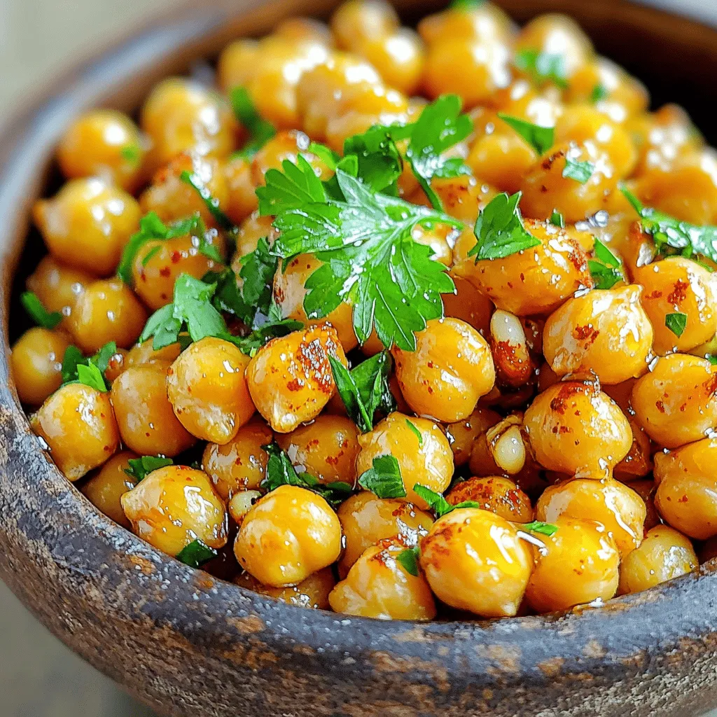 - 1 can (15 oz) chickpeas, drained and rinsed - 2 tablespoons olive oil - 3 tablespoons honey - 3 cloves garlic, minced - 1 teaspoon smoked paprika - 1/2 teaspoon sea salt - 1/4 teaspoon black pepper - 1/4 teaspoon cayenne pepper (optional) - Fresh parsley, chopped To create Honey Garlic Roasted Chickpeas, gather these simple ingredients. Start with one can of chickpeas. Make sure to drain and rinse them well. This step helps remove excess sodium and lets the flavors shine. Next, you will need olive oil. It adds a rich flavor and helps the chickpeas crisp up nicely. Honey is also essential. It gives the chickpeas a sweet glaze that pairs beautifully with garlic. Speaking of garlic, you’ll need three cloves, minced finely. This ensures each bite bursts with flavor. For spices, smoked paprika brings a warm, smoky taste. The sea salt and black pepper add balance. If you want some heat, consider cayenne pepper. It’s optional but can elevate the dish. Finally, fresh parsley adds a pop of color. It also brings brightness to the dish when you serve it. These ingredients come together to create a snack that is both crispy and flavorful. You will love how easy it is to make! - Preheat the oven to 400°F (200°C). - Prepare the baking sheet with parchment paper. - In a medium bowl, combine chickpeas, olive oil, honey, minced garlic, and seasonings. - Toss until evenly coated. This step ensures all flavors mix well. - Spread chickpeas on the baking sheet in a single layer. - Roast for 20-25 minutes, stirring halfway through. This helps them cook evenly. Check for a crispy texture and golden color. To get the best crispiness, set your oven to 400°F (200°C). This heat helps the chickpeas roast to a perfect crunch. Roast them for about 20-25 minutes. Remember to stir them halfway through. This ensures they cook evenly and don’t burn. Want a burst of flavor? You can add more spices. Try a pinch of cumin or garlic powder. These will bring out the savory notes. Right before serving, drizzle a bit more honey on top. This makes them extra sticky and sweet. Serve your roasted chickpeas in a rustic bowl. This adds charm to your table. For a pop of color, sprinkle fresh chopped parsley on top. You can also drizzle a little extra honey for shine. This makes your dish look as good as it tastes! {{image_2}} You can make your Honey Garlic Roasted Chickpeas even more exciting. For a spicy kick, add cayenne pepper. Just a pinch will do. Mix it in with the other seasonings for a nice heat. If you prefer sweet, add more honey or use maple syrup instead. This will make them even stickier and more delicious. If you want to switch things up, you can change the olive oil. Try avocado oil for a lighter taste. You can also use different beans. White beans or black beans work well too. Just make sure to drain and rinse them first. These crunchy chickpeas are great on their own. But you can serve them with dips like hummus or tzatziki. They also make a fun appetizer at parties. Just put them in a bowl and let everyone dig in. You will love how they pair with drinks too! To store leftover chickpeas, let them cool completely. Place them in an airtight container. Glass containers or BPA-free plastic containers work best. This keeps them fresh and prevents odors from mixing. You can store them in the fridge for up to four days. To keep your chickpeas crispy when reheating, use the oven. Preheat it to 350°F (180°C). Spread the chickpeas on a baking sheet. Heat them for about 10-15 minutes. Check them often to avoid burning. You want them hot and crispy again. In the fridge, these tasty snacks last about four days. For longer storage, you can freeze them. Place cooled chickpeas in a freezer-safe bag. When you want to eat them, thaw in the fridge overnight. Then, reheat in the oven for best results. It takes about 35 minutes to make Honey Garlic Roasted Chickpeas. This includes 10 minutes for prep and 25 minutes for roasting. The quick time makes this snack easy to enjoy anytime. Yes, you can use dried chickpeas. However, you must soak and cook them first. This adds time but gives you a fresh taste. Canned chickpeas are already cooked, making them quicker and easier to use. You can serve these chickpeas as a snack or appetizer. They pair well with dips like hummus or tzatziki. You can also add them to salads or grain bowls for extra crunch and flavor. Yes, Honey Garlic Roasted Chickpeas are healthy. They are high in protein and fiber. The use of honey adds a bit of sweetness, but they remain a nutritious choice for snacking. Absolutely! You can make these chickpeas in an air fryer. Just set the air fryer to 400°F (200°C) and cook for about 15-20 minutes. Shake the basket halfway through for even cooking. Enjoy your crispy snack! This blog post covered how to make Honey Garlic Roasted Chickpeas. We explored the key ingredients, such as chickpeas, olive oil, and honey. I shared step-by-step instructions for preparation and roasting. Also, we discussed tips for perfect texture and flavor variations. In closing, you can enjoy these roasted chickpeas as a tasty snack or appetizer. They are easy to customize and fun to make. You will impress anyone with this simple dish!