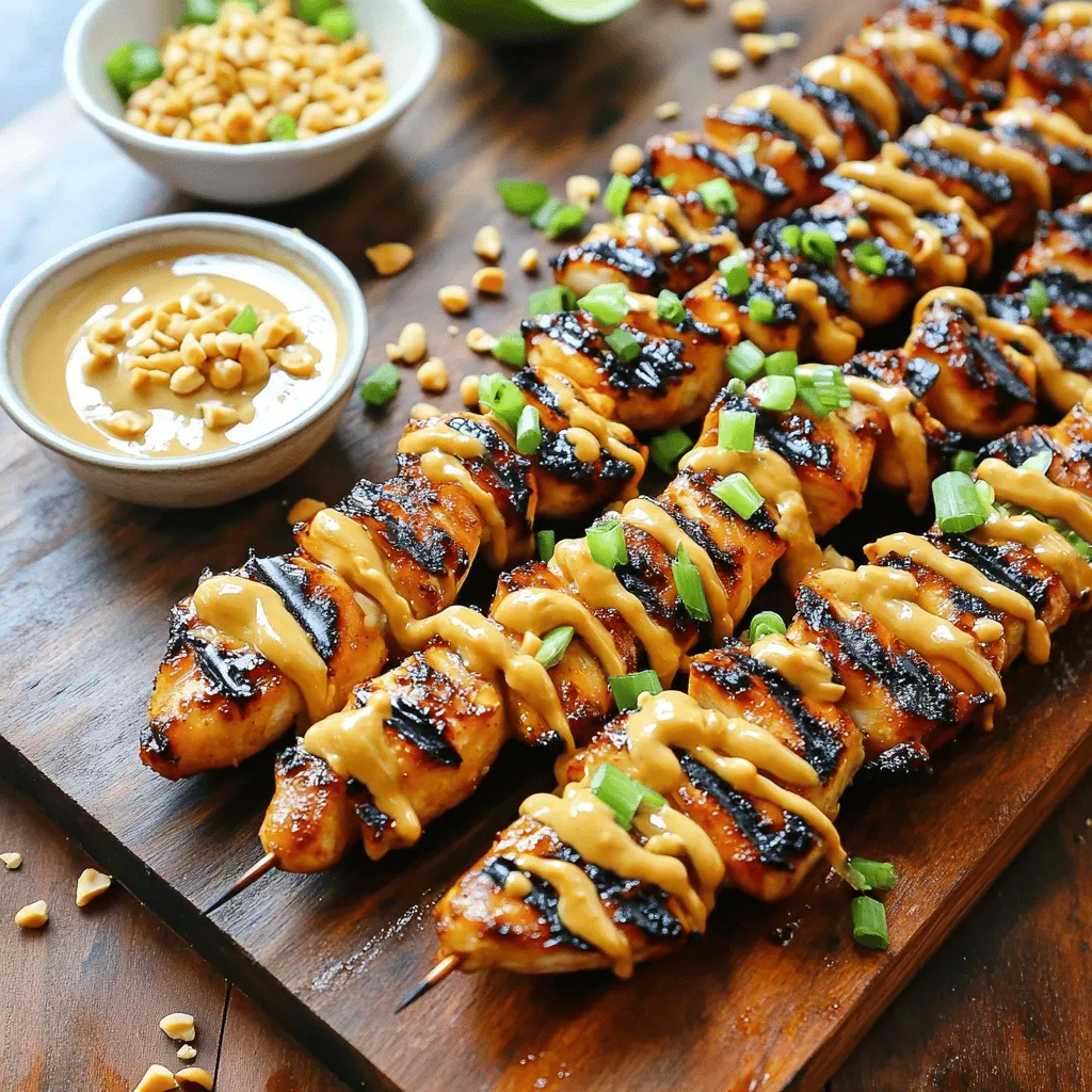 - Chicken breast and marinades - You will need 1 lb (450g) of chicken breast. Cut it into bite-sized pieces. This helps the chicken cook evenly and ensures a great grill texture. For the marinade, mix 2 tablespoons of soy sauce, 1 tablespoon of sesame oil, 1 tablespoon of lime juice, 2 teaspoons of grated ginger, 2 cloves of minced garlic, 1 teaspoon of brown sugar, and 1/4 teaspoon of red pepper flakes. The marinade adds taste and tenderizes the meat. - Peanut sauce components - For the peanut sauce, gather 1/2 cup of smooth peanut butter, 1/4 cup of coconut milk, and 1 tablespoon of fish sauce (or use more soy sauce if you prefer). Whisk these together until smooth. If the sauce is too thick, add warm water to reach the right consistency. This sauce gives the skewers their rich, nutty flavor. - Optional garnishes - To finish your dish, consider garnishing with chopped green onions or crushed peanuts. These add color and crunch. You can also serve the skewers with extra peanut sauce for dipping. It enhances the flavors and makes for a fun meal. These ingredients come together to create a tasty meal that is both simple and enjoyable. You can easily customize this recipe to suit your taste. - Ingredients for marinating: You need 2 tablespoons of soy sauce, 1 tablespoon of sesame oil, 1 tablespoon of lime juice, 2 teaspoons of grated ginger, 2 minced garlic cloves, 1 teaspoon of brown sugar, and 1/4 teaspoon of red pepper flakes. - Recommended marinating time: I suggest marinating the chicken for at least 30 minutes. This helps the flavors soak in well. - Mixing ingredients for sauce: In a bowl, whisk together 1/2 cup of smooth peanut butter, 1/4 cup of coconut milk, and 1 tablespoon of fish sauce. Add warm water until the sauce is smooth. - Tips for achieving the right consistency: If the sauce is too thick, slowly add more warm water. Taste and adjust the seasoning to suit your preference. - Preheating the grill: Preheat your grill or grill pan to medium heat. This helps cook the chicken evenly. - Properly threading chicken onto skewers: Take the marinated chicken pieces and thread them onto skewers. Leave a little space between each piece for better cooking. - Ideal grilling time and temperature: Grill the skewers for about 10-12 minutes. Turn them occasionally for even cooking. - How to check for doneness: The chicken should be firm and have no pink inside. You can also use a meat thermometer; it should read 165°F (75°C). - Serving suggestions: Once cooked, remove the skewers from the grill. Brush them with some peanut sauce for extra flavor. - Optional garnishes to enhance presentation: Serve with the remaining sauce on the side. You can add chopped green onions or crushed peanuts on top for a nice touch. For the best skewers, use chicken breast. This cut is lean and cooks well. Cut the chicken into bite-sized pieces. Aim for uniform pieces to ensure they cook evenly. This way, you avoid some pieces being undercooked while others are overdone. Marinate the chicken for at least 30 minutes. This helps flavors soak in deeply. Use soy sauce, sesame oil, and lime juice for a tasty mix. You can add more ginger or garlic if you like strong flavors. Consider adding a bit of honey or brown sugar to enhance sweetness. Grill the skewers over medium heat for best results. This helps the chicken cook through without burning. Turn the skewers often. This allows for even grilling and nice grill marks. Avoid crowding the grill to keep proper airflow. This prevents steaming and keeps the chicken juicy. {{image_2}} You can swap chicken for shrimp or tofu. Both options work well. Shrimp cooks quickly, so grill them for about 5-7 minutes. If you use tofu, choose firm tofu for better texture. Cut it into bite-sized cubes and grill for about 8-10 minutes. Make sure to marinate both options just like the chicken. Want to spice things up? Add more red pepper flakes or fresh chili to the marinade. You can also use sriracha for extra heat. For a unique twist, try a different sauce. Coconut aminos can replace soy sauce. Experiment with hoisin or teriyaki sauce for new flavors. For a plant-based meal, use veggies like bell peppers, zucchini, and mushrooms. You can also add tempeh or seitan for protein. Skewer the veggies and tempeh, marinate, and grill them. Cook until tender, about 10-12 minutes. This gives you a delicious, colorful meal that everyone will enjoy. To keep your Thai peanut chicken skewers fresh, place them in an airtight container. Make sure to store them in the refrigerator. They will stay good for about three days. If you want to reheat them, use a skillet or oven. Heat them gently so they do not dry out. You can add a splash of water or extra peanut sauce to keep them moist while reheating. If you want to save some skewers for later, freezing is easy. First, let the cooked skewers cool completely. Next, wrap each skewer in plastic wrap or aluminum foil. Then, place them in a freezer-safe bag. They can last for up to three months in the freezer. To defrost, place the skewers in the refrigerator overnight. When ready to eat, reheat them on the grill or in the oven. Cover them to keep moisture in while warming. This way, you will enjoy the same great taste! Yes, you can use crunchy peanut butter. It will give the sauce a different texture. The flavor stays rich and nutty, but the chunks add a fun crunch. If you like a bit of texture, go for it! These skewers pair well with many sides. Here are some ideas: - Jasmine rice - Cucumber salad - Steamed broccoli - Grilled veggies - Fresh herbs like cilantro or mint - Extra peanut sauce for dipping These sides enhance the meal and add color to your plate. The chicken should reach an internal temperature of 165°F (75°C). Use a meat thermometer to check. The meat should be white and no longer pink inside. Let it rest for a few minutes before serving for the best taste. Yes, you can grill the skewers in your oven. Preheat your oven to 400°F (200°C). Place the skewers on a baking sheet lined with foil. Cook for about 15-20 minutes, turning halfway through. This method gives you that grilled flavor, even indoors! This blog post guides you through making delicious Thai Peanut Chicken Skewers. We covered important ingredients, marinating tips, and grilling techniques. You learned how to customize with various proteins and flavors. Remember to marinate your chicken well for the best taste. Adjust cooking times based on your protein choice. These easy steps ensure tasty skewers every time. Enjoy cooking and sharing these skewers with family and friends!