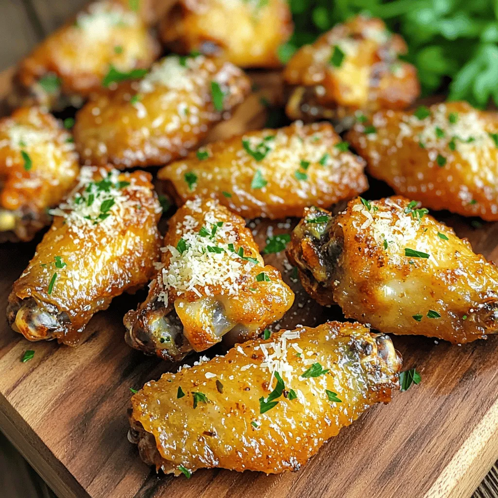 To make Garlic Parmesan Air Fryer Wings, gather these simple ingredients: - Chicken Wings (2 pounds) - Olive Oil (1 tablespoon) - Garlic (4 cloves, minced) - Garlic Powder (1 teaspoon) - Onion Powder (1 teaspoon) - Smoked Paprika (1 teaspoon) - Black Pepper (1/2 teaspoon) - Salt (1/2 teaspoon) - Grated Parmesan Cheese (1/2 cup) - Fresh Parsley (2 tablespoons, chopped, for garnish) Each ingredient plays a key role in building flavor. The chicken wings provide a great base. Olive oil helps the wings crisp up nicely. Fresh garlic and garlic powder add a strong, rich taste. Onion powder and smoked paprika bring depth to the flavor. Black pepper and salt enhance all the other tastes. Finally, Parmesan cheese gives a delicious, cheesy finish. Don't forget the parsley! It adds a pop of color and freshness. This mix of ingredients ensures each bite is savory and satisfying. Start by drying the chicken wings. Use paper towels to pat them completely dry. This step is key for crispy skin. The drier the wings, the better they will crisp up in the air fryer. Next, make the seasoning mix. In a large bowl, whisk together: - 1 tablespoon olive oil - 4 cloves garlic, minced - 1 teaspoon garlic powder - 1 teaspoon onion powder - 1 teaspoon smoked paprika - 1/2 teaspoon black pepper - 1/2 teaspoon salt Once mixed, add the dried wings to the bowl. Toss the wings until they are fully coated with the mix. Before cooking, preheat your air fryer to 400°F (200°C). This step helps to cook the wings evenly. A hot air fryer ensures a nice, crispy finish. Place the seasoned wings in a single layer in the air fryer basket. Cook them for 25-30 minutes. Make sure to shake the basket halfway through. This action helps the wings cook evenly. They should be golden brown and crispy when done. Once the wings are cooked, carefully remove them from the air fryer. Place them in a large mixing bowl. Sprinkle 1/2 cup of grated Parmesan cheese over the hot wings. Toss them gently to coat. The warmth of the wings helps the cheese stick. Transfer the wings to a serving platter. For a fresh touch, sprinkle 2 tablespoons of chopped fresh parsley on top. This adds color and makes the wings look great. Serve them hot for the best taste! Drying Techniques To get crispy wings, start by drying them well. Use paper towels to pat them dry. This step helps remove moisture, which can make wings soggy. Dry wings absorb seasoning better and fry up crispier. Cooking in Batches Avoid crowding the air fryer. Cook your wings in batches for best results. When wings are too close together, they steam instead of fry. This can lead to less crispy skin. Give each wing space to get that golden, crunchy finish. Additional Seasoning Options Feel free to get creative with your seasonings. You can add cayenne pepper for heat or lemon zest for brightness. Experimenting with different spices can elevate your wings. Try using Italian herbs or even ranch seasoning for a twist. Marinating Suggestions For deeper flavor, marinate your wings before cooking. A simple mix of olive oil, garlic, and your favorite herbs works great. Let them sit for at least 30 minutes. This allows the flavors to soak in, making your wings even tastier. Recommended Air Fryer Models Choose a reliable air fryer for the best results. Brands like Philips or Ninja are great options. They heat evenly and cook wings to perfection. Look for one with adjustable temperature settings for extra control. Essential Cooking Utensils Have the right tools on hand. Use tongs to flip wings safely. A large mixing bowl is also a must for tossing wings with seasoning. A good cutting board helps when prepping garlic. These simple tools make cooking easier and more fun. {{image_2}} You can easily change the taste of your wings. For a kick, try spicy garlic Parmesan wings. Just add some cayenne pepper or hot sauce to your seasoning. This extra heat pairs well with the garlic and cheese. Another fun option is lemon garlic Parmesan wings. Add lemon zest and juice to the seasoning mix. This brightens up the flavor and gives the wings a fresh twist. If you're looking for a different protein, try turkey wings. They are larger and meatier. Just adjust the cooking time, as they may take longer than chicken wings. For a vegetarian choice, you can use cauliflower wings. Cut cauliflower into bite-sized pieces, then coat them with the same seasoning mix. Cook them in the air fryer until crispy. It's a fun, healthy twist. Pair your wings with tasty dipping sauces. Ranch or blue cheese dressing are classic choices. You can also serve them with a spicy buffalo sauce for those who love heat. For side dishes, try celery sticks or carrot sticks. They add a nice crunch and freshness. You can also serve the wings with a light salad to balance the meal. This way, you get a great mix of flavors and textures. To keep your garlic Parmesan air fryer wings fresh, follow these best practices for refrigeration: - Let the wings cool down before storing. - Place them in an airtight container. - Use a paper towel in the container to absorb moisture. - Store in the fridge for up to three days. You have two great methods to reheat your wings. - Preheat your air fryer to 375°F (190°C). - Place wings in a single layer in the basket. - Heat for about 5-7 minutes until hot and crispy. - Preheat the oven to 350°F (175°C). - Arrange wings on a baking sheet. - Heat for about 10-15 minutes, turning halfway through. Want to keep wings for later? Here’s how to freeze them properly: - Allow wings to cool completely. - Place them in a freezer-safe bag or container. - Remove as much air as possible to prevent freezer burn. - Store for up to three months. When you’re ready to enjoy frozen wings: - Thaw wings overnight in the fridge. - Reheat using the air fryer or oven methods above. Cook chicken wings in an air fryer for 25 to 30 minutes. Set the fryer to 400°F. Make sure to shake the basket halfway through. This helps the wings cook evenly and get crispy. Yes, you can use frozen wings. However, cook them a bit longer. Add about 5 to 10 extra minutes to the cooking time. Ensure they cook all the way through. Check that the internal temperature reaches 165°F. If you need a substitute for Parmesan, try Pecorino Romano. It has a similar taste. Nutritional yeast is a great option for a dairy-free choice. It adds a cheesy flavor without the dairy. Yes, air fryer wings are generally healthier. They use less oil than deep-fried wings. This means fewer calories and less fat. Plus, you still get that crispy texture without the guilt. Check the wings for a golden brown color. The skin should be crispy. Use a meat thermometer to confirm the internal temperature. It should be at least 165°F for safe eating. You now have a clear guide to making delicious air-fried chicken wings. We covered the necessary ingredients, step-by-step cooking instructions, tips for extra crispiness, and variations to keep things fun. Remember, experimenting with flavors can give your wings a unique twist. Additionally, proper storage ensures you enjoy leftovers at their best. With these tips, you’ll impress your family and friends. Enjoy cooking and savor every bite of your homemade wings!