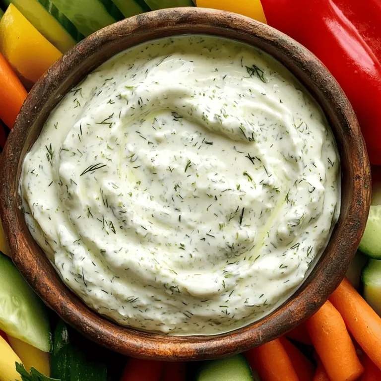 - 1 cup plain Greek yogurt - 1/4 cup mayonnaise - 1 tablespoon lemon juice These main ingredients create a rich and creamy base. Greek yogurt adds protein and tanginess. Mayonnaise makes the dip smooth and creamy. Lemon juice brightens the flavors and adds a fresh taste. - 1 teaspoon garlic powder - 1 teaspoon onion powder - 1 teaspoon dried dill - 1/2 teaspoon dried parsley - 1/2 teaspoon salt - 1/4 teaspoon black pepper Seasonings give the dip that classic ranch flavor. Garlic powder adds depth, while onion powder enhances sweetness. Dried dill and parsley bring freshness. Salt and black pepper balance all the flavors. - Carrots - Cucumbers - Bell peppers Fresh vegetables make great dippers. Carrots add crunch and sweetness. Cucumbers bring a cool, refreshing bite. Bell peppers add a colorful and crisp touch. You can mix and match your favorites for a perfect snack platter. To start, gather your ingredients. In a medium bowl, mix 1 cup of plain Greek yogurt with 1/4 cup of mayonnaise. Stir them together until they are smooth and well blended. This base gives the dip its creamy texture. Next, you will add the seasoning ingredients. Pour in 1 tablespoon of lemon juice. Then, add 1 teaspoon each of garlic powder, onion powder, and dried dill. Toss in 1/2 teaspoon of dried parsley, 1/2 teaspoon of salt, and 1/4 teaspoon of black pepper. Stir all these together until everything is fully mixed. The mix should be rich and flavorful. Now, taste the dip. If you want a stronger flavor, adjust the seasoning. Add more salt or herbs based on your preference. This part is key to making the dip just right for you. After mixing, cover the bowl with plastic wrap or a lid. Refrigerate the dip for at least 30 minutes. This chilling time helps the flavors meld together, making each bite delicious. When you’re ready to serve, take out the dip. Present it with a platter of fresh vegetables like carrots, cucumbers, and bell peppers. These crunchy veggies are perfect for dipping. You can also get creative with other dippers. Try chips, crackers, or even pita bread. This dip pairs well with many snacks, making it a hit at any gathering! To make this dip healthier, you can reduce the mayonnaise. Try using only 2 tablespoons instead of 1/4 cup. This simple change cuts calories but keeps the flavor. You can also add more herbs for extra flavor. Fresh dill or chives can give a nice twist. Just chop them finely and mix them in. If you want a thicker dip, use more Greek yogurt. Adding a little extra can help. If you prefer a smoother texture, blend the dip with a hand mixer. This makes it creamy and easy to scoop. Just blend until it reaches your desired smoothness. You can prepare this dip in advance. It tastes better after sitting for a while. Store it in an airtight container in the fridge. Make sure to cover it well to keep the flavors fresh. It’s best to eat it within three days. This way, you always have a tasty snack ready to go! {{image_2}} To make a spicy Greek yogurt ranch dip, add hot sauce or cayenne pepper. Start with a few drops of hot sauce to test the heat. Stir it into the dip until mixed well. If you like more spice, add more! This change gives the dip a kick. It pairs well with fresh veggies, chips, or even wings. You can easily customize the heat level to fit your taste. For an herb and avocado ranch dip, include fresh herbs and avocado. Chop fresh parsley, dill, or chives for a burst of flavor. Mash half a ripe avocado and mix it in. This adds creaminess and a lovely green color. The herbs bring freshness to the dip. Serve this version with crunchy veggies or whole-grain crackers. It’s a great way to enjoy healthy fats from the avocado. If you want a vegan option, substitute yogurt and mayo with plant-based ingredients. Use dairy-free yogurt and a vegan mayo. This keeps the dip creamy and tasty. You can also add a splash of lemon juice for brightness. Make sure to check the labels for hidden dairy. This vegan dip is perfect for everyone. Serve it with a colorful platter of fresh veggies for all to enjoy. To keep your creamy Greek yogurt ranch dip fresh, store it properly. After you make the dip, place it in an airtight container. This helps avoid air exposure, which can change the flavor. Make sure to seal the lid tightly. You can also cover the bowl with plastic wrap. Just ensure it’s snug against the dip to keep it fresh. How long does the dip last in the refrigerator? If stored correctly, your dip can last for about 5 to 7 days. This is a great way to enjoy snacks throughout the week. Always check for any off smells or changes in texture before serving again. When in doubt, throw it out! Can you freeze Greek yogurt ranch dip? I do not recommend freezing this dip. Freezing can change the texture and make it watery when thawed. If you want to make it ahead, prepare just a few days in advance. This way, you can enjoy the fresh taste without compromising quality. Yes, you can use low-fat Greek yogurt. It will make the dip lighter. The taste may be slightly different, but it still works well. Here’s a quick look at the nutritional breakdown: - Full-fat Greek yogurt: Creamy and rich, higher in calories and fat. - Low-fat Greek yogurt: Lower in calories and fat but still provides protein. Using low-fat yogurt can help if you want to cut calories. Just remember, the dip may lack some creaminess. You should chill the dip for at least 30 minutes. This time allows the flavors to mix well. The chill helps the dip become more flavorful and tasty. If you can, let it rest longer for even better taste. Chilling is key. It gives the dip a smoother texture and deepens the flavor. You have many options for dipping. Here are some of my favorites: - Fresh carrots: Crunchy and sweet, great for dipping. - Sliced cucumbers: Cool and refreshing, perfect with ranch dip. - Bell peppers: Colorful and crisp, they add a nice crunch. You can also try tortilla chips or pita bread for a twist. This dip goes well with many snacks! Greek yogurt ranch dip is easy to make and delicious. We mixed Greek yogurt, mayonnaise, and fresh seasonings to create flavor. You can serve it with crunchy veggies like carrots and cucumbers. Remember, you can adjust the recipe to fit your taste. Try new flavors, such as spicy or vegan versions. Store your dip properly for the best taste. Enjoy your new dip at your next gathering or snack time!