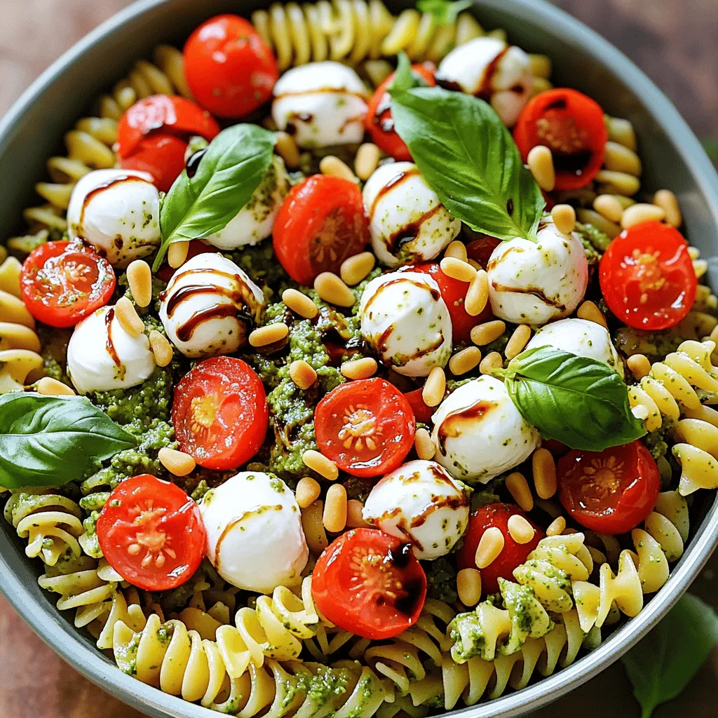 - 12 oz rotini pasta - 1 cup cherry tomatoes, halved - 1 cup fresh mozzarella balls, halved - 1/2 cup fresh basil leaves, packed - 1/4 cup pine nuts - 1/4 cup grated Parmesan cheese - 2 garlic cloves - 1/2 cup extra virgin olive oil - Salt and pepper, to taste - Balsamic glaze for drizzling (optional) Gathering fresh, quality ingredients is key. The rotini pasta adds a fun twist to this dish. The spiral shape holds the pesto and other flavors well. Cherry tomatoes bring a sweet burst of flavor. Fresh mozzarella balls give a creamy texture. Basil leaves are the heart of the pesto, bringing freshness. Pine nuts add a nutty crunch, while Parmesan offers savory depth. Garlic gives a kick that enhances the dish. Extra virgin olive oil blends everything smoothly. Adjust salt and pepper to your taste. If you want extra flair, drizzle balsamic glaze on top before serving. This adds sweetness and a nice finish. Each ingredient contributes to the vibrant taste of your Caprese Pesto Pasta Salad. To start, fill a large pot with water. Add a generous amount of salt. Bring the water to a rolling boil. Now, add 12 oz of rotini pasta. Cook it until it's al dente, as per the package instructions. This usually takes about 8 to 10 minutes. Once done, drain the pasta in a colander. Rinse it under cold water to stop the cooking. Spread it out on a baking sheet to cool fully. Next, grab your food processor. Add 1/2 cup of fresh basil leaves, 1/4 cup of pine nuts, 1/4 cup of grated Parmesan cheese, and 2 garlic cloves. Add a pinch of salt and pepper for taste. Pulse the mixture until it is finely chopped. While the processor runs, slowly drizzle in 1/2 cup of extra virgin olive oil. Keep blending until the pesto is smooth and creamy. Taste it and adjust the seasoning if needed. Now, take a large mixing bowl. Add the cooled pasta, 1 cup of halved cherry tomatoes, and 1 cup of halved fresh mozzarella balls. Gently mix these ingredients together. Make sure everything is evenly distributed for a great flavor in every bite. Pour the prepared pesto over the pasta mixture. Toss everything gently until all the pasta and veggies are well coated. Season with salt and pepper to taste. If you want a boost of flavor, consider adding a drizzle of balsamic glaze. To let the flavors blend, chill the salad in the fridge. I recommend letting it sit for at least 30 minutes. This chilling time enhances the taste and makes the salad refreshing. Serve it cold for a delightful dish! To prevent pasta from sticking, start with enough water. Use a large pot and add salt. Salt not only adds flavor but also helps keep the pasta from clumping. Stir the pasta often during cooking. This keeps it moving and helps it cook evenly. After draining, rinse the pasta under cold water. This stops the cooking and cools it down. Toss it with a splash of olive oil to keep it from sticking while it cools. To get the best pesto, use fresh ingredients. Start with fresh basil leaves and clean pine nuts. Make sure to pulse the basil and nuts first. Add the garlic next, then the cheese. This helps to blend everything well. When adding olive oil, drizzle it slowly while blending. This creates a creamier texture. If your pesto seems too thick, add more olive oil. Taste and adjust the salt and pepper. This ensures that the flavor is just right. Presentation matters! Serve your Caprese Pesto Pasta Salad in a large, colorful bowl. Garnish it with extra basil leaves on top. This adds a pop of green and freshness. A drizzle of balsamic glaze gives it a lovely shine. It also adds a sweet tang. You can also use small bowls for individual servings. This makes it easy for guests to enjoy. {{image_2}} You can swap the rotini pasta for any pasta shape you like. Penne or fusilli work well too. If you want a lighter option, use zucchini noodles instead of pasta. For a nut-free pesto, replace pine nuts with sunflower seeds. If you can't find fresh mozzarella, use feta cheese for a tangy twist. For more flavor, consider adding olives or roasted red peppers. These will add a nice briny taste. You can also mix in arugula for a peppery bite. Chopped artichokes or sun-dried tomatoes can boost texture and taste too. Fresh herbs like parsley or oregano can enhance the dish's aroma and flavor. This salad can fit many diets. For gluten-free, choose gluten-free pasta. To make it vegetarian, ensure your cheese is rennet-free. If you want it vegan, skip the cheese and use nutritional yeast for a cheesy flavor. To keep your Caprese Pesto Pasta Salad fresh, store it in an airtight container. Make sure the container is clean and dry. This keeps out moisture and air, which can spoil the salad. Place the container in the fridge right after serving. If you have extra pesto, store it separately to keep the pasta from getting soggy. This salad stays fresh for about 3 to 5 days in the fridge. After that, the quality may drop. You might notice the pasta getting mushy or the tomatoes losing their flavor. If you want the best taste, enjoy it within three days. You can eat this salad cold, which is how I love it. If you prefer it warm, gently heat it in a pot. Use low heat to avoid overcooking the pasta. Stir often to keep it from sticking. You can also add a splash of olive oil or a bit of water if it seems dry. Enjoy it any way you like! Yes, you can! This salad is very flexible. You can use any pasta shape you like. Here are some great options: - Fusilli - Penne - Farfalle - Spaghetti These shapes hold the pesto well. They also add fun to your dish. Just cook according to package instructions. Not in its current form. The salad contains cheese. However, you can easily make it vegan. Use these substitutes: - Omit the mozzarella and Parmesan. - Use plant-based cheese or nutritional yeast. These options will keep the flavor while making it vegan. You can add extra spices or herbs. Here are some ideas: - A pinch of red pepper flakes for heat. - Fresh parsley for brightness. - A squeeze of lemon for acidity. You can also try different dressings. A drizzle of Italian dressing adds zest. Experiment to find your favorite flavors! This blog post shared a delicious pasta salad recipe. We covered key ingredients, cooking steps, and tips for success. You learned about variations to fit different diets and preferences. Lastly, I provided storage info and answered common questions. Enjoy making this salad for gatherings or a quick meal. It's simple and full of flavor. You can customize it to suit your taste, too. Try it out, and have fun in the kitchen!