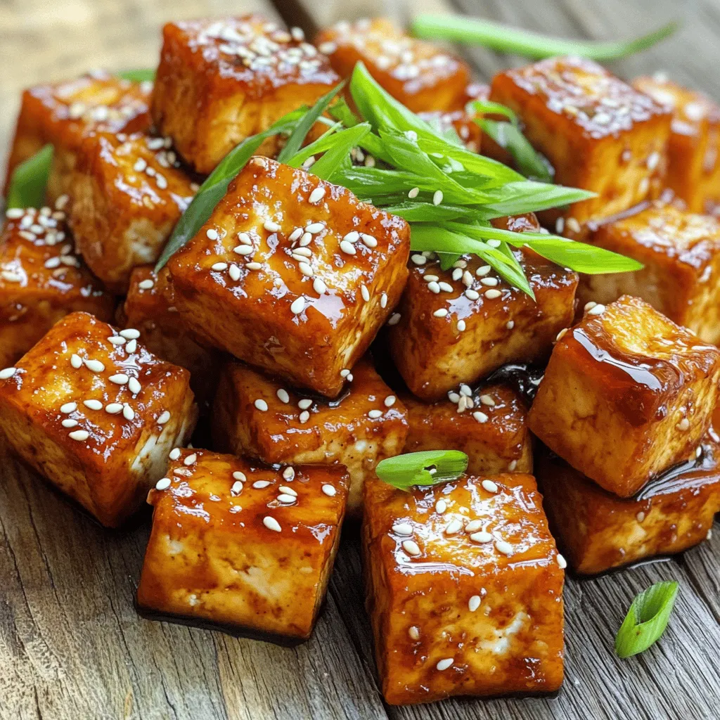 To make crispy baked teriyaki tofu, you will need: - 1 block (14 oz) firm tofu, pressed and drained - 1/4 cup soy sauce - 1/4 cup maple syrup - 2 tablespoons rice vinegar - 1 tablespoon sesame oil - 2 tablespoons cornstarch - 1 tablespoon olive oil - 2 cloves garlic, minced - 1 teaspoon fresh ginger, grated These ingredients create a tasty marinade that makes the tofu flavorful and crispy. For garnish, use: - Sesame seeds - Chopped green onions These add a nice crunch and fresh flavor to your dish. If you need alternatives, consider these options: - Use tamari or coconut aminos instead of soy sauce for a gluten-free choice. - Replace maple syrup with agave nectar or honey for sweetness. These swaps help keep the dish delicious while meeting dietary needs. Start by preheating your oven to 400°F (200°C). While it heats, take a block of firm tofu. Press it to remove extra water. This step helps the tofu absorb more flavor. Cut the tofu into 1-inch cubes. Set these aside for later. In a medium bowl, mix together the marinade. Combine 1/4 cup soy sauce, 1/4 cup maple syrup, 2 tablespoons rice vinegar, and 1 tablespoon sesame oil. Add 2 minced garlic cloves and 1 teaspoon of grated fresh ginger. Whisk everything together until it is smooth and well combined. Take the cubed tofu and place it in the bowl with the marinade. Gently toss the tofu cubes until they are fully coated. Let the tofu marinate for about 20 to 30 minutes. This soaking time allows the tofu to take on the teriyaki flavor. After marinating, remove the tofu from the bowl. Allow any extra marinade to drip off. In a shallow dish, spread 2 tablespoons of cornstarch. Roll each tofu cube in the cornstarch until it is completely coated. This step ensures a crispy texture. Place the coated tofu on a lined baking sheet, leaving space between each cube. Drizzle 1 tablespoon of olive oil over the tofu. Bake for 25 to 30 minutes. Flip the tofu halfway through to get an even crisp. Once golden brown, drizzle any leftover marinade over the tofu and toss gently. Garnish with sesame seeds and chopped green onions before serving. To get that perfect crispy texture, start with firm tofu. Pressing the tofu removes excess water. This step is key. After pressing, cut the tofu into 1-inch cubes. Marinate it well in the teriyaki sauce. Let it soak for 20-30 minutes. Next, coat each piece in cornstarch. This helps create a crunchy outer layer. Space the tofu on the baking sheet. Don’t crowd the cubes; give them room. Finally, drizzle with olive oil before baking. Flip them halfway through for even crisping. Crispy baked teriyaki tofu pairs well with rice or quinoa. Serve it over a bed of steamed veggies for color. You can also top it with sesame seeds and chopped green onions. If you like a little heat, add chili flakes. For a fresh touch, include a side salad with light dressing. This adds balance and brightness to your meal. You can even serve it in lettuce wraps for a fun twist. One common mistake is not pressing the tofu enough. If it’s too watery, it won’t crisp up. Another mistake is overcrowding the baking sheet. This leads to steaming instead of baking. Make sure to coat the tofu evenly in cornstarch. Don’t skip this step; it’s crucial for crunch. Lastly, avoid skipping the flipping step while baking. It ensures all sides get golden brown. Following these tips will help you create perfect crispy baked teriyaki tofu every time. {{image_2}} You can swap tofu for other proteins. Tempeh is a great choice. It has a firmer texture and extra protein. For a meat option, try chicken or shrimp. Just cut them into bite-sized pieces. Marinade these proteins the same way as the tofu. This keeps the flavor strong and tasty. You can change the teriyaki sauce to match your taste. For a spicy kick, add chili paste or sriracha. If you like sweet, try adding more maple syrup or honey. To make it tangy, use lime juice instead of rice vinegar. You can also add orange juice for a fruity twist. This will make your dish more unique every time you cook it. Add fun veggies to your crispy baked teriyaki tofu. Bell peppers bring color and crunch. Broccoli adds a nice texture and nutrients. Carrots or snap peas can make it sweeter. You can roast these vegetables on the same baking sheet. Toss them in the leftover marinade for extra flavor. This adds depth to your meal and makes it more vibrant. Store leftover baked tofu in an airtight container. Place it in the fridge. It stays fresh for about 3 to 5 days. Make sure the tofu is cool before sealing the container. This keeps the tofu from getting soggy. To reheat your tofu, use an oven or skillet. Preheat the oven to 350°F (175°C). Place the tofu on a baking sheet for 10-15 minutes. This helps keep it crispy. If using a skillet, add a splash of oil. Heat on medium until warm. Avoid using the microwave, as it can make the tofu chewy. You can freeze baked tofu, but it changes texture. To freeze, let the tofu cool completely. Place it in a freezer-safe bag or container. It stays good for up to 3 months. When you're ready to eat, thaw it in the fridge overnight. Reheat it in the oven for the best texture. No, soft tofu will not work well here. It lacks the firmness needed for crisps. Firm tofu holds its shape better when baked. This helps it get that nice, crunchy texture. Use firm or extra-firm tofu for the best results. To make this recipe gluten-free, swap the soy sauce for tamari. Tamari tastes similar but has no wheat. You can find this in most grocery stores. Always check the labels to make sure they are gluten-free. You can serve this crispy baked teriyaki tofu with rice or quinoa. Steamed broccoli or sautéed bok choy also pair nicely. For a fun twist, try it in a salad or wrap. The tofu adds great flavor and protein to any meal. You can adjust the sweetness by adding or reducing maple syrup. If you like it sweeter, add more syrup. For less sweetness, cut back on the syrup. You can also try using honey or agave for different flavors. Taste the sauce as you mix to find your perfect balance. Crispy baked teriyaki tofu is easy and fun to make. We covered key ingredients, from tofu to alternatives for soy sauce. The step-by-step guide ensures your tofu is crispy and tasty. I shared tips to avoid common mistakes and offered variations you can try. Lastly, proper storage ensures your leftovers stay fresh. Enjoy your delicious meal, and don’t hesitate to experiment. Cooking is about fun and finding your favorite flavors.