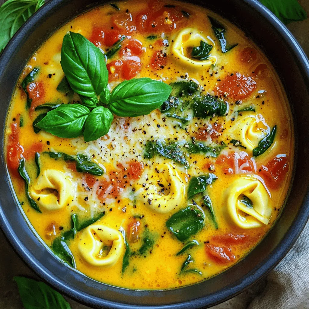 - 2 tablespoons olive oil - 1 medium onion, diced - 3 cloves garlic, minced - 1 can (28 ounces) crushed tomatoes - 4 cups vegetable broth - 1 teaspoon dried basil - 1 teaspoon dried oregano - Salt and pepper to taste - 1 package (9 ounces) fresh cheese tortellini - 2 cups fresh spinach, chopped - 1 cup heavy cream - Fresh basil leaves for garnish To make creamy tomato spinach tortellini soup, gather your ingredients first. Start with olive oil to add a nice flavor. You need one medium onion, diced, and three cloves of minced garlic for a tasty base. Next, grab a can of crushed tomatoes. This will give your soup a rich, tomato flavor. Also, you’ll need four cups of vegetable broth for the liquid. For seasoning, use one teaspoon each of dried basil and oregano. Don't forget to season with salt and pepper to taste. You will also need fresh cheese tortellini, about nine ounces, and two cups of chopped spinach. Finally, one cup of heavy cream will make the soup creamy and rich. Fresh basil leaves serve as a lovely garnish on top. By having all these ingredients ready, you set yourself up for a smooth cooking experience. It makes the process fun and enjoyable. Plus, you can focus on the flavors that come together in this delicious soup! 1. Start by heating 2 tablespoons of olive oil in a large pot on medium heat. 2. Dice one medium onion and add it to the pot. Cook until it turns soft and clear, about 5 minutes. 3. Next, mince 3 cloves of garlic and stir them in. Cook for one minute until you smell the garlic. 4. Pour in one can of crushed tomatoes, about 28 ounces, and 4 cups of vegetable broth. 1. Add 1 teaspoon of dried basil and 1 teaspoon of dried oregano. Season with salt and pepper to your taste. 2. Mix the ingredients well and bring the soup to a simmer. Let it cook for 10 minutes. This helps all the flavors blend together. 1. Add a package of fresh cheese tortellini, which is usually 9 ounces. Cook according to the package, around 5 to 7 minutes, until it's tender. 2. Stir in 2 cups of chopped fresh spinach. Let it wilt in the hot soup for about 2 minutes. 3. Lower the heat and slowly mix in 1 cup of heavy cream. Stir until it is all combined and cook for another 2 to 3 minutes. Adjust the seasoning if needed. 4. When done, remove the pot from the heat and serve the soup hot. Garnish with fresh basil leaves for a nice touch. To ensure the flavors meld well, simmer the soup for at least 10 minutes. This time allows the herbs to release their oils. When adding tortellini, cook it according to the package instructions. Usually, this takes about 5 to 7 minutes. This keeps the pasta firm without becoming mushy. For a great presentation, use deep bowls. Ladle the soup into bowls and add a few fresh basil leaves on top. A drizzle of olive oil adds flavor and looks nice. You can also sprinkle some grated Parmesan cheese for added taste. Always season to taste. After adding the cream, try a spoonful to check the flavor. You want a nice balance between creaminess and acidity. If it tastes too tangy, add a pinch of sugar to balance it out. This simple step can enhance the overall flavor. {{image_2}} You can easily make this soup vegetarian or vegan. Replace the heavy cream with coconut milk or cashew cream. This change adds creaminess without dairy. Use vegetable broth to keep it vegetarian-friendly. For gluten-free options, swap the cheese tortellini for gluten-free pasta. Many brands offer gluten-free tortellini, but you can also use rice or quinoa pasta. These options keep the soup hearty and delicious. Try adding different herbs or spices to enhance the flavor. Fresh thyme or rosemary can add a nice twist. A pinch of red pepper flakes gives a spicy kick to the soup. Experiment to find your favorite blend! You can also add extra vegetables for more nutrition. Carrots, zucchini, or bell peppers work great. Chop them small so they cook quickly. This change makes your soup even more colorful and tasty. If you can’t find tortellini, use other pasta types. Bowtie, shell, or rotini pasta can work just as well. Cook them according to the package instructions before adding them to the soup. Stuffed pasta variations are another fun option. Try using ravioli filled with cheese or spinach. The soup will soak up the flavors from the pasta, making it even better. After you cook the creamy tomato spinach tortellini soup, let it cool. Store leftovers in an airtight container. This keeps the soup fresh for up to three days in the fridge. When reheating, use a pot over low heat. Stir often to warm it evenly. You can also use a microwave. Heat in short bursts and stir in between. If you want to save some soup for later, freezing is a great option. Let the soup cool completely. Pour it into freezer-safe bags or containers. Remove as much air as possible to avoid freezer burn. It will stay fresh for up to three months. When ready to eat, thaw it overnight in the fridge. You can also thaw it in a pot over low heat. The shelf life of this soup depends on how you store it. In the fridge, expect freshness for about three days. In the freezer, it can last for three months. Always check for signs of spoilage before eating. Look for off smells, changes in color, or mold. If you notice any of these, it’s best to toss it out. Can I use frozen tortellini? Yes, you can use frozen tortellini in this soup. Just add it to the pot and cook it longer. Usually, it takes 2-3 extra minutes compared to fresh tortellini. This makes it easy for busy days. How can I make it spicier? To spice up your soup, add red pepper flakes or diced jalapeños. You can also use spicy sausage tortellini for more heat. Adjust to your taste and enjoy the kick! What can I serve with this soup? Serve the soup with warm crusty bread or a fresh salad. Garlic bread makes a great side too. These options balance the flavors and make a full meal. Caloric content and macronutrients One serving of this soup has about 350 calories. It includes around 12 grams of protein, 22 grams of fat, and 30 grams of carbs. The heavy cream adds richness, while tortellini gives it a hearty touch. Health benefits of the ingredients Tomatoes are rich in vitamins and antioxidants. Spinach adds iron and fiber. Olive oil provides healthy fats that support heart health. Together, they make this soup not just tasty, but good for you too. Can I use a slow cooker? Yes! You can make this soup in a slow cooker. Start by sautéing the onion and garlic on the stove. Then, add all other ingredients, except the cream and spinach, and cook on low for 6-8 hours. Stir in the cream and spinach before serving. How can I make it a one-pot meal? This soup is already simple! Just cook everything in one pot. Follow the recipe and add all ingredients at once. It saves time and clean-up. Plus, all the flavors blend beautifully! This blog post covered how to make a tasty tortellini soup. We discussed essential ingredients, step-by-step instructions, and cooking tips to get the best flavor. I shared variations and dietary options for everyone to enjoy. Finally, we explored storage and reheating methods to keep your soup fresh. Now, you have all the tools to create a warm, comforting meal. Dive in and enjoy the process!