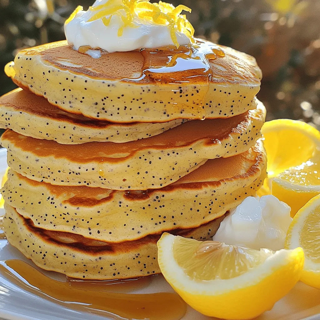 - 1 cup all-purpose flour - 1 tablespoon poppy seeds - 1 tablespoon baking powder - 1/4 teaspoon salt - 1 cup Greek yogurt - 1/2 cup milk - 2 large eggs - 1/4 cup honey or maple syrup - Zest of 1 lemon - 2 tablespoons fresh lemon juice - 2 tablespoons melted butter To make Greek yogurt lemon poppyseed pancakes, you need simple, fresh ingredients. Each item plays a key role. - All-purpose flour gives the pancakes structure. - Poppy seeds add a nice crunch and flavor. - Baking powder makes the pancakes fluffy. - Salt enhances all the flavors. - Greek yogurt gives moisture and creaminess. - Milk helps thin the batter for easier pouring. - Eggs bind the ingredients together. - Honey or maple syrup adds sweetness. - Lemon zest brings bright flavor. - Fresh lemon juice adds a zesty kick. - Melted butter adds richness and flavor to the mix. - Calories per serving: About 200 calories. - Breakdown of macronutrients: Each pancake has around 8g of protein, 5g of fat, and 30g of carbohydrates. - Health benefits of Greek yogurt: Greek yogurt is high in protein and probiotics. It supports gut health and helps with digestion. These pancakes not only taste great but also pack a nutritious punch. Enjoying them gives you a treat that is good for your body too. Begin by taking a medium bowl. Add 1 cup of all-purpose flour. Next, add 1 tablespoon of poppy seeds. Include 1 tablespoon of baking powder and 1/4 teaspoon of salt. Use a whisk to mix these dry ingredients well. This step ensures that all flavors blend nicely. Now, grab another bowl. In this bowl, mix 1 cup of Greek yogurt with 1/2 cup of milk. Add 2 large eggs, 1/4 cup of honey or maple syrup, and the zest of 1 lemon. Squeeze in 2 tablespoons of fresh lemon juice. Pour in 2 tablespoons of melted butter too. Stir until this mixture is smooth and creamy. Carefully add the dry ingredients into the wet mixture. Stir gently to combine them. It is okay if a few lumps remain. Do not overmix; this keeps the pancakes fluffy and light. Heat a non-stick skillet or griddle over medium heat. Add a small amount of butter to coat the skillet. Pour about 1/4 cup of batter for each pancake onto the skillet. Cook for 2-3 minutes until bubbles form on the surface. When the edges look set, flip the pancake. Cook for an additional 2 minutes, or until golden brown. Repeat this with the rest of the batter, adding more butter as needed. Serve these pancakes warm. Top them with extra Greek yogurt, fresh berries, or a drizzle of honey or maple syrup. For a beautiful look, stack the pancakes high. Sprinkle some extra poppy seeds and lemon zest on top. Add lemon wedges and a dollop of Greek yogurt for a refreshing touch. To make your pancakes fluffy, avoid overmixing the batter. When you combine the dry and wet ingredients, stir gently. A few lumps are okay. Overmixing can make your pancakes dense. Next, find the right cooking temperature. Heat your skillet over medium heat. If it’s too hot, the pancakes will burn on the outside but stay raw inside. A drop of water should sizzle and evaporate quickly when the skillet is ready. If you don't have Greek yogurt, you can use regular yogurt. It will change the texture a bit, but it will still taste great. For a dairy-free option, try coconut yogurt or almond yogurt. For milk, almond milk or oat milk works well too. These options keep the flavor light and nice. Always check if they are unsweetened to keep the taste balanced. {{image_2}} You can make these pancakes even more fun by adding fruit or spices. Adding fruit like blueberries or strawberries gives a fresh taste. You could fold in about one cup of fresh berries into the batter. This makes each bite juicy and sweet. You can also sprinkle in a teaspoon of cinnamon. This adds warmth and depth to the flavor. If you need a gluten-free choice, use a gluten-free flour blend. Look for blends that have a mix of rice flour, tapioca, and potato starch. These work well in pancakes. You might need to adjust the liquid slightly, so keep an eye on the batter’s thickness. You can play with the size of your pancakes too. For mini pancakes, pour about two tablespoons of batter. These cook faster and are fun to stack. Regular-sized pancakes use about a quarter cup of batter. Both sizes are tasty and can be topped in many ways. To keep your leftover pancakes fresh, first let them cool. Place them in an airtight container. This helps prevent them from drying out. You can store them in the fridge for up to three days. If you want to keep them longer, consider freezing them. For freezing, stack the pancakes with parchment paper in between each. This stops them from sticking together. Then, wrap the stack tightly in plastic wrap or foil. Place it in a freezer bag. You can freeze them for up to three months. When you're ready to enjoy your pancakes again, you have a few good options. For the best results, use a skillet. Heat a small amount of butter in the pan over medium heat. Place the pancakes in the skillet for about one to two minutes per side. This keeps them warm and crispy. You can also use a microwave for a quick option. Place the pancakes on a microwave-safe plate. Cover them with a damp paper towel to keep moisture in. Heat them in 20-second bursts until warm. Just be careful not to overheat, or they may become tough. Yes, you can make these pancakes ahead of time. Cook them as usual and let them cool. Store them in an airtight container in the fridge for up to three days. When ready to eat, reheat in a skillet or microwave. They taste great even after a day or two! If you need a substitute for poppy seeds, try chia seeds or flaxseeds. Both options add texture, but their flavors differ. You could also use sesame seeds for a nutty twist. Each choice will change the taste a bit, but they will still be delicious! To amp up the lemon flavor, add more lemon zest and juice. Try using the zest of two lemons instead of one. You can also add a splash of lemon extract for an extra boost. Just remember, a little goes a long way! Yes, these pancakes are great for meal prep! You can make a big batch and freeze them. Stack them with parchment paper in between each pancake to avoid sticking. When you're ready, just reheat them. Perfect for busy mornings! You now have a complete guide to making delicious pancakes. We covered key ingredients like Greek yogurt and lemon juice, vital for flavor and nutrition. I shared step-by-step instructions for mixing and cooking your batter. Plus, you learned tips to make them fluffy and silly good. Remember, you can customize your pancakes with fruits or gluten-free options. Enjoy experimenting with flavors and presentations. Delight your taste buds with these easy-to-make pancakes!