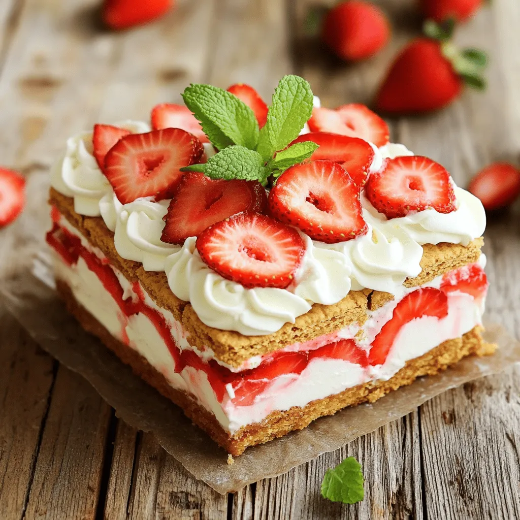 For this delightful cake, you need 1 pound of fresh strawberries. Make sure they are ripe and sweet. Rinse them well, hull them, and slice them. The strawberries add a burst of flavor and color to your dessert. Toss them with 2 tablespoons of powdered sugar. Let them sit for about 15 minutes. This draws out their juices, making them juicy and sweet. Next, you will need 2 cups of heavy whipping cream. This cream gives the cake its rich texture. Add 1/2 cup of powdered sugar. The sugar sweetens the cream and balances the tartness of the strawberries. Don’t forget to include 1 teaspoon of vanilla extract for added flavor. For a fresh twist, zest 1 lemon into the cream. This will brighten up the taste. You will also need 18-24 graham crackers. The number depends on your pan size. These crackers form the base and layers of the cake. They absorb moisture and soften as they chill. Finally, feel free to add mint leaves for garnish. They add a lovely touch and a hint of fresh flavor to your cake slices. To start, you need one pound of fresh strawberries. Rinse them well and remove the green tops. Cut the strawberries into slices. In a medium bowl, mix the sliced strawberries with two tablespoons of powdered sugar. Toss them gently so the sugar coats every slice. Let them sit for about 15 minutes. This step helps draw out the juices. You will see the strawberries become juicy and sweet, perfect for our cake. Next, grab a large mixing bowl and add two cups of heavy whipping cream. You will also need half a cup of powdered sugar, one teaspoon of vanilla extract, and the zest of one lemon. Using an electric mixer, whip the cream on medium speed. Keep mixing until you see soft peaks form. This fluffy whipped cream is key to a tasty icebox cake. The lemon zest adds a bright flavor, making it even better. Now it's time to layer your cake. Start with a layer of graham crackers at the bottom of a rectangular or square dish. Make sure they cover the bottom completely. Next, spread a layer of the whipped cream over the crackers. Then, add a layer of the sugared strawberries. Repeat this process: more graham crackers, more whipped cream, and strawberries. Keep going until you use all your ingredients. Finish with a layer of whipped cream on top. After that, cover the dish with plastic wrap. Place it in the fridge for at least four hours, or overnight if you can wait. This lets the graham crackers soak up the strawberry juice and soften. When ready to serve, slice into squares and enjoy! To make great whipped cream, start with cold tools. Use a chilled bowl and beaters. This helps the cream whip faster. Pour in the heavy cream and add powdered sugar, vanilla, and lemon zest. Whip until soft peaks form. Don’t overwhip, or it will turn grainy. Layering is key for a great icebox cake. Start with a layer of graham crackers. Place them flat in your dish. Then, spread a layer of whipped cream on top. Follow this with a layer of strawberries. Repeat until you use all ingredients. Finish with whipped cream on top for a nice look. When serving, cut the cake into squares. Place each piece on a dessert plate. Drizzle any leftover strawberry juices on the plate. Add a sprig of mint on top for color. This makes each slice look special and fresh. Enjoy your beautiful dessert! {{image_2}} You can switch things up with flavors. Instead of strawberries, try mixed berries. Use blueberries, raspberries, and blackberries for a colorful twist. You can even blend the berries for a smooth filling. If you love chocolate, use chocolate pudding instead of whipped cream. Layer it with graham crackers for a rich treat. You can make this dessert gluten-free easily. Just swap out regular graham crackers for gluten-free ones. Many brands offer great gluten-free options. Check the label to make sure they fit your needs. With this simple change, everyone can enjoy your icebox cake. If you want less sugar, try alternative sweeteners. Use honey or maple syrup instead of powdered sugar. You can also use stevia or monk fruit sweetener. These options can make the cake healthier. Just remember to adjust the amounts to get the right sweetness. Enjoy your cake without guilt! To store your No Bake Strawberry Shortcake Icebox Cake, cover it tightly with plastic wrap or aluminum foil. This keeps the cake fresh and prevents any odors from the fridge. You can also use an airtight container if you have one large enough. Make sure it is in the coldest part of your fridge for the best results. For the best flavor and texture, enjoy your cake within three to four days. After this time, the graham crackers may get too soft. The strawberries will also start to lose their freshness. If you can, eat it sooner for that perfect balance of flavors and textures. This cake is best served cold, so there's no need to reheat. If you feel it needs a little boost, consider adding fresh strawberries on top. You can also whip up a small batch of cream to dollop on each slice. This will refresh the cake and enhance its look and taste. Yes, you can make this cake ahead of time. In fact, it tastes better when chilled. I suggest preparing it the night before. This gives the graham crackers time to soak up the sweet strawberry juices. Plus, it will be ready when you need it! If you don't have heavy whipping cream, you can use coconut cream. Chill a can of coconut milk overnight, then scoop out the thick cream. This makes a great dairy-free option. You can also try using whipped topping, like Cool Whip, for a quick fix. The cake needs at least 4 hours in the fridge to set. For the best flavor and texture, I recommend letting it chill overnight. This helps the layers meld together, making each slice creamy and delicious. Before serving, make sure it is cold and ready to enjoy! This no-bake strawberry shortcake icebox cake is simple and fun to make. We covered fresh strawberries, whipped cream, and all the essential parts. You learned how to layer your cake perfectly for great taste and looks. I shared tips for making creamy whipped cream and how to store leftovers. With flavor twists and gluten-free options, there’s something for everyone. Remember, making desserts should be enjoyable! Try this easy cake for your next gathering. You will impress your friends and family!
