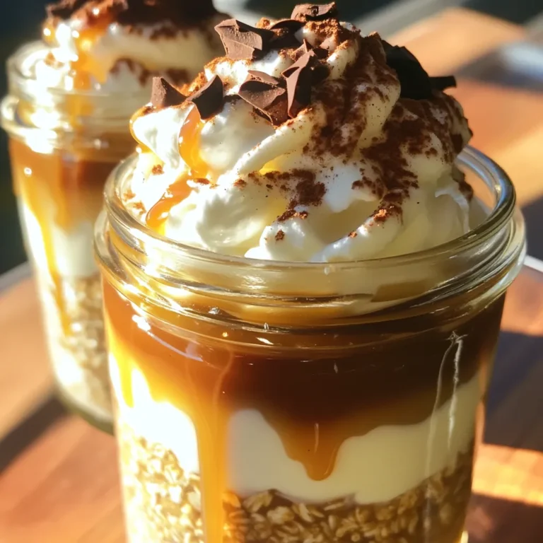 To make caramel macchiato overnight oats, you need these simple items: - 1 cup rolled oats - 1 cup milk (dairy or non-dairy) - 1/2 cup brewed coffee, cooled - 2 tablespoons caramel sauce (plus extra for drizzling) - 1 tablespoon maple syrup - 1/2 teaspoon vanilla extract - 1/4 teaspoon cinnamon - Pinch of salt You can make your oats even better by adding these toppings: - Whipped cream - Chocolate shavings - A sprinkle of cinnamon If you need to change some ingredients, here are some ideas: - Use almond milk or oat milk instead of dairy milk. - Swap the caramel sauce for chocolate syrup if you prefer. - Use agave syrup in place of maple syrup for a different taste. - If you want a stronger coffee flavor, use espresso instead of brewed coffee. Start by taking a medium bowl. Add 1 cup rolled oats to the bowl. Next, pour in 1 cup milk. You can use dairy or any non-dairy milk. Then, add 1/2 cup brewed coffee that has cooled down. This is the key for that coffee flavor. Now, drizzle in 2 tablespoons caramel sauce. For extra sweetness, mix in 1 tablespoon maple syrup. Next, add 1/2 teaspoon vanilla extract for a warm taste. Sprinkle in 1/4 teaspoon cinnamon and a pinch of salt. Stir everything well until it is all mixed evenly. Now, you need jars for the overnight oats. Take two jars or containers. Make sure they have tight-fitting lids. Divide the oat mixture from the bowl into these jars. Fill them up evenly. This recipe makes enough for two servings. Leave a little space at the top of each jar. This is for toppings later. Seal the jars tightly. Place them in the refrigerator. Let them chill for at least 4 hours. For the best taste, leave them overnight. This allows the oats to soak up all the flavors. In the morning, open the jars. Stir the oats well. If they seem too thick, add a splash of milk. This helps to reach your perfect texture. Enjoy your cold and delicious breakfast! To get that creamy texture, start with rolled oats. They soak up liquid well. Mix the oats with milk and coffee. This helps them soften overnight. If your oats feel thick the next morning, add a splash of milk. Stir well to blend everything together. A pinch of salt can also enhance the flavor. You can serve these oats in jars. It makes a fun breakfast for busy days. Top with whipped cream for a treat. Drizzle with extra caramel sauce for sweetness. For a crunchy twist, add chocolate shavings or a sprinkle of cinnamon. You can mix and match toppings to fit your taste. These overnight oats are perfect for meal prep. You can make them the night before. Just mix the ingredients and store them in the fridge. They last well for up to three days. This makes mornings easy and stress-free. Grab a jar, and you’re ready to go! {{image_2}} You can change the taste of your caramel macchiato overnight oats easily. Try adding different flavors like: - Chocolate: Mix in cocoa powder or use chocolate almond milk. - Nutty: Stir in some almond butter or peanut butter for a rich taste. - Fruity: Add fresh berries, banana slices, or diced apples for natural sweetness. These options let you enjoy new flavors while keeping the base recipe the same. You can adjust this recipe to fit your dietary needs. Here are some ideas: - Gluten-Free: Use gluten-free rolled oats. They work just as well. - Dairy-Free: Swap regular milk for almond, oat, or coconut milk. - Nut-Free: If you have nut allergies, stick with soy or rice milk. These changes keep the dish tasty and safe for everyone. If you want to try different sweeteners, here are some options: - Honey: Use honey instead of maple syrup for a floral touch. - Agave Nectar: This sweetener is light and has a neutral flavor. - Stevia: A low-calorie option that adds sweetness without extra calories. Experimenting with sweeteners lets you find the perfect balance for your taste. Store your Caramel Macchiato Overnight Oats in the fridge. Use airtight jars or containers. This keeps the oats fresh and tasty. Make sure to seal them well. You can enjoy them cold right from the fridge. These oats last about 3 to 5 days in the fridge. After that, the texture may change. They will still be safe to eat but may not taste as good. If you notice any odd smells or colors, it’s best to toss them. You can freeze your overnight oats for longer storage. Divide the mixture into freezer-safe jars. Leave some space at the top for expansion. They can last up to 3 months in the freezer. To eat, just thaw them overnight in the fridge. You can also heat them up in the microwave if you prefer a warm breakfast. Yes, you can use instant oats. Instant oats cook faster and absorb liquid quickly. This means your overnight oats may be softer and creamier. If you choose instant oats, cut down the soaking time to about 2 hours. This keeps them from getting too mushy. To make this recipe vegan, swap the milk for a plant-based milk. Almond, oat, or soy milk work great. Also, use a vegan caramel sauce and maple syrup. These simple swaps keep all that caramel flavor while making it plant-friendly. You have many fun topping options! Here are a few ideas: - Whipped coconut cream - Fresh fruit like bananas or berries - Chopped nuts for crunch - A sprinkle of cocoa powder - A drizzle of chocolate sauce These toppings add flavor and texture to your oats. Experiment with what you like best! This blog post covered all the key parts of making overnight oats. We looked at the ingredients, possible toppings, and helpful substitutions. I shared easy step-by-step instructions and tips for creaminess. You can try flavor variations and make dietary changes to fit your needs. Don’t forget key storage info, so your oats stay fresh. With these insights, you can enjoy a tasty breakfast that's easy to prepare and personalize. Now, you can create your perfect version of overnight oats with confidence!