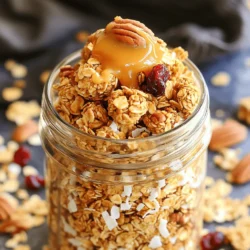 - 2 cups rolled oats - 1 cup pecans, roughly chopped - 1/2 cup unsweetened shredded coconut - 1/4 cup flax seeds - 1/2 teaspoon cinnamon - 1/4 teaspoon salt - 1/2 cup maple syrup - 1/4 cup almond butter (or alternative nut butter) - 1 teaspoon vanilla extract - 1/2 cup dried cranberries or raisins (optional) Gathering these ingredients is the first step to making the best maple pecan granola clusters. Each item serves a unique purpose in the recipe. The rolled oats form the base, while pecans add crunch. Coconut gives a nice texture, and flax seeds boost nutrition. Cinnamon and salt enhance flavors, making each bite delightful. Maple syrup is the star, adding sweetness and a hint of flavor. Almond butter acts as a binder, helping everything stick together. Finally, vanilla extract brings warmth to the mix. You can add dried cranberries or raisins for a sweet surprise. This list covers everything you need for a tasty and nutritious snack. Using fresh, quality ingredients will make your granola even better. So, gather your items and get ready to create something delicious! - Preheat your oven to 325°F (165°C). - Line a baking sheet with parchment paper. - Combine 2 cups of rolled oats, 1 cup of roughly chopped pecans, 1/2 cup of shredded coconut, 1/4 cup of flax seeds, 1/2 teaspoon of cinnamon, and 1/4 teaspoon of salt in a large bowl. - Stir until well mixed. - In a small saucepan, combine 1/2 cup of maple syrup, 1/4 cup of almond butter, and 1 teaspoon of vanilla extract. - Melt and mix over low heat until smooth. - Pour the warm maple mixture over the dry ingredients in the bowl. - Stir until all the dry ingredients are fully coated. - Spread the mixture evenly on the prepared baking sheet, pressing down to form clusters. - Bake for 25-30 minutes, stirring halfway through to ensure even baking. - Allow the granola to cool completely on the baking sheet. - Once cooled, break it into clusters and store in an airtight container. To get the best granola clusters, stir the mixture halfway through baking. This helps it bake evenly. Press the mixture down firmly on the baking sheet. Doing this creates nice, thick clusters when it cools. I love serving this granola in a mason jar or a decorative bowl. It looks great and makes a fun snack. You can also pair it with yogurt or blend it into smoothies. This adds creaminess and extra flavor to your meals. Want to spice things up? Add a pinch of nutmeg or ginger for extra flavor. You can also mix in chocolate chips or seeds for variety. This makes your granola even more exciting to eat. Enjoy experimenting with flavors! {{image_2}} You can easily change the nuts in this recipe. Swap pecans with walnuts or almonds. Both will give you a nice crunch. You can also experiment with chia seeds or pumpkin seeds. They add a fun twist and extra nutrition. If you want to switch up the sweetener, you can use honey or agave nectar. Both options work well and taste great. Adjust the sweetness based on your own taste. This way, you can make it just right for you. For a boost of flavor and nutrition, add dried fruits like apricots or figs. These fruits add a chewy texture and natural sweetness. You can also mix in protein powder. This gives your snack an extra protein kick, perfect for busy days. To keep your maple pecan granola clusters fresh, store them in an airtight container. This prevents air and moisture from making them soggy. Place the container in a cool, dry place. This ensures they stay crunchy and tasty. These granola clusters last up to 2 weeks at room temperature. If you want them to stay fresh longer, you can refrigerate them. The cold will help keep their flavor and texture intact for a bit more time. For even longer storage, you can freeze the granola clusters. Just place them in a freezer-safe bag or container. When you're ready to eat, thaw them at room temperature. This way, you can enjoy your tasty snack anytime! - Follow the step-by-step instructions provided above. Start by preheating your oven. Next, mix the dry ingredients in a bowl. Melt the wet ingredients in a saucepan. Combine them and bake until golden. - Yes, almonds or walnuts can be great substitutes. Each nut adds its own flavor. Feel free to mix and match for your taste. - Ensure oats are certified gluten-free for a gluten-free option. This way, you can enjoy it without worry. - Reduce the amount of maple syrup to lower sweetness. You can also try adding more oats to balance it out. - Ideal with yogurt, smoothies, or as a snack on its own. You can also sprinkle it over fruit or ice cream for a treat. Making your own maple pecan granola clusters is simple and fun. You can mix rolled oats, nuts, and sweeteners to create a tasty treat. Remember to follow the steps for perfect clusters and try different variations based on your taste. Store your granola properly to keep it fresh. Enjoy your healthy snack with yogurt or on its own. I hope you are excited to try this recipe! It is easy to make and delicious to eat.