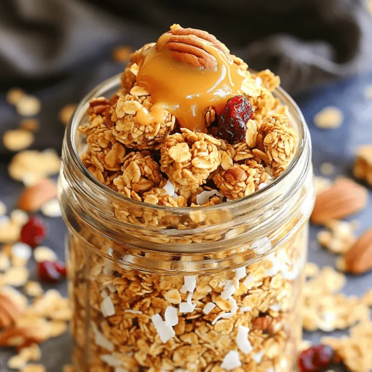 - 2 cups rolled oats - 1 cup pecans, roughly chopped - 1/2 cup unsweetened shredded coconut - 1/4 cup flax seeds - 1/2 teaspoon cinnamon - 1/4 teaspoon salt - 1/2 cup maple syrup - 1/4 cup almond butter (or alternative nut butter) - 1 teaspoon vanilla extract - 1/2 cup dried cranberries or raisins (optional) Gathering these ingredients is the first step to making the best maple pecan granola clusters. Each item serves a unique purpose in the recipe. The rolled oats form the base, while pecans add crunch. Coconut gives a nice texture, and flax seeds boost nutrition. Cinnamon and salt enhance flavors, making each bite delightful. Maple syrup is the star, adding sweetness and a hint of flavor. Almond butter acts as a binder, helping everything stick together. Finally, vanilla extract brings warmth to the mix. You can add dried cranberries or raisins for a sweet surprise. This list covers everything you need for a tasty and nutritious snack. Using fresh, quality ingredients will make your granola even better. So, gather your items and get ready to create something delicious! - Preheat your oven to 325°F (165°C). - Line a baking sheet with parchment paper. - Combine 2 cups of rolled oats, 1 cup of roughly chopped pecans, 1/2 cup of shredded coconut, 1/4 cup of flax seeds, 1/2 teaspoon of cinnamon, and 1/4 teaspoon of salt in a large bowl. - Stir until well mixed. - In a small saucepan, combine 1/2 cup of maple syrup, 1/4 cup of almond butter, and 1 teaspoon of vanilla extract. - Melt and mix over low heat until smooth. - Pour the warm maple mixture over the dry ingredients in the bowl. - Stir until all the dry ingredients are fully coated. - Spread the mixture evenly on the prepared baking sheet, pressing down to form clusters. - Bake for 25-30 minutes, stirring halfway through to ensure even baking. - Allow the granola to cool completely on the baking sheet. - Once cooled, break it into clusters and store in an airtight container. To get the best granola clusters, stir the mixture halfway through baking. This helps it bake evenly. Press the mixture down firmly on the baking sheet. Doing this creates nice, thick clusters when it cools. I love serving this granola in a mason jar or a decorative bowl. It looks great and makes a fun snack. You can also pair it with yogurt or blend it into smoothies. This adds creaminess and extra flavor to your meals. Want to spice things up? Add a pinch of nutmeg or ginger for extra flavor. You can also mix in chocolate chips or seeds for variety. This makes your granola even more exciting to eat. Enjoy experimenting with flavors! {{image_2}} You can easily change the nuts in this recipe. Swap pecans with walnuts or almonds. Both will give you a nice crunch. You can also experiment with chia seeds or pumpkin seeds. They add a fun twist and extra nutrition. If you want to switch up the sweetener, you can use honey or agave nectar. Both options work well and taste great. Adjust the sweetness based on your own taste. This way, you can make it just right for you. For a boost of flavor and nutrition, add dried fruits like apricots or figs. These fruits add a chewy texture and natural sweetness. You can also mix in protein powder. This gives your snack an extra protein kick, perfect for busy days. To keep your maple pecan granola clusters fresh, store them in an airtight container. This prevents air and moisture from making them soggy. Place the container in a cool, dry place. This ensures they stay crunchy and tasty. These granola clusters last up to 2 weeks at room temperature. If you want them to stay fresh longer, you can refrigerate them. The cold will help keep their flavor and texture intact for a bit more time. For even longer storage, you can freeze the granola clusters. Just place them in a freezer-safe bag or container. When you're ready to eat, thaw them at room temperature. This way, you can enjoy your tasty snack anytime! - Follow the step-by-step instructions provided above. Start by preheating your oven. Next, mix the dry ingredients in a bowl. Melt the wet ingredients in a saucepan. Combine them and bake until golden. - Yes, almonds or walnuts can be great substitutes. Each nut adds its own flavor. Feel free to mix and match for your taste. - Ensure oats are certified gluten-free for a gluten-free option. This way, you can enjoy it without worry. - Reduce the amount of maple syrup to lower sweetness. You can also try adding more oats to balance it out. - Ideal with yogurt, smoothies, or as a snack on its own. You can also sprinkle it over fruit or ice cream for a treat. Making your own maple pecan granola clusters is simple and fun. You can mix rolled oats, nuts, and sweeteners to create a tasty treat. Remember to follow the steps for perfect clusters and try different variations based on your taste. Store your granola properly to keep it fresh. Enjoy your healthy snack with yogurt or on its own. I hope you are excited to try this recipe! It is easy to make and delicious to eat.