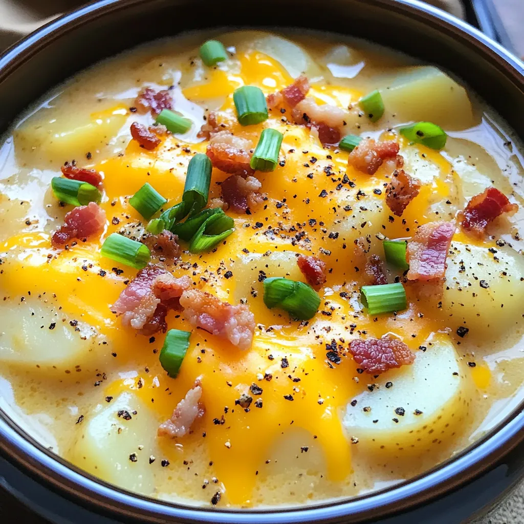 For a great bowl of loaded potato soup, you need these key ingredients: - 4 large russet potatoes, peeled and diced - 1 medium onion, chopped - 3 cloves garlic, minced - 4 cups vegetable broth - 1 cup heavy cream (or coconut milk for a dairy-free option) - 1 cup sharp cheddar cheese, shredded - 1 cup cooked bacon bits (or crispy chickpeas for a vegetarian option) - 1/2 cup sour cream (or Greek yogurt) - 1 teaspoon dried thyme - Salt and pepper to taste - Chopped green onions for garnish - Freshly ground black pepper for garnish These ingredients mix well to create a creamy and hearty soup. The russet potatoes add body, while the onions and garlic give it depth. The heavy cream or coconut milk makes it rich. You can switch some ingredients based on your needs. For a vegetarian version, use crispy chickpeas instead of bacon. For a dairy-free option, substitute heavy cream with coconut milk. You can also use Greek yogurt instead of sour cream for a tangy kick. These swaps keep the soup tasty while catering to different diets. Toppings can make your soup even better. Here are some ideas: - Chopped green onions for freshness - Shredded cheese for extra creaminess - Crumbled bacon for a savory crunch - A dollop of sour cream or Greek yogurt for tang Feel free to mix and match these toppings. They add layers of flavor and texture to your soup. Start by peeling the russet potatoes. Use a sturdy peeler for best results. Once peeled, dice the potatoes into small cubes. Aim for about one-inch pieces. This size helps them cook evenly. Next, chop the medium onion into small pieces. Then, mince the three garlic cloves. You can use a knife or a garlic press. Gather all your ingredients to make cooking easier. Layer the diced potatoes in the slow cooker first. This helps them cook well. Add the chopped onion next, followed by the minced garlic. Sprinkle in the dried thyme for flavor. Pour in the vegetable broth. Make sure the broth fully covers the potatoes. Season with salt and pepper to your liking. Cover the slow cooker and set it on low for 6-8 hours. If you’re short on time, cook on high for 4 hours. The potatoes should be tender when done. Once the soup is cooked, it’s time to blend. You can use a potato masher for a chunkier texture. If you want it creamier, use an immersion blender. Blend until you reach your desired consistency. Stir in the heavy cream or coconut milk next. Add the shredded cheddar cheese and mix until it melts. Taste the soup and adjust the seasoning if needed. Finally, stir in the sour cream for a nice tang. Add the cooked bacon bits or crispy chickpeas last. Cover and let it cook for another 30 minutes. This melds all the flavors together. To boost the taste of your soup, start with fresh ingredients. Fresh potatoes, onions, and garlic make a big difference. Here are some tips: - Season well: Use salt and pepper at every stage. This builds layers of flavor. - Herbs: Try adding fresh herbs like parsley or chives. They brighten the dish. - Spices: A pinch of smoked paprika can add a nice depth. - Acidity: A splash of lemon juice before serving can enhance the soup's flavors. - Umami: Add a bit of soy sauce or Worcestershire sauce for extra savory notes. When making loaded potato soup, some mistakes can ruin the dish. Here’s what to watch out for: - Overcooking: Don't let the potatoes turn mushy. Cook just until tender. - Blending too much: If you want chunks, don’t over-blend. Keep some texture. - Ignoring seasoning: Taste as you cook. Adjust seasoning to your liking. - Using low-quality broth: A good broth makes a big difference. Choose a quality brand. - Skipping the garnish: Garnishes add flavor and make the soup look appealing. Having the right tools can make cooking more fun and efficient. Here are my top picks: - Slow cooker: A reliable slow cooker cooks evenly and saves time. - Potato masher: Use this to blend your soup to your desired texture. - Immersion blender: This tool lets you blend without transferring the soup. - Measuring cups and spoons: Accurate measurements ensure your flavors balance well. - Chopping board and knife: Sharp knives make chopping fast and easy. With these tips, your slow cooker loaded potato soup can become a warm, flavorful dish that everyone loves. Enjoy your cooking! {{image_2}} You can change the flavor of your loaded potato soup by using different broths. Instead of vegetable broth, try chicken or beef broth for a heartier taste. Each broth brings its own unique flavor. For the cream, heavy cream is rich, but you can use coconut milk for a lighter, dairy-free option. This swap gives a subtle sweetness that pairs well with the potatoes. Want to add some protein? You can use cooked turkey or chicken for a classic twist. For a vegetarian option, consider crispy chickpeas instead of bacon. They add crunch and a tasty flavor. You can also skip the meat entirely and focus on the creamy potatoes. This makes the soup a great choice for everyone. Adding seasonal vegetables can make your soup even better. In fall, try adding diced carrots or squash for sweetness. In spring, stir in fresh peas or asparagus for a pop of color and taste. Fresh herbs, like chives or parsley, can brighten the dish too. These simple changes keep the soup fresh and exciting all year round. To keep your loaded potato soup fresh, let it cool first. Once cooled, transfer it to an airtight container. You can refrigerate your soup for up to four days. If you want to store it longer, freeze it instead. Use freezer-safe bags or containers for this. Make sure to leave some space in the container. The soup will expand when frozen. When you’re ready to enjoy your soup again, reheat it gently. You can use the stove or microwave for this. If using the stove, pour the soup into a pot and heat over medium-low. Stir often to avoid burning. For the microwave, heat in short bursts. Stir between each burst to ensure even heating. Add a splash of broth or cream to thin it out if needed. The soup lasts about four days in the fridge. If you freeze it, it can last for three months. After that, the flavor might fade. Always check for any off smells or mold before eating. If you see any, it's best to toss the soup. Yes, you can make this soup ahead of time. Just prepare it as the recipe states. Once cooked, let it cool. Then, store it in an airtight container in the fridge. This soup stays fresh for about four days. You can also freeze it for up to three months. To reheat, just warm it on the stove or in the microwave. If the soup is too thick after freezing, add a bit of broth or water. If you lack a slow cooker, use a large pot or Dutch oven. Start by sautéing the onions and garlic on the stove. Then, add the diced potatoes and broth. Bring it to a boil. Once boiling, reduce the heat to low and cover. Let it simmer for about 30-40 minutes, or until the potatoes are tender. Finally, blend it as needed and mix in the cream and cheese. Yes, this soup can be gluten-free. Use gluten-free vegetable broth and ensure the bacon bits are gluten-free as well. If you want to keep it gluten-free, you can swap sour cream for Greek yogurt. This way, you enjoy the same creamy taste without gluten. Always check labels to confirm that your ingredients are safe. This article covered how to make delicious slow cooker loaded potato soup. I shared key ingredients, tips for flavor, and common mistakes to avoid. You learned about optional add-ins for different diets and ways to store leftovers. My final thoughts? Experiment with flavors and have fun! This soup is easy to make and perfect for any occasion. Enjoy your cooking journey!