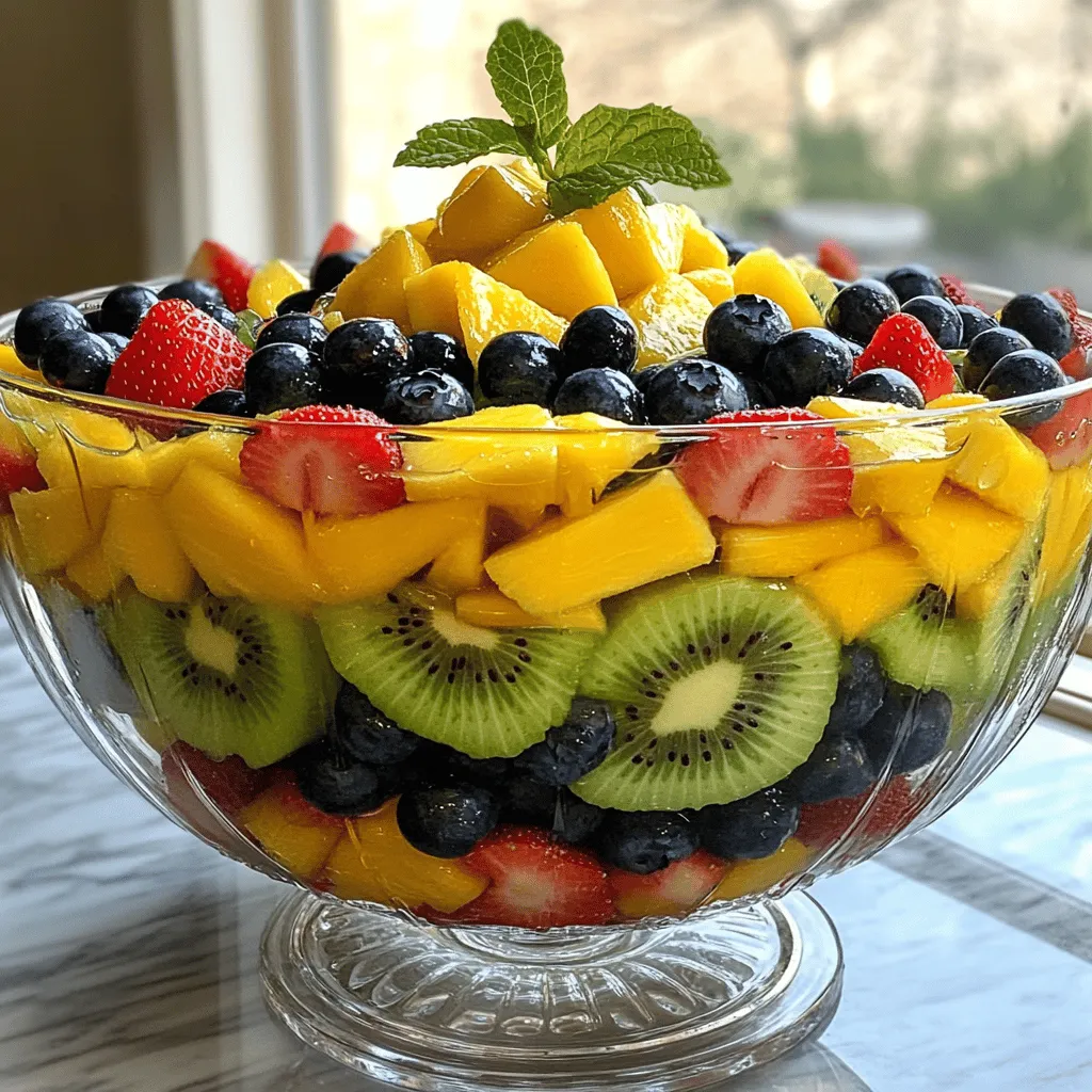 To make this Honey Lime Fruit Salad, gather these fresh ingredients: - 1 cup strawberries, hulled and sliced - 1 cup blueberries - 1 cup kiwi, peeled and diced - 1 cup pineapple, cubed - 1 cup mango, diced - 2 tablespoons honey - 2 tablespoons lime juice - 1 tablespoon fresh mint, finely chopped (optional) When choosing fruits, freshness makes a big difference. Here are some tips: - Strawberries: Look for bright red berries with no white tips. - Blueberries: Pick plump, firm blueberries. Avoid any that are soft or mushy. - Kiwi: Choose kiwis that feel slightly soft when gently squeezed. - Pineapple: Select a pineapple with a sweet smell at the base. - Mango: Ripe mangoes should give a little when pressed. You can swap out fruits based on your preference or what's in season. Here are some ideas: - Strawberries: Use raspberries or blackberries instead. - Kiwi: Substitute with sliced bananas or peaches. - Pineapple: Try using papaya or oranges for a different twist. - Mango: Adjust with chopped apples or pears for crunch. These options keep the salad exciting and cater to your taste! First, gather your fruits. You will need strawberries, blueberries, kiwi, pineapple, and mango. Rinse them all under cold water. For the strawberries, hull them and slice them into thin pieces. Peel the kiwi and dice it into small cubes. Chop the pineapple into bite-sized chunks and dice the mango. Once all the fruits are ready, place them in a large mixing bowl. This is where the fun begins! Gently toss the fruits together. You want them mixed, but be careful not to squish them. Each fruit should stay whole and bright. Now, let’s make the dressing. In a small bowl, combine two tablespoons of honey and two tablespoons of lime juice. Use a whisk to mix them together. Keep whisking until the honey fully dissolves. This dressing will add a sweet and tangy flavor to the fruit salad. Time to bring it all together! Drizzle the honey lime dressing over the mixed fruits in your large bowl. If you like mint, sprinkle some on top now. Gently toss everything together. Make sure every piece of fruit is coated in the dressing. Be gentle; we don’t want to mash any of the fruit! Let the salad sit for about 10 minutes. This will help the flavors blend. After that, your refreshing honey lime fruit salad is ready to serve! Enjoy the bright colors and fresh tastes. Serve this fruit salad in a clear bowl. The bright colors look amazing. You can also use small glasses for individual servings. Add a mint leaf on top for a nice touch. This makes each bowl pop with color. Choose ripe and fresh fruits. Look for strawberries that are bright red and firm. Blueberries should be plump and shiny. Kiwi should feel slightly soft, but not mushy. Pineapple should smell sweet and have a golden color. Mangoes should yield slightly to gentle pressure. If you want it sweeter, add more honey. Mix in a little at a time. Taste after each addition. If it’s too sweet, squeeze in more lime juice. This makes the flavors balance nicely. You can also try adding a pinch of salt to enhance the flavors. {{image_2}} You can easily create a tropical version of this salad. Think about using fruits like papaya, banana, or passion fruit. These fruits add a sweet, exotic flavor. You can also include coconut flakes to enhance that tropical vibe. Just imagine biting into the sweet, juicy fruit with a slight crunch from the coconut. It's like a mini-vacation in a bowl! Seasonal fruits make the salad fresh and fun. In winter, use citrus fruits like oranges and grapefruits. They add brightness and a zesty kick. In fall, apples and pears work well and give a crunchy texture. You can mix and match according to what is ripe and tasty. This keeps your fruit salad exciting all year round! For a delightful crunch, consider adding nuts or seeds. Almonds, walnuts, or pecans are great choices. They add a nice texture and healthy fats. If you prefer seeds, try sunflower or chia seeds. Just sprinkle them on top before serving. This little addition makes your salad both tasty and nutritious! To keep your fruit salad fresh, use an airtight container. This helps keep air out and prevents the fruits from browning. Make sure the salad is cool before sealing it. If you have mint in the salad, it's best to remove it before storage. This keeps the mint from wilting too quickly. Your honey lime fruit salad stays fresh for about 2 to 3 days in the fridge. After that, the fruit may start to lose its taste and texture. Always check for any signs of spoilage before eating. Look for mushy fruits or an off smell. If you notice either, it’s best to toss it. Freezing fruit salad is not the best option. The texture of fruits changes when frozen. However, you can freeze individual fruits. For example, freeze berries and mango pieces in single-layer bags. This way, you can use them later in smoothies or desserts. Just remember to thaw them in the fridge before use. Yes, you can use canned fruits. Choose fruits packed in juice or water. Avoid those in syrup, as they add extra sugar. Drain and rinse the canned fruits to reduce sweetness. This will help keep your salad fresh and light. You can replace honey with maple syrup or agave nectar. Both options provide sweetness. Mix 2 tablespoons of either syrup with lime juice. This gives you a similar sweet and tangy taste. You can also use a sugar substitute like stevia for a low-calorie option. Try yogurt for a creamy dressing. Use Greek yogurt mixed with a splash of lime juice. For a tropical twist, mix coconut milk with lime. You can also blend orange juice with olive oil for a bright, zesty flavor. Each dressing adds a new layer of taste. To make a great fruit salad, I covered key ingredients, tips, and storage. You learned how to prepare fresh fruits and make a tasty honey lime dressing. We also explored variations and serving ideas to mix things up. Remember, always choose fresh and ripe fruits for the best flavor. Feel free to experiment with different combinations and dressings. Follow these steps, and you will delight everyone with your fruit salad. Enjoy your delicious creations!