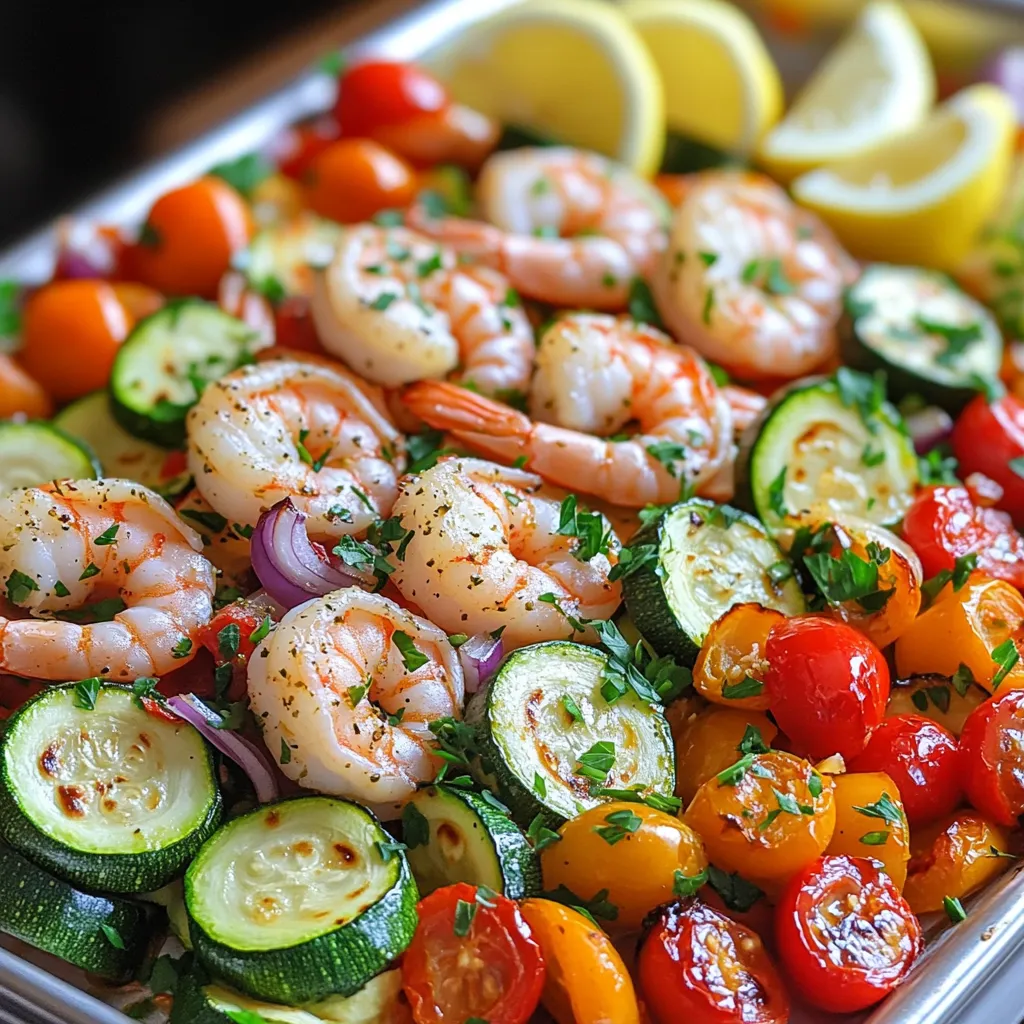 - 1 pound large shrimp, peeled and deveined - 1 zucchini, sliced - 1 bell pepper (red or yellow), diced - 1 red onion, chopped - 1 cup cherry tomatoes, halved - 4 cloves garlic, minced - 3 tablespoons olive oil - 1 teaspoon dried oregano - 1 teaspoon smoked paprika - Salt and pepper, to taste - Fresh parsley, chopped (for garnish) - Lemon wedges (for serving) - Alternatives for shrimp: You can use chicken or firm tofu instead of shrimp. - Other vegetable options: Try asparagus, eggplant, or broccoli for a twist. - Substitute herbs and spices: Basil or thyme can replace oregano. Use chili powder for heat. - Selecting shrimp: Look for shrimp that feel firm and smell fresh, not fishy. - Choosing ripe tomatoes: Pick tomatoes that are bright red and slightly soft to the touch. - Picking the right bell pepper: Choose peppers that feel heavy and have smooth skin for the best flavor. 1. Start by preheating your oven to 400°F (200°C). This helps cook the shrimp and veggies evenly. 2. Line a large baking sheet with parchment paper. This makes cleanup easier and keeps food from sticking. 1. Take a large bowl and combine the shrimp, zucchini, bell pepper, red onion, cherry tomatoes, and minced garlic. Mix them well. 2. In a small bowl, whisk together the olive oil, dried oregano, smoked paprika, salt, and pepper. This is your seasoning mixture. 1. Pour the olive oil mixture over the shrimp and veggies. Toss everything until well coated. 2. Spread the mixture evenly on the baking sheet. Make sure everything is in a single layer for even cooking. 3. Place the sheet in the oven and bake for 15-20 minutes. The shrimp should turn pink and the veggies should be tender. To know when shrimp is done, look for these signs: - The shrimp turns pink. - The flesh becomes opaque. - It curls slightly but isn’t tight. To avoid overcooking, watch the time. Shrimp cooks fast. Bake it for only 15-20 minutes. If you see it turning rubbery, you’ve cooked it too long. You can add more flavor with different seasonings. Try a pinch of cayenne for heat or fresh herbs like basil and dill. For marination, let shrimp soak in olive oil and spices for 30 minutes or longer. This step boosts the taste. Just don’t marinate too long, or the shrimp may turn mushy. For easy cleanup, line your baking sheet with parchment paper. This step saves time and hassle. When it comes to baking sheets, I recommend using heavy-duty ones. They heat evenly and help prevent sticking. Choose a size that fits your oven well. {{image_2}} You can easily swap shrimp for chicken. Simply cut chicken breast into bite-sized pieces. Use the same cooking method for perfect results. Chicken gives a nice twist to the dish. If you want a vegetarian meal, try chickpeas or tofu. Both add protein and a hearty texture. Toss them in with the veggies for a satisfying meal. You can enhance flavors with Mediterranean sauces. A drizzle of tzatziki or hummus adds creaminess. You can also use a sprinkle of feta cheese for a salty kick. For spice lovers, try adding cumin or coriander. These spices bring warmth and depth. They can change the dish's flavor profile to suit different cuisines. Choose veggies based on the season. In spring, use asparagus and peas. Summer is great for eggplant and corn. Autumn brings squash and Brussels sprouts. Winter favorites are root vegetables like carrots and parsnips. Mix different vegetables for variety. For example, blend zucchini with bell peppers. This keeps your dish fresh and exciting. Mix and match to find your perfect combination! Store your leftovers in the fridge. Place them in an airtight container. This keeps the shrimp and veggies fresh. Try to eat them within three days. If you have extra sauce, keep it separate. This prevents the veggies from getting soggy. To reheat in the oven, set it to 350°F (175°C). Place the leftovers on a baking sheet. Heat for about 10-15 minutes, or until warm. This keeps the shrimp and veggies nice. For the microwave, use a microwave-safe dish. Heat on high for 1-2 minutes. Stir halfway through to warm evenly. You can freeze this dish, but it’s best to freeze cooked shrimp and veggies. Place them in a freezer-safe container. They will stay good for up to three months. When you want to eat them, thaw in the fridge overnight. This helps keep the taste and texture great. Yes, you can make this dish ahead of time. Meal prep makes life easier. You can prepare the shrimp and veggies a day before. Just mix the shrimp and vegetables with the seasonings. Store them in the fridge until you are ready to cook. For storing cooked ingredients, let it cool first. Then, place it in an airtight container. It can last in the fridge for about three days. You can also freeze it for longer storage. Just reheat it in the oven to keep it tasty. You can serve this dish with many sides. A fresh salad pairs well, bringing a crisp taste. You might also enjoy whole grains like quinoa or rice. They soak up all the flavors nicely. For a Mediterranean touch, try serving with pita bread or couscous. These options add a nice texture and balance to the meal. They make it a complete feast that everyone will love. Yes, this recipe can be gluten-free. Most of the ingredients do not contain gluten. Just ensure your seasonings and any added extras are gluten-free. Always check the labels on ingredient packages. Some brands may add gluten to sauces or seasonings. If you are unsure, choose gluten-free products to be safe. This way, you can enjoy your meal without worry. In this article, we explored the key ingredients needed for a delicious shrimp dish. We discussed fresh options and substitutions, plus tips for selecting the best produce. I laid out step-by-step cooking instructions and shared essential tips for perfect shrimp. You learned about variations, storage, and meal prep options so you can enjoy this dish anytime. Trust these insights to create tasty meals that fit your needs. Enjoy cooking and experimenting with flavors!