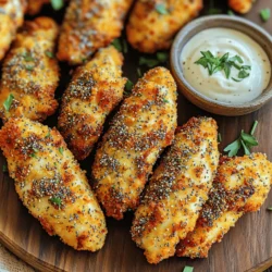 - 1 pound chicken tenderloins - 1 cup breadcrumbs - 2 eggs, beaten - 1 tablespoon everything bagel seasoning - 1/2 teaspoon garlic powder - 1/2 teaspoon onion powder - 1/2 cup all-purpose flour - Salt and pepper to taste - Cooking spray - Serving suggestions The heart of this recipe lies in its simple yet flavorful ingredients. First, I always choose fresh chicken tenderloins. They cook quickly and stay juicy. Next, I use breadcrumbs to create a crispy outer layer. Look for plain or seasoned ones, depending on your taste. For the coating, I whisk two eggs until smooth. This helps the breadcrumbs stick. The star of the show is everything bagel seasoning. It brings bold flavors to the chicken. Garlic powder and onion powder add more depth. I season the flour with salt and pepper for an extra kick. Finally, cooking spray is essential. It helps the tenders crisp up nicely in the air fryer. You can serve these tasty tenders with your favorite dipping sauce, like ranch or honey mustard. Garnish with fresh herbs for a pop of color. Trust me, this dish will become a family favorite! - Preheat the air fryer to 400°F (200°C). - Set up your breading station. Place flour in one bowl. - In a second bowl, whisk the eggs. - Mix breadcrumbs with everything bagel seasoning in a third bowl. - Dredge each chicken tenderloin in flour. Shake off any extra flour. - Dip the floured chicken into the beaten eggs. Make sure it is well coated. - Roll the chicken tender in the breadcrumb mixture. Press gently to help the coating stick. - Repeat this process for all chicken tenderloins. - Lightly spray the air fryer basket with cooking spray. This helps prevent sticking. - Arrange the breaded chicken tenders in a single layer in the air fryer. Don't overcrowd them. - Air fry the chicken tenders for 10-12 minutes. Flip them halfway through cooking. - Check for doneness. The internal temperature should reach 165°F (75°C). To get the best coating, ensure each chicken tender has an even layer. Start by dredging the chicken in flour. Shake off any extra flour before dipping in the eggs. This step helps the breadcrumbs stick well. When you roll the chicken in breadcrumbs, press gently. This helps the seasoning stay on. If you want more flavor, adjust the seasoning levels. Add more garlic or onion powder if you like stronger taste. For optimal air frying, preheat your air fryer to 400°F (200°C). This helps the chicken cook evenly and crisp up nicely. When placing the chicken tenders in the basket, avoid overcrowding. Give each tender space. This way, hot air can flow around them. You’ll get a better crunch on all sides. Flip the tenders halfway through cooking for even browning. Pair your chicken tenders with tasty dipping sauces. Some good options are honey mustard, ranch, or barbecue sauce. These add fun flavors to each bite. For garnish, you can use fresh herbs like parsley or chives. They add color and a fresh touch to your dish. Serve the tenders on a platter for a nice presentation that impresses guests! {{image_2}} You can change the flavor of your chicken tenders in fun ways. Try adding different seasonings to the breadcrumb mix. For a spicy kick, use cayenne pepper or paprika. You can also add dried herbs like thyme or oregano for extra taste. Switching up your breadcrumbs can also make a big difference. Use panko breadcrumbs for a crunchier texture. Or, try crushed cornflakes for a unique twist. Each choice gives your tenders a new flavor and crunch. If you want to switch the meat, you can use chicken breasts instead of tenderloins. Cut them into strips to match the size of the tenderloins. This method works well and keeps the dish juicy. Another option is turkey tenderloins. They are leaner but still tasty. Just be careful not to overcook them since they can dry out faster than chicken. For those needing gluten-free options, use gluten-free breadcrumbs. You can also try almond flour or crushed nuts for an extra crunch. Make sure to check all other ingredients for gluten. If you want a low-carb version, skip the breadcrumbs. Instead, coat your chicken with crushed pork rinds or a mix of grated Parmesan cheese and spices. This keeps the flavor high and the carbs low, so you can enjoy every bite! To keep your chicken tenders fresh, store them in the fridge. Place them in an airtight container. This method helps maintain their taste and texture. You can keep them for up to three days. If you want a longer shelf life, consider freezing. For the best results, let the chicken cool before storing. To reheat the chicken tenders, use the air fryer for the best results. Preheat it to 400°F (200°C). Place the tenders in a single layer and heat for about 5 minutes. This method keeps them crispy. If you use a microwave, the tenders may get soggy. Heat them on a plate for 1-2 minutes, but this is not the best way. You can freeze chicken tenders after cooking. Make sure they are fully cool first. Place them in a freezer-safe bag or container. They will last for up to three months. For best results, thaw them in the fridge overnight before reheating. You can also freeze them before cooking. Just coat them as directed and freeze on a baking sheet. Once frozen, transfer to a bag. Cook from frozen, adding a few extra minutes to the air fryer time. Yes, you can use chicken breasts. Cut them into strips to match tenderloins. This will help them cook evenly. Keep in mind that cooking time may vary. Check for doneness to ensure they reach 165°F. Check the internal temperature with a meat thermometer. It should read 165°F (75°C). The chicken should also be golden brown. If it looks undercooked, air fry for a few more minutes. Yes, you can bake them in the oven. Preheat your oven to 400°F (200°C). Place the breaded tenders on a baking sheet. Bake for 15-20 minutes until golden and cooked through. Everything bagel seasoning has a mix of sesame seeds, poppy seeds, garlic flakes, onion flakes, and salt. This blend gives a tasty crunch. You can find it at most grocery stores. To make your own, mix: - 2 tablespoons sesame seeds - 2 tablespoons poppy seeds - 1 tablespoon dried garlic - 1 tablespoon dried onion - 1 teaspoon coarse salt Stir them together and store in an airtight container. Use it to add flavor to many dishes! This blog post covered how to make delicious air-fried chicken tenders. We discussed the main ingredients, cooking process, and helpful tips. You learned how to bread chicken tenderloins and bake them to crispy perfection in the air fryer. Explore flavor variations and dietary adjustments to suit your needs. With simple storage and reheating tips, you can enjoy these tenders any time. Remember, cooking should be fun. Enjoy trying this recipe and make it your own!