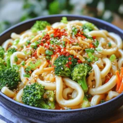- 200g udon noodles - 2 tablespoons vegetable oil - 4 cloves of garlic, minced - 1 red chili, finely chopped (adjust to taste) Udon noodles are thick and chewy. They soak up flavors really well. The vegetable oil adds nice texture and helps everything cook evenly. Garlic gives a strong kick, while chili adds heat. You can adjust the chili based on how spicy you like your food. - 2 tablespoons soy sauce - 1 tablespoon sesame oil - 1 teaspoon rice vinegar Soy sauce brings deep umami flavor. It balances sweetness and salt. Sesame oil adds a nutty taste that enhances the dish. Rice vinegar gives a hint of tang to brighten the flavors. Together, they elevate the dish to a new level. - 1 cup broccoli florets - 1 carrot, julienned - 2 spring onions, chopped (for garnish) - Sesame seeds (for garnish) Broccoli adds crunch and color. Carrots bring sweetness and a nice bite. Spring onions add freshness on top. Sesame seeds give a lovely finish and a slight nuttiness. These veggies not only taste great but also make the dish more fun to eat. Start by boiling water in a pot. Once the water is bubbling, add 200 grams of udon noodles. Cook them according to the package instructions, usually about 5 minutes. Stir the noodles gently to prevent sticking. When they are done, drain the noodles and set them aside. Next, grab a large pan or wok. Heat 2 tablespoons of vegetable oil over medium heat. When the oil is hot, add 4 minced garlic cloves and 1 finely chopped red chili. Stir them for about 30 seconds until they smell nice. This step builds the flavor base for your dish. Now it’s time to add some crunch! Toss in 1 cup of broccoli florets and 1 julienned carrot. Stir them for about 2-3 minutes until they soften a bit. Then, add the cooked udon noodles to the pan. Pour in 2 tablespoons of soy sauce, 1 tablespoon of sesame oil, 1 teaspoon of rice vinegar, and 1 teaspoon of sugar. Mix everything well, so the noodles soak up the tasty sauces. Cook for another 2-3 minutes until everything is warm and combined. Serve your spicy garlic udon noodles hot! Garnish with chopped spring onions and a sprinkle of sesame seeds for a lovely finish. Enjoy your quick and flavorful meal! To cook udon noodles just right, follow the package instructions closely. Timing is key. Overcooking means mushy noodles. Aim for al dente, which gives a nice bite. After cooking, drain the noodles well. This step helps prevent them from sticking together. Want it spicier? Add more chopped chili. Start with one red chili. Taste the dish as you go. If you want less heat, remove the seeds from the chili. This simple step can change the spice level quickly. For a beautiful plate, use a large bowl. Place the noodles in the center. Top with vibrant spring onions and sesame seeds. You might add extra chili flakes for color. This makes the dish pop and look appealing. Enjoy your meal! {{image_2}} You can add protein to your spicy garlic udon noodles. Chicken, shrimp, or tofu work great. Simply cook your choice of protein in the pan before adding the garlic and chili. This step gives a nice flavor boost. If you use shrimp, cook them until pink. For chicken, make sure it reaches 165°F. If you prefer plant-based options, tofu is perfect. Just cube it and fry it until golden. Feel free to swap out the vegetables based on what you have. Bell peppers, snap peas, or bok choy can add a fresh twist. If you want a crunch, try adding water chestnuts or radishes. The key is to keep the cooking time in mind. Cook tougher veggies longer and add softer ones later. This way, everything stays crisp and tasty. Explore different sauces to change the flavor of your noodles. Try adding hoisin sauce for sweetness or chili paste for more heat. You can mix soy sauce with oyster sauce for a deeper flavor. If you like a tangy twist, add lime juice instead of rice vinegar. Experiment with what you like best. Each sauce will give your dish a unique flair. To store leftovers, first let the noodles cool. Then, place them in an airtight container. Make sure to layer the noodles with some sauce to keep them moist. This will help keep the flavors intact. You can store them in the fridge for up to three days. To reheat udon noodles, use a skillet or wok. Heat a small amount of oil over medium heat. Add the noodles and stir for about three to five minutes. You can splash in a bit of water or broth to help steam them. This keeps the noodles soft and chewy, just like fresh! You can freeze leftover udon noodles too. Place them in a freezer-safe bag, removing as much air as possible. They can last up to three months in the freezer. When you're ready to eat, thaw them in the fridge overnight. Then, reheat them in a skillet as mentioned before. This method helps retain the texture and flavor. It takes 15 minutes total. You need 5 minutes to prep and 10 minutes to cook. Start by cooking the udon noodles. After that, sauté the garlic and chili, add veggies, and mix in the noodles. It’s quick and easy! Yes, you can! If you can't find udon noodles, try soba or rice noodles. They cook fast and taste great too. Just follow the cooking time on the package. Adjust the sauce if needed, since different noodles have unique flavors. These noodles pair well with many sides. Try serving them with steamed dumplings or a simple salad. You can also enjoy them with grilled chicken or tofu for added protein. A side of pickled vegetables adds a nice crunch! In this post, we explored the vibrant flavors of Spicy Garlic Udon Noodles. We covered the key ingredients, cooking steps, and tips to perfect your dish. Don't forget to try adding different proteins or vegetables for variety. Proper storage and reheating methods will help keep your noodles fresh. With this guide, you can enjoy a delightful meal any night. Dive into making this tasty dish and impress your family and friends!