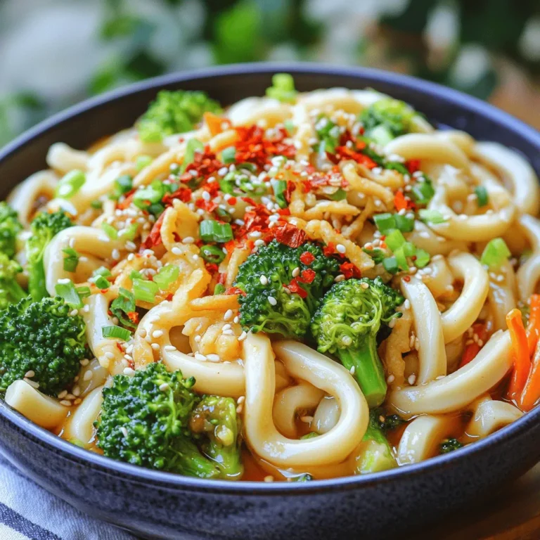 - 200g udon noodles - 2 tablespoons vegetable oil - 4 cloves of garlic, minced - 1 red chili, finely chopped (adjust to taste) Udon noodles are thick and chewy. They soak up flavors really well. The vegetable oil adds nice texture and helps everything cook evenly. Garlic gives a strong kick, while chili adds heat. You can adjust the chili based on how spicy you like your food. - 2 tablespoons soy sauce - 1 tablespoon sesame oil - 1 teaspoon rice vinegar Soy sauce brings deep umami flavor. It balances sweetness and salt. Sesame oil adds a nutty taste that enhances the dish. Rice vinegar gives a hint of tang to brighten the flavors. Together, they elevate the dish to a new level. - 1 cup broccoli florets - 1 carrot, julienned - 2 spring onions, chopped (for garnish) - Sesame seeds (for garnish) Broccoli adds crunch and color. Carrots bring sweetness and a nice bite. Spring onions add freshness on top. Sesame seeds give a lovely finish and a slight nuttiness. These veggies not only taste great but also make the dish more fun to eat. Start by boiling water in a pot. Once the water is bubbling, add 200 grams of udon noodles. Cook them according to the package instructions, usually about 5 minutes. Stir the noodles gently to prevent sticking. When they are done, drain the noodles and set them aside. Next, grab a large pan or wok. Heat 2 tablespoons of vegetable oil over medium heat. When the oil is hot, add 4 minced garlic cloves and 1 finely chopped red chili. Stir them for about 30 seconds until they smell nice. This step builds the flavor base for your dish. Now it’s time to add some crunch! Toss in 1 cup of broccoli florets and 1 julienned carrot. Stir them for about 2-3 minutes until they soften a bit. Then, add the cooked udon noodles to the pan. Pour in 2 tablespoons of soy sauce, 1 tablespoon of sesame oil, 1 teaspoon of rice vinegar, and 1 teaspoon of sugar. Mix everything well, so the noodles soak up the tasty sauces. Cook for another 2-3 minutes until everything is warm and combined. Serve your spicy garlic udon noodles hot! Garnish with chopped spring onions and a sprinkle of sesame seeds for a lovely finish. Enjoy your quick and flavorful meal! To cook udon noodles just right, follow the package instructions closely. Timing is key. Overcooking means mushy noodles. Aim for al dente, which gives a nice bite. After cooking, drain the noodles well. This step helps prevent them from sticking together. Want it spicier? Add more chopped chili. Start with one red chili. Taste the dish as you go. If you want less heat, remove the seeds from the chili. This simple step can change the spice level quickly. For a beautiful plate, use a large bowl. Place the noodles in the center. Top with vibrant spring onions and sesame seeds. You might add extra chili flakes for color. This makes the dish pop and look appealing. Enjoy your meal! {{image_2}} You can add protein to your spicy garlic udon noodles. Chicken, shrimp, or tofu work great. Simply cook your choice of protein in the pan before adding the garlic and chili. This step gives a nice flavor boost. If you use shrimp, cook them until pink. For chicken, make sure it reaches 165°F. If you prefer plant-based options, tofu is perfect. Just cube it and fry it until golden. Feel free to swap out the vegetables based on what you have. Bell peppers, snap peas, or bok choy can add a fresh twist. If you want a crunch, try adding water chestnuts or radishes. The key is to keep the cooking time in mind. Cook tougher veggies longer and add softer ones later. This way, everything stays crisp and tasty. Explore different sauces to change the flavor of your noodles. Try adding hoisin sauce for sweetness or chili paste for more heat. You can mix soy sauce with oyster sauce for a deeper flavor. If you like a tangy twist, add lime juice instead of rice vinegar. Experiment with what you like best. Each sauce will give your dish a unique flair. To store leftovers, first let the noodles cool. Then, place them in an airtight container. Make sure to layer the noodles with some sauce to keep them moist. This will help keep the flavors intact. You can store them in the fridge for up to three days. To reheat udon noodles, use a skillet or wok. Heat a small amount of oil over medium heat. Add the noodles and stir for about three to five minutes. You can splash in a bit of water or broth to help steam them. This keeps the noodles soft and chewy, just like fresh! You can freeze leftover udon noodles too. Place them in a freezer-safe bag, removing as much air as possible. They can last up to three months in the freezer. When you're ready to eat, thaw them in the fridge overnight. Then, reheat them in a skillet as mentioned before. This method helps retain the texture and flavor. It takes 15 minutes total. You need 5 minutes to prep and 10 minutes to cook. Start by cooking the udon noodles. After that, sauté the garlic and chili, add veggies, and mix in the noodles. It’s quick and easy! Yes, you can! If you can't find udon noodles, try soba or rice noodles. They cook fast and taste great too. Just follow the cooking time on the package. Adjust the sauce if needed, since different noodles have unique flavors. These noodles pair well with many sides. Try serving them with steamed dumplings or a simple salad. You can also enjoy them with grilled chicken or tofu for added protein. A side of pickled vegetables adds a nice crunch! In this post, we explored the vibrant flavors of Spicy Garlic Udon Noodles. We covered the key ingredients, cooking steps, and tips to perfect your dish. Don't forget to try adding different proteins or vegetables for variety. Proper storage and reheating methods will help keep your noodles fresh. With this guide, you can enjoy a delightful meal any night. Dive into making this tasty dish and impress your family and friends!