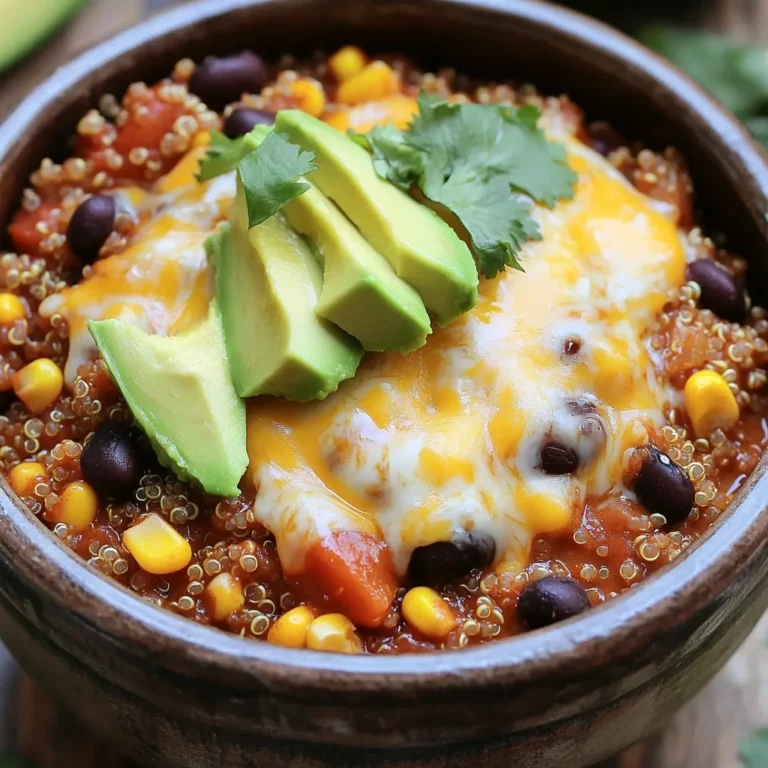 - 1 cup quinoa - 1 can black beans - 1 can corn - 1 can diced tomatoes with green chilies - 1 can enchilada sauce - Chopped bell pepper and onion - Cumin and chili powder - Shredded cheese and garnishes (cilantro, avocado) Gathering the right ingredients is key to making this dish shine. First, I start with quinoa, which is packed with protein. I use one cup of rinsed quinoa. Next, I add a can of black beans and a can of corn. These ingredients provide great texture and flavor. For extra taste, I include a can of diced tomatoes with green chilies. This adds a nice kick without being too spicy. A can of enchilada sauce brings rich depth to the dish. Then, I chop a bell pepper and a small onion. These veggies give the meal freshness and crunch. I finish the flavor with cumin and chili powder. These spices give warmth and complexity. For toppings, I love using shredded cheese, fresh cilantro, and creamy avocado. These add great color and taste. 1. Rinsing quinoa: Start by rinsing 1 cup of quinoa under cool water for about 30 seconds. This step helps remove any bitter taste. It also makes the quinoa fluffier when cooked. 2. Chopping vegetables: Next, chop one bell pepper and one small onion. You can pick any color of bell pepper you like. The onion adds sweetness, while the bell pepper gives crunch. 1. Layering ingredients for optimal cooking: In your slow cooker, add the rinsed quinoa. Then, pour in one can of drained black beans, one can of drained corn, and one can of diced tomatoes with their juice. 2. Ensuring proper seasoning: Add one can of enchilada sauce, the chopped bell pepper, and the chopped onion. Sprinkle in one teaspoon each of cumin and chili powder. Season with salt and pepper to taste. Stir everything well to mix. 1. Low heat cooking (4-5 hours): Cover the slow cooker with its lid. Set it to low heat and cook for about 4 to 5 hours. 2. High heat cooking (2-2.5 hours): If you need it faster, set it to high heat for 2 to 2.5 hours. Just remember to check it now and then to prevent burning. This method ensures that all the flavors meld together beautifully. To make perfect enchilada quinoa, focus on the quinoa texture. Always rinse quinoa well before cooking. This removes bitter saponins and helps it taste better. Use a 1:2 ratio of quinoa to liquid. For fluffier quinoa, let it rest after cooking. You can adjust spices to fit your taste. If you like it spicy, add more chili powder. For a milder taste, reduce spices. Taste as you go, and don’t be afraid to play with flavors. Choosing the right slow cooker is key. I recommend a 6-quart slow cooker for this recipe. It allows enough space for all your ingredients. Look for models with a programmable timer too. You’ll also need basic kitchen tools like a cutting board and knife. A measuring cup helps keep portions right. A mixing spoon is great for stirring your ingredients well. For side dishes, consider serving this quinoa with a fresh salad. A simple green salad pairs nicely. You can also add tortilla chips for crunch. If you have leftovers, use them in a wrap or taco. They make great fillings! Top with sour cream or extra cheese for a tasty treat. {{image_2}} You can switch up the grains to fit your needs. Try brown rice or couscous instead of quinoa. These options work well in the slow cooker. If you need a vegan dish, omit the cheese. Use nutritional yeast for a cheesy flavor. For gluten-free options, ensure your enchilada sauce is gluten-free. This way, everyone can enjoy the dish! Adding extra veggies can boost flavor and nutrition. Mix in spinach, zucchini, or mushrooms for variety. You can also add cooked chicken or beef for more protein. Don’t forget about sauces! You can try different enchilada sauces or even salsa verde. Each option brings a unique taste to your meal. Give your enchilada quinoa a global flair! Use spices like curry powder or garam masala for an Indian twist. Try adding cumin and coriander for a Middle Eastern touch. You can serve it with pita bread or over couscous. This creates a fun fusion dish that surprises your guests. Be creative and explore flavors from around the world! To keep leftovers fresh, let the enchilada quinoa cool first. Then, store it in an airtight container. You can freeze it for up to three months. When you want to eat it again, thaw it in the fridge overnight. Reheat in the microwave or on the stove. Stir occasionally to heat evenly. This dish lasts for about four to five days in the fridge. Look for signs of spoilage, like a sour smell or unusual color. If it looks or smells off, it's best to toss it out. Always trust your nose and eyes! For easy weeknight meals, prep this dish in advance. Cook a big batch on the weekend. Divide it into individual portions for quick meals. Store them in clear containers to see what you have. This makes it easy to grab and go! Yes, you can swap out quinoa for other grains. Brown rice works well. It adds a nice chewy texture. Couscous is another option. It's quick to cook and absorbs flavors well. Just make sure to adjust the cooking time if needed. Brown rice usually takes longer to cook than quinoa. To add heat, try including diced jalapeños. You can stir them in at the start. You might also add hot sauce to taste. If you prefer, sprinkle red pepper flakes on top before serving. Each of these options boosts the spice level without changing the dish's base. Yes, this recipe is great for meal prep. You can portion it into containers for easy lunches or dinners. It keeps well in the fridge for up to five days. To reheat, just microwave until hot. Feel free to add fresh toppings like avocado or cilantro after reheating for extra flavor. In this article, we covered how to make a delicious Enchilada Quinoa dish. We explored essential ingredients like quinoa, black beans, and corn. I shared tips for cooking perfectly textured quinoa and how to layer ingredients in your slow cooker. We also looked at flavorful additions and various serving options. Remember, you can customize this recipe to fit your diet and taste. With simple ingredient swaps and cooking tips, you can create a tasty meal that keeps well. Enjoy your cooking journey!