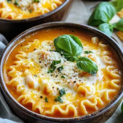 When making One-Pot Creamy Garlic Parmesan Lasagna Soup, you need a few key ingredients. Here is what you will need: - 1 tablespoon olive oil - 1 medium onion, diced - 4 cloves garlic, minced - 1 pound ground beef or Italian sausage (optional) - 1 can (28 ounces) crushed tomatoes - 4 cups chicken or vegetable broth - 2 teaspoons dried Italian seasoning - 1 teaspoon red pepper flakes (optional) - 10 lasagna noodles, broken into pieces - 1 cup heavy cream - 1 cup grated Parmesan cheese, plus extra for serving - 1 cup shredded mozzarella cheese - Salt and pepper to taste - Fresh basil leaves for garnish Each ingredient adds a unique taste. Olive oil gives a rich base. Diced onions bring sweetness. Garlic adds a punch of flavor. Ground beef or sausage gives heartiness, but you can skip it for a veggie version. Crushed tomatoes provide a tangy base. Broth adds depth, while Italian seasoning gives that classic lasagna taste. Lasagna noodles cook right in the soup, making it easy. Heavy cream and cheeses make it creamy and delicious. Fresh basil adds brightness at the end. This combination creates a comforting meal that warms you inside. You can enjoy it on a chilly night or any day you crave comfort food. - Heat 1 tablespoon of olive oil in a large pot over medium heat. - Add 1 medium diced onion and sauté for about 3-4 minutes. The onion should be translucent. - If you want meat, add 1 pound of ground beef or Italian sausage. Cook it until browned for 5-6 minutes. Break it up with a spoon as it cooks. - Drain excess fat if needed. - Stir in 4 cloves of minced garlic and cook for another 1-2 minutes. This will add great flavor. - Now, add 1 can of crushed tomatoes, 4 cups of chicken or vegetable broth, and 2 teaspoons of dried Italian seasoning. - If you like spice, add 1 teaspoon of red pepper flakes. Stir everything well. - Bring the mixture to a boil. Once boiling, add 10 broken lasagna noodles. - Lower the heat and let it simmer for about 10-12 minutes. Cook until the noodles are tender. - Next, stir in 1 cup of heavy cream, 1 cup of grated Parmesan cheese, and 1 cup of shredded mozzarella cheese. - Mix until all the cheeses melt and the soup becomes creamy. - Taste the soup and adjust the seasoning with salt and pepper as needed. - Cook for an extra 2-3 minutes until everything is heated through. - Serve the soup hot in deep bowls. Top it with extra Parmesan and fresh basil leaves. - For a nice touch, enjoy it with crispy garlic bread on the side. To make your soup just right, aim for a creamy texture. Start by stirring the heavy cream in gently. If your soup feels too thick, add a splash of broth. This helps create a smooth finish. When it comes to breaking lasagna noodles, do it with care. Snap them into pieces, about two inches long. This helps them fit well in the soup. If you prefer, you can use kitchen scissors for a clean cut. To boost the flavor, try adding fresh herbs like thyme or oregano. A pinch of nutmeg can also add warmth. You might also want to sprinkle in some black pepper for a nice kick. Adding vegetables is a great way to pack in nutrition. Spinach or kale blends well and adds color. You can also toss in diced carrots or zucchini for extra crunch. Pair your soup with some crusty garlic bread. The bread soaks up the creamy goodness and adds texture. A simple green salad on the side freshens the meal. For a touch of elegance, garnish with fresh basil leaves. A sprinkle of extra Parmesan on top makes it look inviting. Serve in deep bowls to keep the soup warm and cozy. {{image_2}} If you want a meat-free version, use mushrooms or lentils instead of meat. These add great flavor and texture. For a dairy-free option, swap the heavy cream with coconut milk or cashew cream. This keeps the soup rich while making it lighter. You can mix up the cheeses to create new flavors. Try using goat cheese or feta for a tangy twist. Adding spinach, kale, or bell peppers brings in more veggies and nutrients. Spice it up with Italian herbs like oregano or thyme for a fresh taste. If you want a thicker soup, add more cream or a bit of cornstarch mixed with water. This gives it a nice, creamy feel. To adjust the noodles, add more or less based on how you like your soup. More noodles will make it heartier, while fewer will make it brothier. To keep your One-Pot Creamy Garlic Parmesan Lasagna Soup fresh, store it in the fridge. Place the soup in an airtight container. This will help keep the flavors intact. Use it within three to four days for the best taste. For containers, I recommend glass or BPA-free plastic. These types are great because they won’t absorb odors. Make sure to label your containers with the date. This way, you’ll know when to use them. When it’s time to reheat, you have a few options. The best way is to use a pot on the stove. Heat it on low and stir often. This helps to keep the creaminess. You can also use the microwave. Use a microwave-safe bowl and heat in short bursts. Stir between each burst to keep the soup smooth. Adding a splash of broth can help maintain the soup’s flavor. If you want to freeze the soup, portion it out first. Use freezer-safe containers or heavy-duty freezer bags. Leave some space at the top for expansion. You can freeze it for up to three months. When you’re ready to eat, move the soup to the fridge overnight to defrost. For quick defrosting, use a microwave. After thawing, reheat it gently on the stove, adding a bit of cream if needed. How can I make this dish gluten-free? You can use gluten-free lasagna noodles. Look for brands that suit your taste. Cook them the same way. This change keeps the soup creamy and delicious. Can I add more vegetables to the soup? Yes, adding vegetables is a great idea! Try spinach, zucchini, or bell peppers. Chop them small and add them with the broth. They will cook down well and enhance flavor. What can I use if I don’t have Parmesan cheese? If you lack Parmesan, try pecorino Romano or nutritional yeast. Both options add a nice salty flavor. They can make your soup taste great without losing the creamy touch. How long can I store the soup in the refrigerator? You can store the soup in the fridge for about 3-4 days. Make sure to keep it in an airtight container. This helps maintain freshness and flavor. Can I prepare this soup in advance? Absolutely! You can make it a day ahead. Just store it in the fridge. When you are ready to eat, reheat on the stove or in the microwave until warm. This blog post covered a delicious One-Pot Creamy Garlic Parmesan Lasagna Soup. We discussed key ingredients, from olive oil to fresh basil. I shared step-by-step instructions for easy cooking and final touches for perfect flavor. You learned helpful tips, tricks, and variations to personalize your soup. Storing leftover soup and reheating techniques were also included. Enjoy crafting this tasty dish and make it your own.
