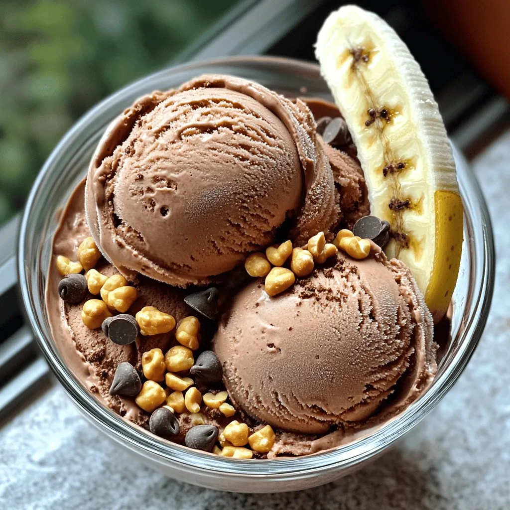 - 4 ripe bananas - ½ cup creamy peanut butter - ¼ cup unsweetened cocoa powder To make this ice cream, you need ripe bananas, creamy peanut butter, and cocoa powder. Ripe bananas give a natural sweetness. They also create a creamy base. Creamy peanut butter adds a rich flavor. It blends well with bananas. Cocoa powder gives the ice cream a deep chocolate taste. - 2 tablespoons honey or maple syrup - 1 teaspoon vanilla extract - Pinch of sea salt For sweetness, use honey or maple syrup. You can adjust the amount to fit your taste. A teaspoon of vanilla extract adds a warm flavor. A pinch of sea salt enhances the chocolate taste. These add-ons make the ice cream more delicious. - Chopped peanuts - Chocolate chips Toppings make the ice cream fun. Chopped peanuts give a crunchy texture. They also add a nutty flavor. Chocolate chips add more chocolatey goodness. You can mix and match toppings to your liking. Start by peeling the ripe bananas. Slice them into rounds. Spread the slices on a baking sheet. Freeze them for at least 2-3 hours. Frozen bananas are key for good texture. They make the ice cream creamy and smooth. If you skip this step, the ice cream may be icy and hard. Once the bananas are frozen, add them to a food processor. Blend until they become creamy. This may take a few minutes. Stop to scrape down the sides as needed. This helps mix everything well. If you don’t scrape down, some pieces may stay whole. You want a smooth mixture. Now add the peanut butter, cocoa powder, honey or maple syrup, vanilla extract, and a pinch of sea salt. Blend again until fully mixed. Taste the mixture to check the sweetness. If it needs more sweetness, add more honey or maple syrup. Transfer the mixture to an airtight container. Freeze it for 1-2 hours. This gives it the right firmness to scoop. Enjoy your delicious treat! Using frozen bananas is key for the best ice cream. Fresh bananas will not give you that creamy feel. When you blend frozen bananas, they turn smooth quickly. I use a food processor for the best results. Blend them until they look like soft serve. Stop to scrape down the sides to ensure even mixing. Taste your mix to check the sweetness. You can add more honey or maple syrup if needed. If you want alternatives, try agave syrup or stevia. Both can sweeten without adding too much sugar. You can serve this ice cream in bowls or cones. Both options are fun! For a nice touch, use chilled bowls. Garnish with a sprinkle of cocoa powder or a slice of banana. Adding chopped peanuts or chocolate chips can give it a crunch. This makes your ice cream look and taste even better! {{image_2}} If you want a nut-free treat, swap the peanut butter for sunflower seed butter. This change keeps the creamy texture and rich taste. Sunflower seed butter is smooth and has a nice flavor. It also gives a fun twist to your ice cream. You can use the same amount. Just follow the rest of the recipe as it is. Do you adore chocolate? You can enhance the chocolate flavor by adding chocolate chips during blending. Toss in about ½ cup of your favorite chocolate chips. Blend them with the other ingredients until mixed well. This adds extra chocolatey goodness to your ice cream. You will love the surprise of chocolate chunks in every bite. Want to play with flavors? You can mix in other fruits like strawberries or raspberries. Just chop them up and add them in when blending. This will add a fruity flavor and a pop of color. Use about a cup of your chosen fruit for the best result. Feel free to get creative with this! To store your homemade chocolate peanut butter banana ice cream, use an airtight container. This keeps ice crystals from forming and maintains the creamy texture. Press plastic wrap against the surface before sealing the lid. This prevents air from getting in and helps keep it fresh. Your delightful ice cream will last about 2-3 weeks in the freezer. After this time, its quality may decline. You might notice changes in texture or flavor. Always check for any signs of freezer burn or off smells before serving. To soften the ice cream before serving, take it out of the freezer. Let it sit at room temperature for about 5-10 minutes. This makes scooping easier. You can also use a warm ice cream scoop to help get that perfect scoop. Enjoy your delicious treat! Yes, you can use non-frozen bananas, but it will change the texture and taste. Fresh bananas will create a mushy mix. The ice cream will not be creamy or firm. Frozen bananas add a smooth, soft texture. They help you create that perfect ice cream feel. If you want the best results, freeze your bananas first. To make this recipe dairy-free, choose a dairy substitute for the peanut butter. You can use almond butter or sunflower seed butter. These options give a similar taste and texture. For sweeteners, honey is not vegan, so use maple syrup instead. This keeps the ice cream creamy while being dairy-free. You can use a blender, but it has pros and cons. A food processor blends better for thick mixtures. It makes it easier to scrape down the sides. A blender may struggle with the thick mix. If you choose a blender, pulse slowly and check the texture often. You want it creamy, not chunky! You just learned how to make a healthy banana ice cream. We covered the key ingredients like bananas, peanut butter, and cocoa powder. I shared how to blend and freeze for the best texture. You can even add toppings and try fun variations. In summary, making this treat is easy and fun. It’s a tasty way to enjoy bananas and satisfy cravings. Now, grab your ingredients and start blending! Enjoy your homemade ice cream!