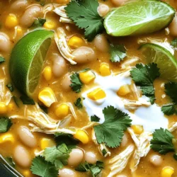 Here are the main ingredients you need for this white chicken chili: - 1 lb boneless, skinless chicken breasts - 1 can (15 oz) white beans, drained and rinsed - 1 can (4 oz) diced green chilies - 1 medium onion, chopped - 2 cloves garlic, minced - 1 cup corn (fresh or frozen) - 2 cups chicken broth - 1 teaspoon ground cumin - 1 teaspoon chili powder - 1 teaspoon dried oregano - Salt and pepper, to taste - 1/2 cup heavy cream (or coconut milk for a dairy-free option) - Fresh cilantro, chopped (for garnish) - Lime wedges (for serving) You can add extra toppings to make your chili even better: - Sour cream for creaminess - Avocado slices for a fresh taste - Shredded cheese for added flavor - Jalapeños for some heat - Tortilla chips for a crunchy side This recipe can fit many diets: - Dairy-free: Use coconut milk instead of heavy cream. - Gluten-free: All ingredients are gluten-free, so enjoy without worry. - Low-carb: Skip the corn and focus on chicken and beans for a low-carb option. Start by placing the boneless chicken breasts in your slow cooker. This helps to keep the chicken moist. Next, add the drained white beans, diced green chilies, and chopped onion. Toss in the minced garlic and corn as well. These ingredients build flavor and texture. Pour the chicken broth over everything. Finally, sprinkle the cumin, chili powder, oregano, salt, and pepper on top. This gives the chili a nice kick. You can set your slow cooker to low heat for 6-7 hours. This slow cooking makes the chicken tender and allows all the flavors to blend well. If you're short on time, use high heat for 3-4 hours. Both methods work, but low heat is best for deep flavor. Always make sure the chicken is cooked through before moving on. Once the chicken is done, take it out and shred it with two forks. This makes it easy to mix back in. Return the shredded chicken to the slow cooker. Now, stir in the heavy cream or coconut milk. This step makes the chili creamy and rich. Let it cook for an additional 15-20 minutes on low heat. This warms everything through and ensures a smooth texture. Taste your chili and adjust the seasoning if needed. To boost the taste of your chili, try these simple seasoning hacks. Use fresh herbs like cilantro for a bright touch. If you like heat, add diced jalapeños or a splash of hot sauce. A squeeze of lime juice adds a nice zing too. You can swap out the cumin for smoked paprika for a deeper flavor. If you want a creamy twist, add more heavy cream or use coconut milk for a dairy-free option. Using the right tools makes cooking easier. A good slow cooker is key for this dish. I recommend one with a timer so you can set it and forget it. Use a meat thermometer to check the chicken's doneness. This helps ensure it is safe to eat. A sturdy pair of tongs is great for shredding chicken. A ladle makes serving easier, too. Serving your chili well makes it more fun. Ladle the chili into bowls and sprinkle fresh cilantro on top. This gives it a pop of color. Add lime wedges on the side for a fresh burst. You can also use a dollop of sour cream or avocado slices for added creaminess. These touches make the dish look inviting and tasty! {{image_2}} You can add heat to your white chicken chili in fun ways. Jalapeños are a great choice. Chop them up and mix them in. You can also use hot sauce. Just a dash can bring a nice kick. If you like it really spicy, add a few slices of fresh chili on top when serving. This lets everyone spice it to their taste. If you're not in the mood for chicken, try turkey instead. Ground turkey works well and tastes great. You can also use tofu for a meat-free option. Firm tofu holds its shape, so cube it and mix it in. Both options make the dish hearty and satisfying. You can switch up the beans too! While white beans are the star here, other beans can shine as well. Black beans add a nice color and flavor. Kidney beans are another option. They bring a different texture and work well in chili. Use what you have on hand, and it will still taste amazing. To store leftover chili, let it cool down first. Then, place it in an airtight container. Keep it in the fridge. This helps maintain its flavor and texture. Leftover chili can last for about 3 to 4 days in the fridge. You can freeze white chicken chili for longer storage. Pour the cooled chili into a freezer-safe container. Leave some space at the top for expansion. Seal it tightly. When ready to eat, thaw it overnight in the fridge. To reheat, warm it on the stove or in the microwave. In the fridge, your chili lasts about 3 to 4 days. If frozen, it can last for up to 3 months. However, for the best taste, try to eat it sooner. Yes, you can use frozen chicken in this recipe. The slow cooker will cook it safely. Just make sure to cook it longer. If you use frozen chicken, set the slow cooker on high for about 4-5 hours. If you use thawed chicken, it will cook well on low for 6-7 hours. Both methods give tender chicken. To thicken your chili, try a few simple methods. One way is to mash some of the white beans. This adds body and creaminess. Another way is to let it cook longer with the lid off. This helps some liquid evaporate. You can also stir in a bit of cornmeal or flour mixed with water. This adds thickness without changing the taste much. Yes, you can prep this chili ahead of time. Chop the veggies and store them in the fridge. You can also season the chicken and beans in advance. Just keep everything in separate containers. On cooking day, just add them to the slow cooker. This saves time and makes it easy to enjoy a warm meal. This blog post explored the essentials for making the perfect chili. We covered required and optional ingredients, plus dietary needs. You learned how to prepare the slow cooker, adjust temperatures, and add final touches. I shared tips for flavor, tools, and presentation. We also looked at variations and storage methods to keep your chili fresh. Chili is simple to customize and perfect for gatherings. Enjoy experimenting with flavors and ingredients!