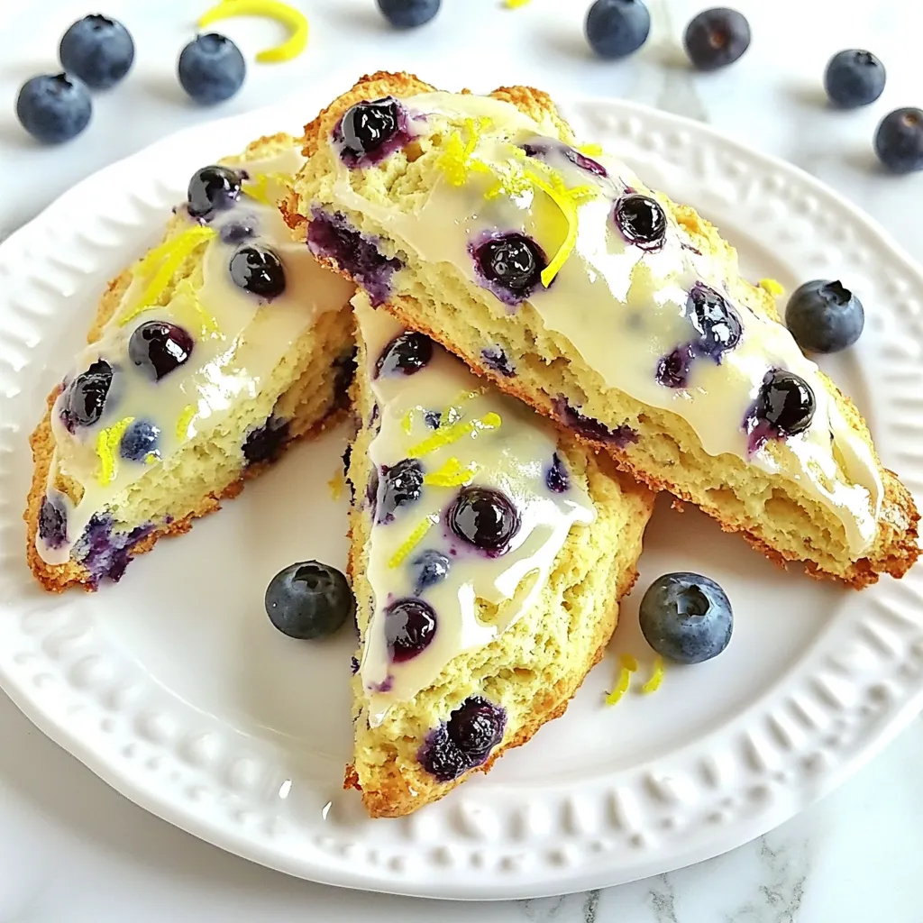 To make these lemon blueberry scones, gather these items: - 2 cups all-purpose flour - 1/4 cup granulated sugar - 1 tablespoon baking powder - 1/2 teaspoon baking soda - 1/4 teaspoon salt - 1/2 cup unsalted butter, cold and cubed - 1 cup fresh blueberries - Zest of 1 lemon - 1/2 cup buttermilk - 1 large egg - 1 teaspoon vanilla extract - 1 tablespoon lemon juice - 1/2 cup powdered sugar (for glaze) - 1-2 tablespoons lemon juice (for glaze) You can swap some ingredients if needed. For flour, try whole wheat flour. Use coconut sugar instead of granulated sugar for a different taste. If you don’t have buttermilk, mix milk with a bit of vinegar. For butter, you can use coconut oil or margarine. If you want a dairy-free option, try a plant-based milk and vegan butter. Feel free to customize your scones! You can add lemon zest for more zing. Try adding a teaspoon of poppy seeds for crunch. Want a sweeter touch? Include a handful of chopped white chocolate. You can also mix in nuts like walnuts or almonds for extra texture. These options let you play with flavors! Start by setting your oven to 400°F (200°C). Line a baking sheet with parchment paper. This helps the scones not stick, making cleanup easier. In a large bowl, mix 2 cups of all-purpose flour, 1/4 cup of granulated sugar, 1 tablespoon of baking powder, 1/2 teaspoon of baking soda, and 1/4 teaspoon of salt. Whisk these dry ingredients well. This step keeps the scones light and fluffy. In a separate bowl, whisk together 1/2 cup of buttermilk, 1 large egg, 1 teaspoon of vanilla extract, and 1 tablespoon of lemon juice. This mix adds moisture and flavor to your scones. Now, pour the wet mixture into the dry ingredients. Stir gently with a spatula. Avoid overmixing; just blend until combined. Next, transfer the dough to a floured surface. Knead it gently for about 1 minute. Shape it into a circle, about 1 inch thick. Cut the dough into 8 wedges. Place them on the baking sheet, spaced 2 inches apart. Bake your scones for 15-18 minutes. Look for a light golden color on top. This means they are ready! While your scones bake, make the glaze. In a small bowl, whisk together 1/2 cup of powdered sugar and 1-2 tablespoons of lemon juice. Adjust the lemon juice to make the glaze thin or thick, as you prefer. Once the scones cool, drizzle the glaze over them for a sweet finish. To get the right texture in your scones, use cold butter. Cold butter gives the scones a flaky, tender bite. Cut the butter into the dry mix until it looks like coarse crumbs. This keeps the butter pieces small. Do not overmix the dough. Mix just until combined for the best rise. Make sure your oven is preheated to 400°F (200°C). This helps the scones rise evenly. Space the scones about 2 inches apart on the baking sheet. This allows hot air to flow around them. If you want a golden top, brush the scones with buttermilk before baking. If you have leftover scones, store them in an airtight container. Keep them at room temperature for up to two days. For longer storage, wrap them tightly and freeze. They can last up to a month in the freezer. When ready to eat, reheat them in the oven for a few minutes. This restores their warmth and texture. {{image_2}} You can change the blueberries to other fruits. Try raspberries, cranberries, or blackberries. Each fruit gives a new taste to the scones. You may need to adjust the sugar based on the fruit's sweetness. Mixing in chocolate chips also adds a fun twist. To make gluten-free scones, swap all-purpose flour for a gluten-free blend. Make sure the blend has xanthan gum for good texture. You can use almond flour or coconut flour as well. Just adjust the liquids since these flours absorb moisture differently. The result is still a tasty treat! You can make scones sweet or savory. For sweet scones, add more sugar or dried fruits. To create savory scones, use cheese, herbs, or cooked bacon. Herbs like rosemary or thyme work well. Adjust the sugar level or even leave it out for a tasty snack. This gives you many options for any meal! You can store leftover lemon blueberry scones in the fridge. Place them in an airtight container. They will stay fresh for up to three days. If you want them warm again, just reheat them in the oven. To freeze your scones, wrap each one well in plastic wrap. Then, place them in a freezer bag. They can last up to three months in the freezer. When you're ready to enjoy, just thaw them in the fridge overnight. To reheat scones, preheat your oven to 350°F (175°C). Place the scones on a baking sheet. Heat for about 5-10 minutes. You can also microwave them for about 20-30 seconds. Enjoy them warm with a drizzle of glaze! Yes, you can use frozen blueberries. They add great flavor to scones. Just fold them in gently. If you use frozen berries, they may make your dough wet. You might need to adjust the baking time slightly. Keep an eye on them while baking. Scones are done when they turn golden brown on top. You can also tap the bottom. If it sounds hollow, they are ready. The edges should feel firm, but the center can be soft. Let them cool a little before you taste. Scones and biscuits are both baked goods, but they are different. Scones are often sweeter and denser. They usually contain eggs and cream. Biscuits are lighter and flakier. They are made with butter and buttermilk. The texture and flavor set them apart. Serve lemon blueberry scones warm. Drizzle them with lemon glaze for extra flavor. You can add fresh blueberries and lemon zest on top. Enjoy them with tea or coffee for a delightful treat. They also make a great breakfast or snack option. In this post, we covered everything about making delicious lemon blueberry scones. You learned about essential ingredients, fun substitutions, and tasty add-ins. I shared step-by-step instructions to guide you through baking. You also got tips on texture and storage. Lastly, we explored variations and answered common questions. Enjoy making your scones and feel free to experiment. Happy baking!