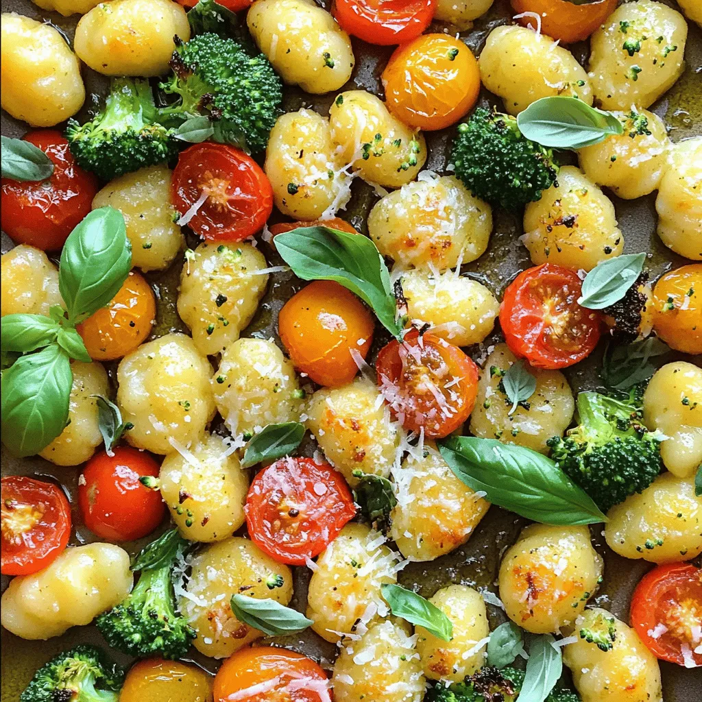 To make Sheet-Pan Garlic Parmesan Gnocchi & Veggies, you need a few simple items. Here’s what you'll gather: - 1 pound gnocchi (store-bought or homemade) - 2 cups broccoli florets - 1 cup cherry tomatoes, halved - 1 bell pepper, diced (red or yellow) - 4 cloves garlic, minced - 1/4 cup olive oil - 1/2 cup grated Parmesan cheese - 1 teaspoon Italian seasoning - Salt and pepper to taste - Fresh basil leaves for garnish Each ingredient plays a key role. The gnocchi provides a soft, pillowy base. Broccoli adds crunch. Cherry tomatoes bring sweetness, and bell pepper gives color. Garlic infuses flavor, while olive oil helps everything cook evenly. Parmesan cheese adds richness, and Italian seasoning ties it all together. Salt and pepper brighten the dish. Finally, fresh basil gives a nice touch of freshness. Gather these ingredients, and you’ll be ready to create a delightful meal! First, preheat your oven to 425°F (220°C). This high heat helps create a nice crisp on the gnocchi and veggies. Line a large baking sheet with parchment paper. This step makes cleanup much easier later. Next, take a big bowl and add the gnocchi, broccoli florets, halved cherry tomatoes, and diced bell pepper. You can mix and match veggies based on what you like! Drizzle olive oil over the mixture. Then, add minced garlic, Italian seasoning, salt, and pepper. Toss everything together until each piece is well coated in oil and seasoning. After mixing, spread the gnocchi and veggie mixture evenly on the prepared baking sheet. Make sure to leave some space between the pieces. This helps them bake evenly. Finally, sprinkle a generous amount of grated Parmesan cheese over the top. Place the baking sheet in the oven. Bake for 20 to 25 minutes. You want the gnocchi to become golden brown and the veggies to be tender. This time lets the flavors mix and meld beautifully. Once your dish is out of the oven, stir the mixture gently. This helps combine the flavors even more. Then, for an extra dash of freshness, garnish with fresh basil leaves. The basil adds a great pop of color and flavor to your meal. Enjoy your delicious Sheet-Pan Garlic Parmesan Gnocchi & Veggies! To ensure even cooking of gnocchi and veggies, spread them out on the baking sheet. Do not crowd the pan. If they sit too close, they will steam instead of roast. Stir the mixture halfway through cooking for even browning. Using parchment paper makes cleanup a breeze. It prevents sticking and keeps your baking sheet clean. Just toss the paper when you’re done. This simple step saves time and effort. Adjusting seasoning is key for your taste. Start with salt and pepper, then taste after baking. If you want more flavor, add a pinch of salt or pepper. You can also sprinkle extra Italian seasoning for a bolder taste. Add fresh herbs or spices to enhance flavor. Consider using thyme or rosemary. They pair well with garlic and Parmesan. Fresh basil, added after baking, gives a bright touch. Prep ingredients ahead of time. Chop veggies and store them in the fridge. This step cuts down on cooking time during busy weeknights. Using frozen gnocchi and veggies is another time-saver. They cook quickly and taste great. Just toss them in the baking sheet without thawing. This saves time and makes cooking even easier. {{image_2}} You can change the veggies in this dish. Instead of broccoli, try green beans or zucchini. You can also add spinach for a pop of color and nutrients. For a crunch, use asparagus or carrots. These swaps keep the dish fresh and exciting. For cheese, Parmesan is great, but you can mix it up. Try feta for a tangy flavor or mozzarella for a gooey texture. Goat cheese can add a creamy touch. Each cheese choice brings a new taste to the mix. If you need gluten-free gnocchi, look for brands made from rice or corn flour. You can also make your own from scratch using gluten-free flour. This keeps the dish safe for everyone at the table. For a vegan option, use a plant-based cheese. Nutritional yeast can also add a cheesy flavor without dairy. Make sure to check labels for other ingredients, like the gnocchi, to keep it vegan-friendly. You can add protein to make this meal heartier. Cooked chicken or sausage pairs well with the gnocchi. Just cut them into bite-sized pieces and mix them in with the veggies. To boost flavor, try different sauces or marinades. A splash of balsamic vinegar can add depth. A drizzle of pesto gives a fresh taste. You can even use a spicy sauce for some heat. Experiment to find your favorite flavor! After you enjoy your Sheet-Pan Garlic Parmesan Gnocchi & Veggies, store leftovers in an airtight container. This keeps them fresh and tasty. Place the container in the fridge right away. You can safely eat the leftovers within 3 to 4 days. If you want to keep them longer, consider freezing them. They will last for about 2 to 3 months in the freezer. When it’s time to enjoy your leftovers, use the oven for the best results. Preheat it to 350°F (175°C). Place the gnocchi and veggies on a baking sheet. Bake for about 10 to 15 minutes. This method helps keep the texture crisp. You can also use a microwave if you’re in a hurry. Just heat in short bursts, around 1 to 2 minutes. Stir halfway through to keep the flavor strong. Yes, you can use both frozen gnocchi and frozen vegetables. Just remember to add a few extra minutes to the baking time. Frozen ingredients may need more time to cook through. This is a great option if you want to save prep time. Just toss them in the bowl with olive oil and seasoning as usual. This dish stands well on its own, but you can pair it with a fresh salad or garlic bread. A light green salad with a tangy vinaigrette complements the rich flavors. Garlic bread adds a nice crunch and extra garlic flavor. You may also enjoy it with grilled chicken or shrimp for added protein. You can check the gnocchi after about 20 minutes of baking. The gnocchi should be golden brown and slightly puffed. The veggies should be tender but still crisp. If they need more time, bake them for an additional 5 minutes. Stir gently to ensure even cooking across all ingredients. This blog post covered how to make a tasty sheet-pan garlic Parmesan gnocchi dish. We explored ingredients, like fresh veggies, garlic, and cheese. I shared step-by-step tips, baking times, and helpful tricks for best flavor. You can customize with different veggies and proteins for variety. Proper storage helps keep leftovers tasty, and I answered common questions too. Now, you can create this delicious meal with ease and confidence! Enjoy your cooking journey.