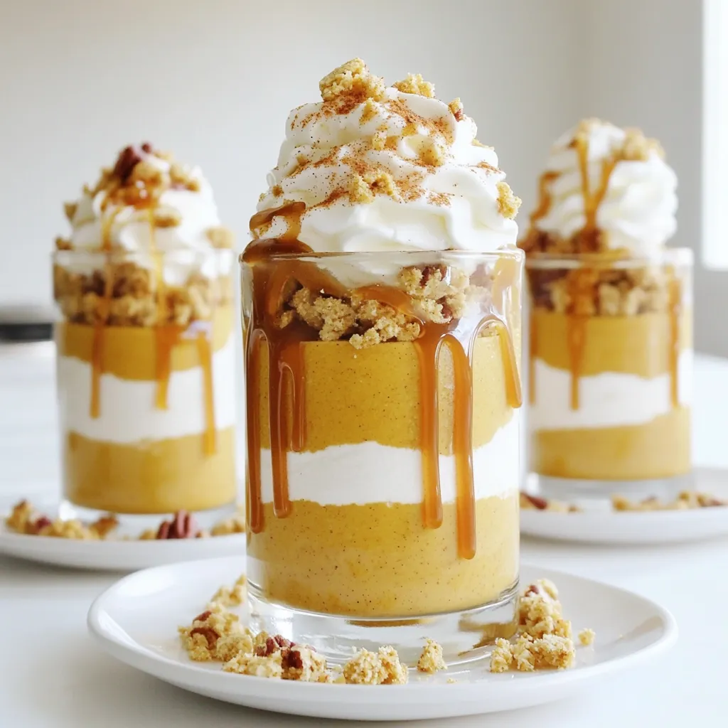 To make Caramel Pumpkin Mousse Parfaits, gather these simple ingredients: - 1 cup pumpkin puree - 1 cup heavy cream - 1/2 cup granulated sugar - 1/2 teaspoon vanilla extract - 1/2 teaspoon ground cinnamon - 1/4 teaspoon ground nutmeg - 1/4 teaspoon salt - 1/2 cup caramel sauce (store-bought or homemade) - 1/2 cup crushed graham crackers - Whipped cream (for topping) - Optional: chopped pecans for garnish If you have dietary needs, here are some swaps: - Pumpkin Puree: Use sweet potato puree for a different flavor. - Heavy Cream: Substitute with coconut cream for a dairy-free option. - Granulated Sugar: Use maple syrup or honey for a natural sweetener. - Graham Crackers: Try gluten-free crackers if you need a gluten-free option. To make your parfaits shine, keep these tips in mind: - Pumpkin Puree: Choose pure pumpkin puree, not the spiced pie filling. This gives the best taste. - Spices: Freshly ground spices can boost flavor. Use whole spices when possible. - Whipped Cream: Whip until soft peaks form. This keeps the mousse light and airy. - Caramel Sauce: A high-quality sauce adds richness. Homemade sauce can elevate the dessert. Using these ingredients and tips ensures a delightful treat that everyone will enjoy! To make the pumpkin mousse, start with a mixing bowl. Add 1 cup of pumpkin puree, 1/2 cup of granulated sugar, 1/2 teaspoon of vanilla extract, 1/2 teaspoon of ground cinnamon, 1/4 teaspoon of ground nutmeg, and 1/4 teaspoon of salt. Use an electric mixer to blend these ingredients until the mixture is smooth and creamy. This step is key for a rich flavor. Now, let’s whip the heavy cream. In a separate large bowl, pour in 1 cup of heavy cream. Use the electric mixer again. Mix until you see soft peaks form. Be careful not to overwhip. Overwhipping can ruin the cream's texture. You want it to be fluffy and light for the mousse. Next, it’s time to layer the parfaits. Grab your serving glasses or jars. Start with a layer of the pumpkin mousse at the bottom. Then, drizzle some caramel sauce over it. After that, add a layer of crushed graham crackers. Repeat these layers until you fill the glass. This creates a beautiful and tasty treat. After you layer the parfaits, cover them with plastic wrap. Place them in the fridge for at least 2 hours. This helps the flavors mix well and the mousse set perfectly. For best results, don’t skip this step. The wait will be worth it when you take that first bite! When making caramel pumpkin mousse parfaits, avoid overmixing the cream. Overwhipping can make it grainy. Always blend until soft peaks form. Don't rush the chilling step. Letting the parfaits sit in the fridge for at least two hours helps the flavors blend well. Also, use fresh pumpkin puree for the best taste, as the canned version can be watery. To boost the flavor, try adding a pinch of clove or ginger to the mousse. These spices add warmth and depth. You can also switch up the caramel sauce. A sea salt caramel adds a nice contrast to the sweetness. For a nutty flavor, mix in finely chopped pecans or walnuts into the mousse. Use clear glasses to show off those lovely layers. Start with pumpkin mousse, then caramel, and finish with graham crackers. Top with a dollop of whipped cream and drizzle more caramel on top. For a charming touch, sprinkle a little cinnamon or add a mini pumpkin spice cookie on the rim. This adds a festive look and makes your parfaits pop! {{image_2}} You can easily swap some ingredients in this recipe. If you want a lighter dessert, use Greek yogurt instead of heavy cream. It adds creaminess without all the fat. For a healthier sweetener, try maple syrup or honey in place of granulated sugar. Each option brings a new taste to the mousse. To make your parfaits even more special, add seasonal spices. Try ginger or allspice for a warm kick. You can also mix in flavors like orange zest for a fresh twist. This small change can make your dessert feel unique and festive. If you prefer a vegan option, replace heavy cream with coconut cream. It whips up light and fluffy. Use a plant-based sweetener like agave syrup instead of granulated sugar. For the caramel sauce, look for vegan brands or make your own using coconut milk. These swaps keep the flavor while catering to dietary needs. Store any leftover parfaits in the fridge. Use airtight containers to keep them fresh. If you used clear glasses, cover them with plastic wrap. This way, they stay safe from air and odors. These parfaits taste best within three days. After three days, the layers may start to blend. The mousse can lose its lightness after a while. If you plan to eat them later, store them right away. You can freeze the parfaits, but the texture may change. If you choose to freeze, use freezer-safe containers. Layer the parfaits with whipped cream and caramel just before serving for the best taste. They can last up to a month in the freezer. When ready to eat, thaw them in the fridge overnight. Yes, you can make these parfaits a day ahead. Just layer and chill them. The flavors will blend nicely overnight. This saves time for your gathering or dinner. You can use coconut cream or whipped coconut milk. Both options will still give a nice texture. If you want a lighter mousse, try using Greek yogurt. To make caramel sauce at home, use sugar and water. Heat 1 cup of sugar with 1/4 cup of water in a pot. Cook until it turns amber. Remove from heat and add 1/2 cup of cream slowly. Stir until smooth. You can use pumpkin pie filling, but it has added spices and sugar. This might change the taste of your mousse. If you prefer a more controlled flavor, stick with pumpkin puree. These parfaits last about 3 days in the fridge. Make sure to cover them well. This keeps them fresh and tasty for you to enjoy later. In this post, we explored how to make delicious pumpkin mousse parfaits. We covered ingredient choices, preparation steps, and tips for better flavor. I shared ways to avoid common mistakes and how to present your parfaits beautifully. Plus, we discussed variations and storage options for leftovers. Pumpkin mousse parfaits are fun to make and taste amazing. Try these ideas and enjoy your time in the kitchen!
