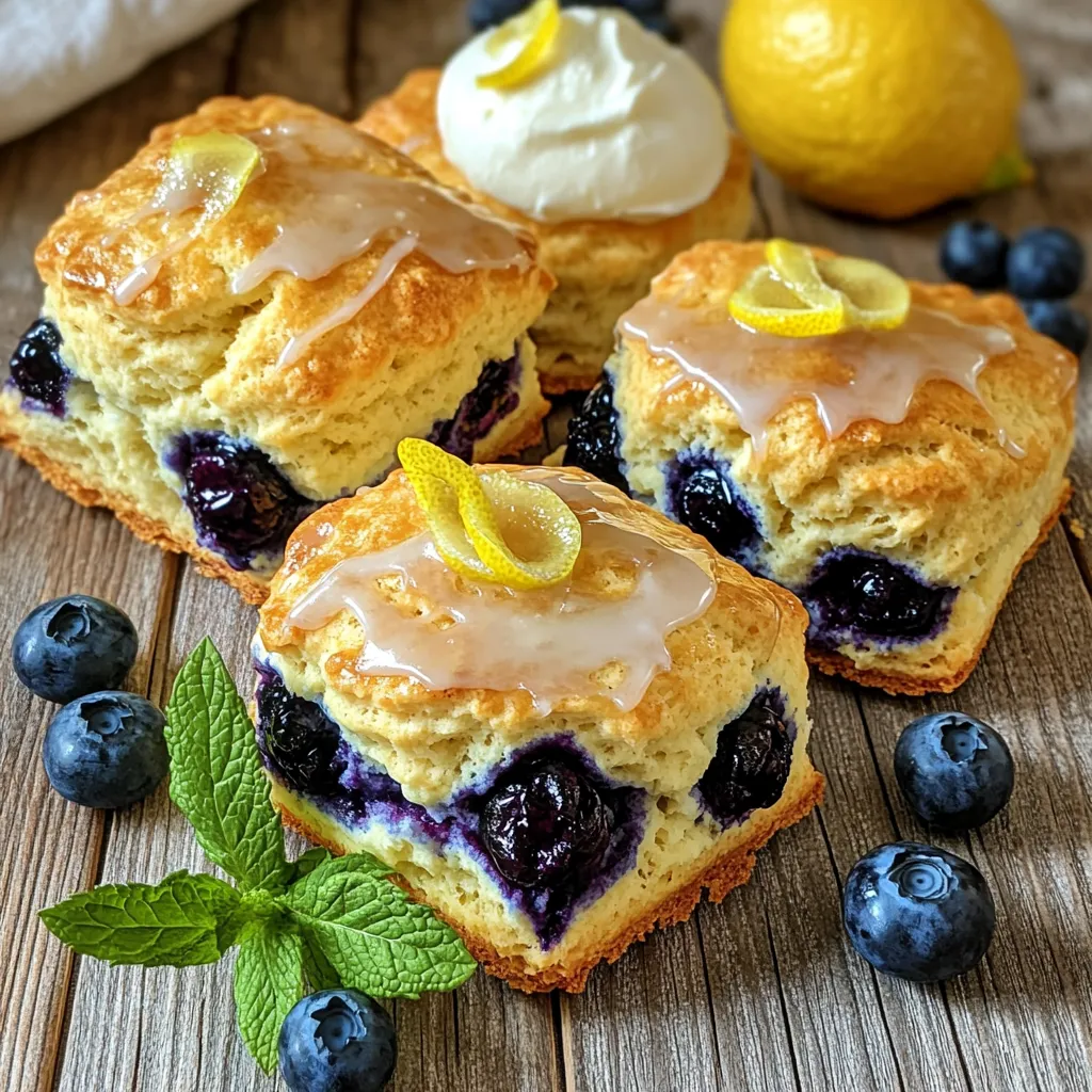 - 2 cups all-purpose flour - 1/4 cup granulated sugar - 1 tablespoon baking powder - 1/2 teaspoon salt - 1/2 cup unsalted butter, cold and cubed - 1 cup fresh blueberries (or frozen, if unavailable) - Zest of 1 large lemon - 1/2 cup heavy cream - 1 large egg - 1 teaspoon vanilla extract - 1 tablespoon lemon juice This recipe uses common ingredients, making it easy to find them at your local store. If you need a substitute for all-purpose flour, you can use whole wheat flour. It will change the flavor and texture a bit, but it works. For a dairy-free option, swap heavy cream with coconut cream. You can also use vegan butter instead of unsalted butter. Frozen blueberries work well if fresh ones are not available. Just toss them in flour before adding them to the dough. This helps keep them from sinking. Make sure to zest the lemon before juicing it. The zest gives a bright flavor to the scones. You can play with the sugar amount too. If you want less sweetness, cut it down to 3 tablespoons. Remember, it’s all about your taste! 1. First, preheat your oven to 400°F (200°C). This step is key for perfect scones. Line a baking sheet with parchment paper to make cleanup easy. 2. In a large mixing bowl, whisk together the dry ingredients. Combine 2 cups of all-purpose flour, 1/4 cup of granulated sugar, 1 tablespoon of baking powder, and 1/2 teaspoon of salt. Mix well until everything is blended. 3. Next, add 1/2 cup of cold, cubed unsalted butter to the dry mix. You can use a pastry cutter or your fingers for this. Mix until the mix looks like coarse crumbs. 4. Now, gently fold in 1 cup of fresh blueberries and the zest of 1 large lemon. Be careful not to crush the berries. 5. In another bowl, whisk together 1/2 cup of heavy cream, 1 large egg, 1 teaspoon of vanilla extract, and 1 tablespoon of lemon juice. Mix until it is all combined. 6. Pour this wet mixture into the dry mix. Stir until just combined. Do not overmix. This is very important. Overmixing makes the scones tough instead of light and fluffy. 7. Turn the dough out onto a lightly floured surface. Knead it gently a few times until it comes together. Shape the dough into a circle about 1 inch thick. 8. With a sharp knife, cut the circle into 8 wedges. Place them on the prepared baking sheet. Make sure to space them about 2 inches apart. 9. Bake your scones in the preheated oven for 18-20 minutes. Look for a light golden color on top to know they are ready. 10. Once baked, remove the scones from the oven. Let them cool slightly on a wire rack. For a special touch, drizzle with a simple lemon glaze. Just mix powdered sugar with lemon juice for sweetness. Remember, don’t rush through these steps. Each one builds flavor and texture. Enjoy the process! To make fluffy scones, start by mixing the dry ingredients well. Combine flour, sugar, baking powder, and salt in a large bowl. Use a whisk to blend them evenly. Next, add cold, cubed butter. This is key! The cold butter helps create a light texture. Use a pastry cutter or your fingers to mix until it looks like coarse crumbs. Minimize handling of the dough. Overworking it can make the scones dense. After adding blueberries and lemon zest, mix gently. Just fold until combined, then form the dough into a circle. Pair your scones with tea or coffee for a delightful treat. They also taste great with clotted cream or lemon curd. For presentation, serve scones warm on a nice plate. Add a few fresh blueberries and a sprig of mint for color. This makes your dish look even more inviting! {{image_2}} You can easily change the flavor of your blueberry lemon scones. Try using different fruits like raspberries, cranberries, or even peaches. Each fruit adds its own twist. If you want a unique flavor, consider adding spices. A pinch of cinnamon or nutmeg can warm your scones. You can also try zesting other citrus fruits. Lime or orange zest gives a fresh kick to the scone. If you need gluten-free scones, swap the all-purpose flour for a gluten-free blend. Many brands work well in baking. Just make sure it has a good mix of ingredients. For a vegan version, use plant-based butter and almond milk instead of heavy cream. You can also replace the egg with a flax egg. To make a flax egg, mix 1 tablespoon of ground flaxseed with 3 tablespoons of water. Let it sit for five minutes to thicken. This way, everyone can enjoy these tasty scones! To keep your blueberry lemon scones fresh, store them in an airtight container. This keeps moisture in and prevents them from drying out. Place a piece of parchment paper between layers if you stack them. For short-term storage, leave them at room temperature for up to two days. If you want to keep them longer, freezing is a great option. To freeze your scones, wrap each one in plastic wrap. Then, place them in a freezer-safe bag or container. They can last for up to three months in the freezer. When you are ready to eat them, let the scones thaw in the fridge overnight. This keeps them moist and soft. When it comes to reheating, you have a few options. The oven is best for keeping the scones nice and crisp. Preheat your oven to 350°F (175°C). Place the scones on a baking sheet and heat them for about 10 minutes. This will bring back their fresh-baked taste. If you’re in a hurry, a microwave works too. Place a scone on a microwave-safe plate. Heat it for about 10 to 15 seconds. Be careful not to overheat, or they might get tough. Enjoy your warm scones with your favorite drink or spread! Can I use frozen blueberries? Yes, you can use frozen blueberries in this recipe. Just toss them in flour before adding to the dough. This helps prevent them from sinking. The flavor will still shine through, making your scones delicious. How do I know when the scones are done baking? You will know the scones are done when they turn lightly golden on top. A toothpick inserted in the center should come out clean. Baking takes about 18 to 20 minutes, so keep an eye on them. Can I prepare the dough in advance? Yes, you can prepare the dough ahead of time. Shape it into a circle and freeze it. Once frozen, wrap it well. When ready to bake, just cut it into wedges and bake from frozen, adding a few extra minutes to the baking time. This article covered how to make scones from start to finish. We discussed key ingredients, detailed steps, and tips for perfecting your scones. You learned about variations and dietary options to fit your needs. Storing and reheating tips help keep your scones fresh and tasty. Now you can bake fluffy scones that impress friends and family alike. Try different flavors and enjoy! Happy baking!