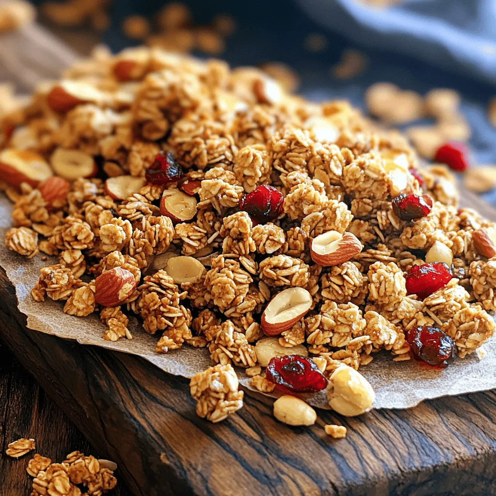- 2 cups rolled oats - 1 cup walnuts, chopped - 1/2 cup almond slices - 1/4 cup sunflower seeds - 1/2 cup maple syrup - 1/4 cup coconut oil, melted - 1/2 teaspoon vanilla extract - 1/2 teaspoon cinnamon - 1/4 teaspoon salt - 1/2 cup dried cranberries (optional) For this recipe, we need simple and healthy ingredients. The base is rolled oats, which provide fiber and a great crunch. Walnuts add healthy fats and a rich flavor. You can also use almond slices and sunflower seeds for added texture. Maple syrup acts as our sweetener. It gives a nice, natural sweetness and pairs well with the nuts. Coconut oil adds a lovely richness and helps bind everything together. Vanilla extract and cinnamon give the granola a warm, comforting taste. A pinch of salt enhances the flavors. If you like a fruity touch, add dried cranberries for extra sweetness and color. These ingredients work wonderfully together. They create a tasty snack that's crunchy and wholesome. Plus, you can easily customize it to fit your taste. - Preheat your oven to 350°F (175°C). - Line a baking sheet with parchment paper. Start by setting your oven to the right temperature. This step is key for even baking. The parchment paper helps prevent sticking, making cleanup easy. - Mix rolled oats, walnuts, almond slices, and sunflower seeds. In a large bowl, add rolled oats, chopped walnuts, almond slices, and sunflower seeds. Stir these together until they blend well. This mix gives your granola its crunch and flavor. - Whisk maple syrup, coconut oil, vanilla extract, cinnamon, and salt. In another bowl, combine maple syrup, melted coconut oil, vanilla extract, cinnamon, and salt. Whisk until everything is mixed well. This blend adds sweetness and richness to your granola. - Coat dry ingredients with wet ingredients. - Spread granola on baking sheet and bake. Now, pour the wet mix over the dry ingredients. Stir until every piece is coated. Next, spread the granola on your prepared baking sheet. Press it down gently to form clusters. Bake for 25-30 minutes, stirring halfway through to ensure even browning. Keep an eye on it to prevent burning. - Cool granola completely before crumbling and adding cranberries. After baking, let the granola cool completely on the baking sheet. It will harden as it cools. Once cool, crumble it into clusters. If you like, mix in dried cranberries for extra flavor. Store your granola in an airtight container at room temperature. Enjoy your crunchy snack! To make your granola clusters crunchy and delicious, press the mixture down firmly before baking. This step helps the oats and nuts stick together. The firmer the mixture, the better the clusters. Keep a close eye on your granola while it bakes. Bake it until golden brown, but don’t let it burn. Stir halfway through baking to ensure even cooking. You can easily customize your granola clusters. Try adding different nuts like pecans or hazelnuts. You can also swap almond slices for pumpkin seeds or chia seeds. If you want to change the sweetener, use honey or agave syrup instead of maple syrup. For a twist, replace coconut oil with melted butter or vegetable oil. Granola clusters are great on their own, but you can enjoy them in many ways. Sprinkle them over yogurt for breakfast. Add them to oatmeal for extra crunch. You can snack on them straight from the jar. Mix them into trail mix for a tasty treat. They also work well in baked goods or as a topping for desserts. {{image_2}} If you want a nut-free granola, you can swap out the nuts. Use seeds instead. For example, you can add more sunflower seeds or pumpkin seeds. These seeds bring a nice crunch and healthy fats. You can also try using oats or puffed rice as a base. This way, you still get that crunchy texture without nuts. Maple syrup gives a great flavor, but you can use other sweeteners too. Honey works well, adding a different taste. Agave syrup is another option for a milder sweetness. You can also use brown rice syrup for a thicker texture. Each choice will change the flavor a bit, so pick what you like best. Spices can really make your granola special. Add a pinch of nutmeg for warmth or a bit of ginger for a kick. You might like to try cardamom or cloves for a unique twist. Just remember, a little goes a long way. Play with these flavors to find what you enjoy. Each spice can take your granola to a new level. To keep your maple walnut granola clusters fresh, store them in an airtight container. A glass jar or plastic container works well. Make sure the container is sealed tightly to keep air out. This helps prevent your clusters from getting stale. When stored properly, your granola clusters will stay fresh for up to two weeks. After that, they may lose their crunch and flavor. If you want them to last longer, consider freezing them. Just place them in a freezer-safe bag or container. They can last for up to three months in the freezer. To maintain crunchiness after storage, avoid moisture. If your granola gets soft, you can revive it. Simply spread the clusters on a baking sheet. Bake them at 300°F (150°C) for about 5 to 10 minutes. This will help restore their crunchy texture. Enjoy your snack at its best! To bind granola clusters well, use enough wet ingredients. Maple syrup and melted coconut oil help. When mixing, ensure all dry ingredients are fully coated. After spreading on the sheet, press down firmly. This creates a solid base for clusters. Bake until golden brown, then let it cool completely. The granola will harden as it cools. Yes, you can use other oils. Olive oil or avocado oil are great options. They both provide healthy fats and a nice flavor. Just keep in mind that the taste may change slightly. Coconut oil adds a sweet note, while olive oil has a more savory profile. Choose based on your taste preference and what you have at home. Leftover granola is a versatile snack. Sprinkle it over yogurt for a tasty breakfast. Mix it into your smoothie bowl for added crunch. You can also use it as a topping for oatmeal or desserts. Another fun idea is to bake it into cookies or bars. This way, you enjoy every last crumb! This granola recipe is simple and fun to make. You mix oats, nuts, and seeds, then combine them with syrup and coconut oil. Bake until golden, and enjoy crunchy clusters! Remember, you can add spices or swap ingredients based on what you like. Store your granola well for lasting freshness. With these tips, you’ll create tasty snacks for any time of day. Enjoy your homemade granola and get creative with each batch!