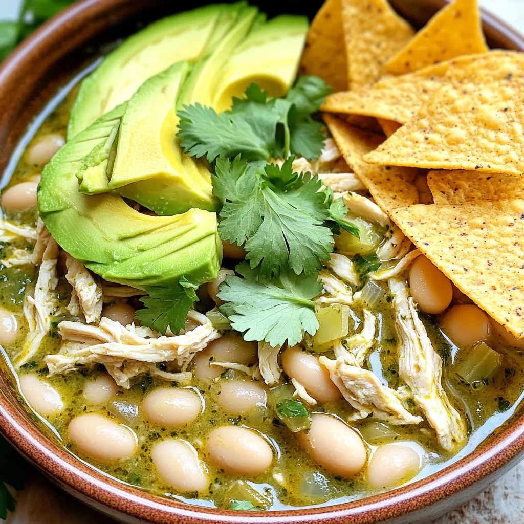 To make this simple and tasty dish, you need a few key items: - 1.5 lbs boneless, skinless chicken breasts - 1 can (15 oz) white beans, drained and rinsed - 1 can (15 oz) green chili sauce - 1 cup low-sodium chicken broth - 1 medium onion, diced - 3 cloves garlic, minced - 1 jalapeño, deseeded and finely chopped These ingredients create a rich and creamy base for your chili. The right spices can elevate your chili. Here are the must-haves: - 1 tsp ground cumin - 1 tsp smoked paprika - 1 tsp dried oregano - Salt and pepper to taste - Juice of 1 lime These spices add warmth and depth to the dish, making it truly special. Make your chili even better with these fun toppings: - Fresh cilantro, for garnish - Sliced avocado, for serving (optional) - Tortilla chips, for serving (optional) These garnishes add fresh flavor and texture. Enjoy the crunch of chips with every bite! Start by placing the chicken breasts at the bottom of the slow cooker. This method keeps the chicken moist as it cooks. Make sure to use boneless and skinless chicken for best results. This part of the recipe is easy and requires no extra prep. In a separate bowl, mix the diced onion, minced garlic, chopped jalapeño, and white beans. Then, add the green chili sauce and chicken broth. Next, stir in the cumin, smoked paprika, and oregano. Don’t forget to season with salt and pepper to taste. This mix gives your chili verde a rich flavor. Pour the mixed ingredients over the chicken in the slow cooker. Ensure the chicken is well covered. Cover the slow cooker and set it to cook. You can choose between two settings: low for 6-7 hours or high for 4 hours. Both options will result in tender chicken. When it's done, shred the chicken with two forks and return it to the pot. Stir in lime juice and let it cook for another 15 minutes. This final step blends all the flavors together. Serve hot and enjoy! To get tender chicken, use boneless, skinless breasts. Place them at the bottom of the slow cooker. Cooking on low for 6-7 hours works best. If you are short on time, cook on high for 4 hours. Shred the chicken after cooking. This helps it absorb the flavors. For the best flavor, always use fresh ingredients. Diced onion and minced garlic add depth. The jalapeño gives it a mild heat. Ground cumin and smoked paprika boost the taste. Adjust salt and pepper to your liking. Adding lime juice before serving brightens the dish. Using fresh ingredients often gives better taste. Fresh garlic and onion have strong flavors. However, canned items can save time. Canned white beans are quick and easy. Choose good-quality green chili sauce for convenience. Both options can work well for this recipe. {{image_2}} You can make a vegetarian version of this chili verde. Swap the chicken for tofu or tempeh. Both options soak up flavors well. Use vegetable broth instead of chicken broth. Add more beans, like black beans or pinto beans. This makes the chili hearty and filling. You can also add corn for a sweet crunch. Feel free to mix in different beans or veggies. Chickpeas work great in this recipe. They add protein and a nice texture. Try bell peppers for a bit of sweetness. Zucchini or carrots can also add color and nutrients. The more veggies, the better! Just chop them to a similar size for even cooking. You can adjust the spice level to suit your taste. If you like it mild, skip the jalapeño. For a kick, add more jalapeño or some diced green chiles. You can also sprinkle in cayenne pepper for extra heat. Taste before serving. This way, you can find the perfect balance. After you enjoy your slow cooker white chicken chili verde, store leftovers right away. Let it cool to room temperature first. Then, place it in an airtight container. This keeps your chili fresh. You can store it in the fridge for up to four days. Always label your container with the date. This helps you know when to eat it. If you want to keep your chili for longer, freezing is a great choice. Use freezer-safe containers or heavy-duty freezer bags. Make sure to leave some space at the top of the container. This allows for expansion as it freezes. Your chili can last up to three months in the freezer. When you’re ready to eat, thaw it in the fridge overnight. Reheating your chili can be easy and tasty. You can use the stove or microwave. If using the stove, heat it over medium heat. Stir often to prevent burning. If using the microwave, heat it in short bursts. Stir between each burst to ensure even heating. Add a splash of chicken broth if it seems thick. This keeps the chili moist and flavorful. Enjoy your delicious meal again! Yes, you can use frozen chicken breasts. Just add an extra hour to your cooking time. Ensure they are fully cooked to 165°F before serving. The slow cooker will work well with frozen meat, making this dish easy. This dish has a mild to medium spice level. The jalapeño adds heat, but you can adjust it. For less spice, use only half of the jalapeño or remove the seeds. If you want more heat, add a chopped serrano pepper or a dash of hot sauce. Taste as you go to find your perfect balance. You can serve this chili with tortilla chips for a nice crunch. Sliced avocado makes a creamy addition. Fresh cilantro adds color and flavor. You could also pair it with rice or warm tortillas for a complete meal. Enjoy experimenting with sides to enhance your dish. In this post, we covered making Slow Cooker White Chicken Chili Verde. We explored the key ingredients, spices, and garnishes. I provided step-by-step instructions and shared helpful tips to ensure a tasty result. We also looked at fun variations and storage methods for leftovers. Overall, this chili is easy to adapt to your taste. Enjoy creating a warm and comforting meal your family will love!