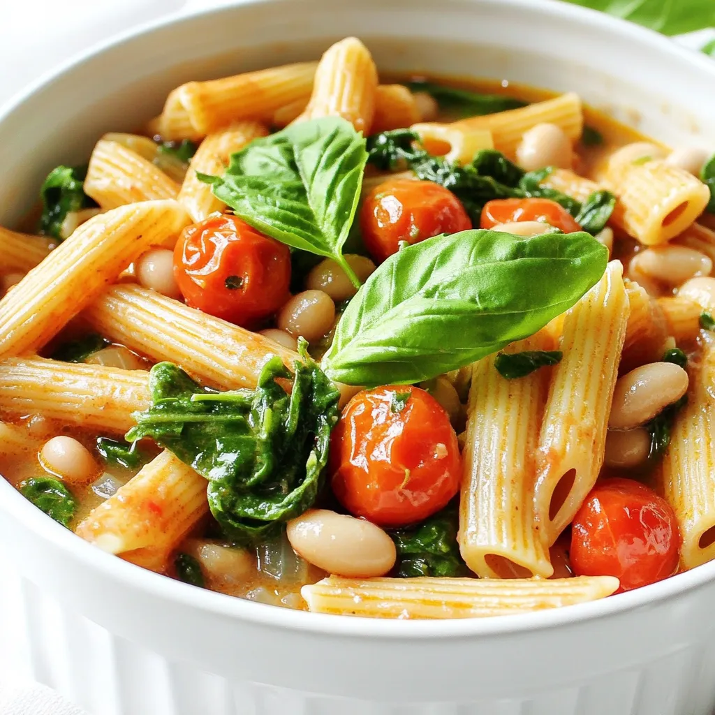 - 12 ounces whole wheat pasta (like penne or fusilli) - 1 can (15 ounces) white beans (cannellini or great northern), drained and rinsed - 1 cup cherry tomatoes, halved - 1 medium onion, finely chopped - 3 cloves garlic, minced - 1 teaspoon dried oregano - 1 teaspoon dried basil - 1 teaspoon red pepper flakes (optional) - 4 cups vegetable broth - 2 tablespoons olive oil - 2 cups fresh spinach Using these ingredients makes the dish healthy and satisfying. Whole wheat pasta adds fiber. White beans pack protein and creaminess. Cherry tomatoes bring sweetness and color. Aromatic onion and garlic create a flavorful base. Dried herbs like oregano and basil add depth. Don't forget the red pepper flakes! They give a nice kick if you like heat. Vegetable broth ties it all together and adds richness. Olive oil helps sauté the veggies and keeps everything moist. Fresh spinach adds a bright green touch. This list gives you all you need for a tasty, one-pot meal. You can adjust the ingredients based on what you have. Feel free to get creative! Chopping vegetables Start by getting your onion and garlic ready. Chop the onion finely. This helps it cook faster. Then, mince the garlic. You want it small for good flavor. Next, take your cherry tomatoes and cut them in half. Rinsing the white beans Open the can of white beans. Pour them into a colander. Rinse them under cold water. This removes extra salt and makes them taste fresh. Sautéing onion and garlic In a big pot, heat the olive oil over medium heat. Add the chopped onion and cook for about 5 minutes. It should become soft and clear. Then, add the minced garlic. If you like spice, add red pepper flakes too. Cook this for 1-2 more minutes until you smell the garlic. Adding tomatoes and broth Now, toss in the halved cherry tomatoes. Cook them for 3-4 minutes. They will soften and add sweetness. Next, pour in the vegetable broth. Bring this to a boil. Cooking pasta and beans together Once the broth boils, add the whole wheat pasta and white beans. Don't forget the dried oregano and basil! Season with salt and pepper. Stir everything well. Lower the heat to a simmer and cover the pot. Cook for 10-12 minutes. Stir occasionally. Your pasta should be firm but cooked. Incorporating spinach When the pasta is ready, fold in the fresh spinach. Cook for another 2-3 minutes until it wilts down. This adds color and nutrition. Adjusting seasoning Taste your dish. If it needs more flavor, add more salt or pepper. You want it to be just right. Serving suggestions Serve the pasta hot. Garnish with fresh basil leaves for a nice look and taste. Enjoy your meal! How to achieve perfect al dente pasta To cook pasta al dente, boil it for 10-12 minutes. Stir it often. Check the pasta a minute or two before the time is up. It should be firm but not hard. If it’s soft, you’ve cooked it too long. This gives the pasta a nice bite. Tips for sautéing vegetables Start with a hot pan and add olive oil first. Let the oil shimmer. Then add your onions. Cook them for about 5 minutes until they turn clear. Next, add garlic and cook for just a minute. Garlic burns quickly, so stay close. Keep stirring to get even cooking. Alternatives to whole wheat pasta If you want a different pasta, try brown rice or quinoa pasta. They cook slightly different, so check the package. You can also use regular pasta if you prefer. Other beans to use Cannellini beans are great, but you can also use chickpeas or kidney beans. Just rinse and drain them before adding. Each bean adds its own flavor and texture. Additional seasonings to try You can add more herbs like thyme or rosemary for extra flavor. A splash of lemon juice brightens the dish too. For a savory kick, try adding a dash of soy sauce or balsamic vinegar. How to make it more filling To make this dish heartier, add in some cooked chicken or shrimp. You can also toss in more spinach or other veggies like bell peppers. This adds nutrients and makes the meal more satisfying. {{image_2}} You can easily boost your dish with protein. Adding cooked chicken or shrimp makes it heartier. Simply sauté the protein before adding the onion. Then continue with the recipe as normal. For a vegetarian option, tofu works great. Use firm tofu for the best texture. Cube it and sauté with the onion and garlic. You’ll enjoy a rich flavor and added protein. If you want to make this dish vegan, swap the vegetable broth with a homemade version. You can use water or vegetable stock. This keeps all flavors intact while staying plant-based. For gluten-free needs, opt for gluten-free pasta. There are many options available now. Just follow the cooking time on the package for best results. Using seasonal vegetables can take this dish to the next level. Try adding zucchini in summer or butternut squash in fall. These veggies add flavor and color. Adjust the spice level based on the season too. In winter, you might want more red pepper flakes for warmth. In spring, keep it light and fresh with less spice. To store leftover One Pot Tuscan White Bean Pasta, let it cool first. Place it in an airtight container. Store it in the fridge for up to 3 days. When reheating, add a splash of vegetable broth or water. This keeps it moist. Heat it on the stove over low heat. Stir often to avoid sticking. Yes, you can freeze One Pot Tuscan White Bean Pasta. Let it cool completely before freezing. Use a freezer-safe container or bag. It can last up to 2 months in the freezer. When ready to eat, thaw it in the fridge overnight. To reheat, warm it on the stove with a bit of broth. This helps regain its creamy texture. In the fridge, this dish lasts about 3 days. Keep an eye out for signs of spoilage. If you see mold or an off smell, throw it away. The pasta may also become mushy if stored too long. Always trust your senses when deciding to eat leftovers. Can I use other types of pasta? Yes, you can use different pasta shapes. Penne and fusilli work well. You can try bowtie, elbows, or even gluten-free pasta. Just adjust the cooking time as needed. Can I make this dish in advance? Yes, this dish is great for meal prep. Cook and store it in the fridge for up to three days. Just reheat on low heat, adding a splash of broth for moisture. Is it gluten-free? This recipe is not gluten-free due to the whole wheat pasta. To make it gluten-free, swap the pasta for a gluten-free option like rice pasta or lentil pasta. Suitable for vegan diets? Yes, this dish is vegan-friendly. It contains no animal products, making it a healthy choice for plant-based diets. What to serve with one pot Tuscan white bean pasta? This pasta pairs well with a simple salad or crusty bread. A side of roasted vegetables adds more flavor and nutrients. How can I make it spicier? To add heat, increase the red pepper flakes. You can also add a dash of hot sauce or some chopped fresh chili peppers. Adjust to your taste for the perfect kick! This blog post shared a simple recipe for one-pot Tuscan white bean pasta. You learned about the main ingredients, cooking steps, and helpful tips. The recipe is adaptable, allowing for personal touches, such as adding proteins or seasonal veggies. You can also store leftovers easily. Experiment with flavors and ingredients to find your perfect dish. Enjoy cooking and make this meal your own!