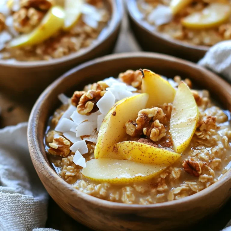 - 1 cup rolled oats - 2 cups almond milk (or any milk of choice) - 2 ripe pears, peeled and diced - 1 teaspoon cinnamon - 1/2 teaspoon nutmeg - 2 tablespoons brown sugar (or maple syrup) - 1/4 cup chopped walnuts or pecans - 2 tablespoons unsweetened coconut flakes - Additional maple syrup or honey for drizzling Gathering the right ingredients is key to making cozy spiced pear crumble oatmeal. You need rolled oats as the base. They provide a hearty texture and a good source of fiber. Next, almond milk, or any milk you prefer, gives creaminess to the dish. Pears add a sweet and juicy flavor. Choose ripe pears for the best taste. The spices include cinnamon and nutmeg. These warm spices create a cozy aroma. Brown sugar or maple syrup adds extra sweetness. For toppings, I love using chopped walnuts or pecans. They add crunch and healthy fats. Unsweetened coconut flakes give a nice texture and tropical flavor. Drizzling extra maple syrup or honey on top makes it special. This combination of ingredients makes your morning bright and joyful. - Step 1: Combine the rolled oats, almond milk, diced pears, cinnamon, nutmeg, brown sugar, and a pinch of salt in a medium saucepan. This mix creates a lovely base for your oatmeal. - Step 2: Bring the mixture to a gentle boil over medium heat. Once it reaches a boil, reduce the heat to low. Simmer for about 5-7 minutes while stirring occasionally. The oats will cook and soak up the flavors, making it thick and creamy. - Step 3: In a small skillet, toast the chopped walnuts or pecans and coconut flakes over medium heat. Stir them frequently for about 3-4 minutes. You want them to turn golden brown and smell great. This step adds crunch and flavor to your dish. - Step 4: Once the oatmeal is cooked to your liking, take it off the heat. Serve it warm in bowls. This cozy dish is perfect for a chilly morning. - Step 5: Top each bowl with the toasted nuts and coconut mixture. Drizzle with extra maple syrup or honey for added sweetness. A touch of syrup makes it even more delightful. To get the perfect texture for your oatmeal, stir often while it cooks. This helps mix in the flavors and keeps it from sticking. You want it creamy, not clumpy. If you like your oatmeal thicker, cook it a bit longer. For a creamier finish, add a little more almond milk. If you don’t have almond milk, feel free to use any milk you like. Cow’s milk or oat milk work well too. For sweetness, you can swap brown sugar with honey or maple syrup. Each adds a unique taste that complements the pears. Serve your cozy oatmeal in rustic bowls. Top it with a sprinkle of cinnamon and a few slices of fresh pear. This not only adds flavor but also makes it look inviting. You can use colorful bowls to make your dish pop. A nice presentation makes every bite more enjoyable. {{image_2}} You can switch out pears for apples or berries. This keeps the dish fresh and fun. Apples bring a crisp bite, while berries add a sweet burst. You can use whatever fruits are in season. In fall, try juicy apples. In summer, fresh berries shine. Each fruit gives a unique taste to your cozy spiced pear crumble oatmeal. To boost flavor, add a splash of vanilla extract. This simple touch makes the oatmeal richer. You can also try other spices like ginger or cardamom. Ginger adds warmth, while cardamom gives a floral note. Mix and match these flavors to create your perfect bowl. To make this dish vegan, ensure your milk is plant-based. Almond milk works great, but oat or soy milk can work too. For a gluten-free option, use certified gluten-free oats. You can also swap brown sugar for maple syrup for a vegan sweetener. These swaps keep the cozy spiced pear crumble oatmeal delicious for everyone. To store leftover oatmeal, let it cool first. Place it in an airtight container. This keeps it fresh for up to four days. If you want the best taste, eat it within two days. To reheat oatmeal, add a splash of almond milk. This helps keep it creamy. Heat it in the microwave for about one to two minutes. Stir halfway through. If it looks dry, add more milk. Yes, you can freeze spiced pear crumble oatmeal! Use a freezer-safe container. It can last for up to three months. When ready to eat, thaw it in the fridge overnight. Reheat it gently on the stove or in the microwave. To make oatmeal creamy, use enough liquid. I like using almond milk for a rich feel. You can also cook your oats longer, letting them absorb more moisture. Stirring the oats as they cook helps too. If you want extra creaminess, add a splash of cream or a dollop of yogurt right before serving. Yes, you can make this oatmeal ahead of time. Cook the oatmeal as usual, then let it cool. Store it in an airtight container in the fridge for up to three days. When you are ready to eat, just reheat it on the stove or in the microwave. Add a splash of milk to help it warm up nicely. If you don’t have pears, try using apples instead. They cook well and add a nice sweetness. Berries, like blueberries or raspberries, can also work. If you want a different flavor, add bananas or even diced peaches. Each option will give your oatmeal its own special twist. This blog post shared a simple recipe for spiced pear crumble oatmeal. We explored the key ingredients, from oats to almond milk and ripe pears. You learned how to prepare the oatmeal, toast toppings, and serve it beautifully. We also discussed useful tips on cooking techniques, ingredient swaps, and fun variations. For storage, I gave you ways to keep it fresh and how to reheat it. Enjoy making this healthy breakfast that’s easy and customizable. Try different fruits and flavors to fit your taste. Happy cooking!