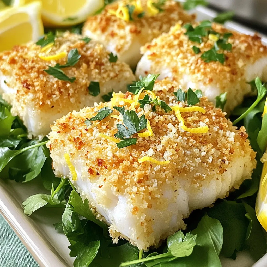 To make this tasty Air Fryer Parmesan Crusted Cod, you need just a few main items: - 4 cod fillets (about 6 ounces each) - 1 cup breadcrumbs (preferably panko for extra crunch) - ½ cup grated Parmesan cheese These ingredients come together to create a dish that is both filling and flavorful. Cod is a light fish that works well with the crispy coating. The right seasonings make this dish shine. Gather these for the coating: - 2 tablespoons fresh parsley, chopped - 1 teaspoon garlic powder - ½ teaspoon onion powder - ½ teaspoon paprika - Salt and pepper to taste - 2 tablespoons olive oil These seasonings add depth to the cod, making each bite tasty. The parsley gives a fresh touch, while the garlic and onion powders add warmth. For a bright finish, consider these garnishes: - 1 lemon, for zest and wedges Lemon adds a fresh zing to the dish. Zesting it over the cooked cod gives a burst of flavor. Squeezing lemon wedges on top before eating brightens the taste further. First, take four cod fillets, each about 6 ounces. Pat them dry with paper towels. This step removes moisture and helps the coating stick better. Make sure to dry both sides. If the fish is wet, the crust won’t be crispy. In a mixing bowl, add 1 cup of breadcrumbs, preferably panko. Panko gives extra crunch. Then, add ½ cup of grated Parmesan cheese. Toss in 2 tablespoons of chopped fresh parsley. Next, add 1 teaspoon of garlic powder, ½ teaspoon of onion powder, and ½ teaspoon of paprika. Finish with salt and pepper to taste. Mix everything well until it looks even. Brush each cod fillet lightly with 2 tablespoons of olive oil on both sides. This oil helps the coating crisp up nicely. Next, press each fillet into the breadcrumb mixture. Make sure to coat both sides well and press gently. This helps the crumbs stick. Now, preheat your air fryer to 400°F (200°C) for about 5 minutes. Once it’s hot, place the coated cod fillets in the air fryer basket. Make sure they are not touching. You may need to cook in batches if your air fryer is small. Cook for about 10 to 12 minutes. The cod should turn golden brown and flake easily with a fork. Just before serving, zest a lemon over the cod for added freshness. Plate your cod fillets and serve them with lemon wedges for squeezing on top. Enjoy your crispy, tasty meal! To get that perfect crispy bite, start by patting the cod fillets dry. This step removes moisture and helps the coating stick better. Use panko breadcrumbs for extra crunch. They give a great texture and golden color. When you coat the fish, press the breadcrumbs down firmly. This helps them stay on during cooking. Don't overcrowd the air fryer basket. Give each piece space so hot air can circulate well. This ensures even cooking and a crisp finish. You can switch out ingredients for what you have on hand. Instead of cod, use other fish like tilapia or haddock. For the breadcrumbs, regular ones work, but panko is best for crunch. If you lack Parmesan, try pecorino cheese for a different flavor. Fresh parsley can be swapped for dried herbs like thyme or oregano. The garlic and onion powders can be replaced with fresh minced garlic or onion if you prefer a stronger taste. Cooking in batches may be necessary if your air fryer is small. Avoid stacking the fillets; they need space to cook properly. This helps each piece get that lovely golden crust. Keep the first batch warm in the oven at a low temperature while you cook the rest. This way, everything stays hot and ready to serve. When finished, don’t forget to zest the lemon on top for a fresh pop of flavor! {{image_2}} You can change the taste of your cod by using different herbs. Fresh herbs like dill or basil add a nice touch. You can mix dried herbs like oregano or thyme into the coating too. Each herb brings a new flavor to the dish. Experiment with combinations to find your favorite mix. If you don’t have an air fryer, you can still enjoy this cod. Baking works well. Just place the coated fillets on a baking sheet. Bake at 400°F for about 15-20 minutes. The fish should be flaky and golden. You can also pan-sear the cod. Heat oil in a pan and cook for 4-5 minutes per side. Both methods create delicious results. Pairing cod with vegetables is a great idea. You can cook sliced zucchini or bell peppers in the air fryer alongside the fish. This adds color and nutrition to your meal. Toss your favorite veggies in olive oil and seasonings. Place them in the air fryer with the cod for a complete dish. You’ll enjoy a tasty and healthy meal! After cooking, you can store leftover cod. Let it cool first. Place it in an airtight container. It stays fresh in the fridge for up to two days. The key is to keep it sealed to prevent moisture loss and odors. Reheating cod can be tricky. You want to keep it crispy. I suggest using the air fryer again. Preheat it to 350°F (175°C). Heat the cod for about 5 to 7 minutes. This method helps restore the crispiness of the crust. If you want to save cod for later, freezing is an option. Wrap each fillet tightly in plastic wrap. Then put them in a freezer-safe bag. Cod can last up to three months in the freezer. When ready to eat, thaw it in the fridge overnight. Reheat it using the air fryer for the best results. You should cook cod in an air fryer for about 10 to 12 minutes. This time ensures the cod cooks through and the crust turns golden brown. Always check if the fish flakes easily with a fork. If it does, it is ready to eat! Yes, you can use frozen cod fillets. Just make sure to thaw them first. You can leave them in the fridge overnight or place them in cold water for about an hour. Once thawed, pat them dry and follow the same steps in the recipe. Parmesan crusted cod pairs well with many sides. Here are some great options: - Steamed green beans - Roasted potatoes - A fresh salad - Quinoa or rice - Grilled vegetables Serving with lemon wedges adds a nice touch too! You’ve learned about the key ingredients for making delicious Parmesan-crusted cod. We covered how to prepare the fish, mix the coating, and cook it in the air fryer. I shared tips to get a crispy finish and suggested variations for more flavor. Finally, we discussed how to store and reheat your dish. Remember, this recipe is adaptable. You can make it your own. Enjoy your cooking journey!