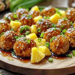 - 1 lb ground chicken - 1/2 cup breadcrumbs - 1/4 cup green onions, finely chopped - 1/4 cup fresh pineapple, finely diced - 1 large egg - 2 tablespoons soy sauce (low sodium) - 1 tablespoon sesame oil - 1 teaspoon garlic powder - 1 teaspoon ginger powder - Salt and pepper to taste - 1/2 cup teriyaki sauce - Extra pineapple chunks for garnish The main ingredients in this recipe create a balance of flavor and texture. Ground chicken forms the meatball base. I like to use breadcrumbs for lightness. Green onions add a nice crunch, and fresh pineapple brings sweetness. The egg helps bind the mixture. Soy sauce adds saltiness, while sesame oil gives a hint of nutty flavor. Garlic and ginger powders add depth. - Extra pineapple chunks - Chopped green onions - Sesame seeds These garnishes make your dish pop! Extra pineapple chunks add color and sweetness. Chopped green onions give freshness. A sprinkle of sesame seeds adds a nice crunch and visual appeal. - Ground turkey or beef instead of chicken - Gluten-free breadcrumbs - Alternatives for teriyaki sauce If you prefer, use ground turkey or beef. They work just as well. For those needing gluten-free options, swap in gluten-free breadcrumbs. You can also try different sauces if you want a change from teriyaki. This flexibility lets you tailor the dish to your taste! - Preheat your oven to 400°F (200°C). - Line a baking sheet with parchment paper. - In a large bowl, combine: - 1 lb ground chicken - 1/2 cup breadcrumbs - 1/4 cup green onions, finely chopped - 1/4 cup fresh pineapple, finely diced - 1 large egg - 2 tablespoons soy sauce (low sodium) - 1 tablespoon sesame oil - 1 teaspoon garlic powder - 1 teaspoon ginger powder - Salt and pepper to taste - Mix until all ingredients are well blended. - Take portions of the mixture with your hands. - Shape them into 1-inch meatballs. - Place each meatball on the lined baking sheet. - Make sure to leave space between them. - Bake for 15-20 minutes until they are golden brown. - In a small saucepan, heat 1/2 cup of teriyaki sauce over medium heat. - Once the meatballs are done, take them out of the oven. - Drizzle the warm teriyaki sauce over the meatballs. - Toss them gently to coat each meatball. - Transfer the glazed meatballs to a serving platter. - You can garnish with extra pineapple chunks and chopped green onions. - Serve with steamed rice or a simple salad for a tasty meal. - For a nice touch, drizzle more teriyaki sauce around the meatballs. - Sprinkle sesame seeds on top for added flair. To make juicy meatballs, mix the ingredients gently. Overmixing can make them tough. Use your hands to combine the ground chicken, breadcrumbs, and pineapple. This will keep them soft and tender. Don’t overbake your meatballs. Keep an eye on them in the oven. They should bake for about 15 to 20 minutes. When they are golden brown, it’s time to take them out. Adding fresh herbs can boost the flavor. Chopped basil or cilantro works great. Just a small handful can change the whole taste. Adjusting spices is also key. If you like heat, add red pepper flakes. For a sweet touch, add more pineapple. Both options can make your meatballs shine. Baking is a great method for these meatballs. It keeps them healthy and makes clean-up easy. You can also fry them for a crispier texture. Just be careful not to burn them. For even cooking, space your meatballs well on the baking sheet. This allows hot air to flow around each one. You can also rotate the pan halfway through baking for the best results. {{image_2}} You can switch ground chicken for ground turkey. Turkey gives a leaner taste. You can also try vegetarian or vegan meatballs. Use plant-based ground meat instead. This gives a great texture and flavor. To mix flavors, add other sauces like sweet chili or hoisin. These sauces bring a new twist. You can also incorporate fruits like mango or bell pepper. This adds sweetness and crunch. Each fruit changes the dish in fun ways. Serve the meatballs in a sub sandwich. This makes a great lunch or dinner. You can also turn them into appetizer bites. Just use toothpicks to serve them. This is perfect for parties or gatherings. To store leftovers, place the meatballs in an airtight container. Make sure they cool down first. Keep them in the fridge for up to three days. After that, the meatballs may lose their taste and texture. To freeze meatballs, let them cool completely. Then, place them in a freezer-safe bag. Remove as much air as you can before sealing. You can freeze them for up to three months. When you're ready to eat, thaw them in the fridge overnight. The best method for reheating is the oven. Preheat it to 350°F (175°C) and place the meatballs on a baking sheet. Heat for about 10-15 minutes, or until warm. This keeps them juicy and tasty. If you use a microwave, place them on a microwave-safe plate. Heat in 30-second intervals, checking often. This method may make them a bit soggy. Always aim for even heating to enjoy all the flavors. Yes, you can use frozen ground chicken. To safely use it, thaw the chicken in the fridge overnight. If you're in a hurry, you can use the microwave's defrost setting. Once thawed, make sure to mix it quickly with the other ingredients. This keeps your meatballs fresh and tasty. Yes, you can make gluten-free Pineapple Teriyaki Chicken Meatballs. Use gluten-free breadcrumbs instead of regular ones. Check labels for gluten-free soy sauce, as some sauces may contain gluten. Brands like Tamari or Coconut Aminos are great options. You can add heat in a few ways. Mix in red pepper flakes or diced jalapeños to the meatball mix. For a kick, drizzle sriracha or hot sauce over the cooked meatballs. Adjust the spice to fit your taste. These meatballs pair well with many sides. Serve them with steamed rice for a filling meal. You can also add a simple salad for crunch. If you want something fun, try meatball sub sandwiches with bread and extra sauce. In this blog post, we covered the process of making delicious Pineapple Teriyaki Chicken Meatballs. We detailed the main ingredients and optional garnishes while offering substitutions for your needs. You learned step-by-step instructions for perfect meatballs, tips for juiciness, and exciting variations. Remember, cooking is about creativity and fun. Enjoy experimenting with flavors and presentations. You can make this dish your own, whether you’re entertaining guests or enjoying a family meal. Trust the process and savor each bite!