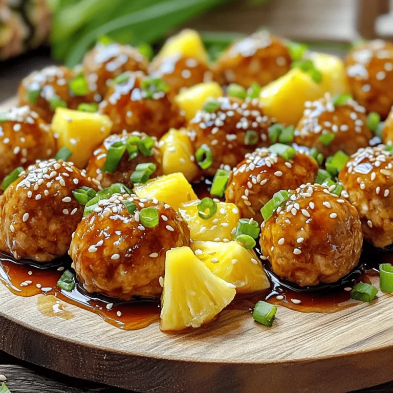 - 1 lb ground chicken - 1/2 cup breadcrumbs - 1/4 cup green onions, finely chopped - 1/4 cup fresh pineapple, finely diced - 1 large egg - 2 tablespoons soy sauce (low sodium) - 1 tablespoon sesame oil - 1 teaspoon garlic powder - 1 teaspoon ginger powder - Salt and pepper to taste - 1/2 cup teriyaki sauce - Extra pineapple chunks for garnish The main ingredients in this recipe create a balance of flavor and texture. Ground chicken forms the meatball base. I like to use breadcrumbs for lightness. Green onions add a nice crunch, and fresh pineapple brings sweetness. The egg helps bind the mixture. Soy sauce adds saltiness, while sesame oil gives a hint of nutty flavor. Garlic and ginger powders add depth. - Extra pineapple chunks - Chopped green onions - Sesame seeds These garnishes make your dish pop! Extra pineapple chunks add color and sweetness. Chopped green onions give freshness. A sprinkle of sesame seeds adds a nice crunch and visual appeal. - Ground turkey or beef instead of chicken - Gluten-free breadcrumbs - Alternatives for teriyaki sauce If you prefer, use ground turkey or beef. They work just as well. For those needing gluten-free options, swap in gluten-free breadcrumbs. You can also try different sauces if you want a change from teriyaki. This flexibility lets you tailor the dish to your taste! - Preheat your oven to 400°F (200°C). - Line a baking sheet with parchment paper. - In a large bowl, combine: - 1 lb ground chicken - 1/2 cup breadcrumbs - 1/4 cup green onions, finely chopped - 1/4 cup fresh pineapple, finely diced - 1 large egg - 2 tablespoons soy sauce (low sodium) - 1 tablespoon sesame oil - 1 teaspoon garlic powder - 1 teaspoon ginger powder - Salt and pepper to taste - Mix until all ingredients are well blended. - Take portions of the mixture with your hands. - Shape them into 1-inch meatballs. - Place each meatball on the lined baking sheet. - Make sure to leave space between them. - Bake for 15-20 minutes until they are golden brown. - In a small saucepan, heat 1/2 cup of teriyaki sauce over medium heat. - Once the meatballs are done, take them out of the oven. - Drizzle the warm teriyaki sauce over the meatballs. - Toss them gently to coat each meatball. - Transfer the glazed meatballs to a serving platter. - You can garnish with extra pineapple chunks and chopped green onions. - Serve with steamed rice or a simple salad for a tasty meal. - For a nice touch, drizzle more teriyaki sauce around the meatballs. - Sprinkle sesame seeds on top for added flair. To make juicy meatballs, mix the ingredients gently. Overmixing can make them tough. Use your hands to combine the ground chicken, breadcrumbs, and pineapple. This will keep them soft and tender. Don’t overbake your meatballs. Keep an eye on them in the oven. They should bake for about 15 to 20 minutes. When they are golden brown, it’s time to take them out. Adding fresh herbs can boost the flavor. Chopped basil or cilantro works great. Just a small handful can change the whole taste. Adjusting spices is also key. If you like heat, add red pepper flakes. For a sweet touch, add more pineapple. Both options can make your meatballs shine. Baking is a great method for these meatballs. It keeps them healthy and makes clean-up easy. You can also fry them for a crispier texture. Just be careful not to burn them. For even cooking, space your meatballs well on the baking sheet. This allows hot air to flow around each one. You can also rotate the pan halfway through baking for the best results. {{image_2}} You can switch ground chicken for ground turkey. Turkey gives a leaner taste. You can also try vegetarian or vegan meatballs. Use plant-based ground meat instead. This gives a great texture and flavor. To mix flavors, add other sauces like sweet chili or hoisin. These sauces bring a new twist. You can also incorporate fruits like mango or bell pepper. This adds sweetness and crunch. Each fruit changes the dish in fun ways. Serve the meatballs in a sub sandwich. This makes a great lunch or dinner. You can also turn them into appetizer bites. Just use toothpicks to serve them. This is perfect for parties or gatherings. To store leftovers, place the meatballs in an airtight container. Make sure they cool down first. Keep them in the fridge for up to three days. After that, the meatballs may lose their taste and texture. To freeze meatballs, let them cool completely. Then, place them in a freezer-safe bag. Remove as much air as you can before sealing. You can freeze them for up to three months. When you're ready to eat, thaw them in the fridge overnight. The best method for reheating is the oven. Preheat it to 350°F (175°C) and place the meatballs on a baking sheet. Heat for about 10-15 minutes, or until warm. This keeps them juicy and tasty. If you use a microwave, place them on a microwave-safe plate. Heat in 30-second intervals, checking often. This method may make them a bit soggy. Always aim for even heating to enjoy all the flavors. Yes, you can use frozen ground chicken. To safely use it, thaw the chicken in the fridge overnight. If you're in a hurry, you can use the microwave's defrost setting. Once thawed, make sure to mix it quickly with the other ingredients. This keeps your meatballs fresh and tasty. Yes, you can make gluten-free Pineapple Teriyaki Chicken Meatballs. Use gluten-free breadcrumbs instead of regular ones. Check labels for gluten-free soy sauce, as some sauces may contain gluten. Brands like Tamari or Coconut Aminos are great options. You can add heat in a few ways. Mix in red pepper flakes or diced jalapeños to the meatball mix. For a kick, drizzle sriracha or hot sauce over the cooked meatballs. Adjust the spice to fit your taste. These meatballs pair well with many sides. Serve them with steamed rice for a filling meal. You can also add a simple salad for crunch. If you want something fun, try meatball sub sandwiches with bread and extra sauce. In this blog post, we covered the process of making delicious Pineapple Teriyaki Chicken Meatballs. We detailed the main ingredients and optional garnishes while offering substitutions for your needs. You learned step-by-step instructions for perfect meatballs, tips for juiciness, and exciting variations. Remember, cooking is about creativity and fun. Enjoy experimenting with flavors and presentations. You can make this dish your own, whether you’re entertaining guests or enjoying a family meal. Trust the process and savor each bite!