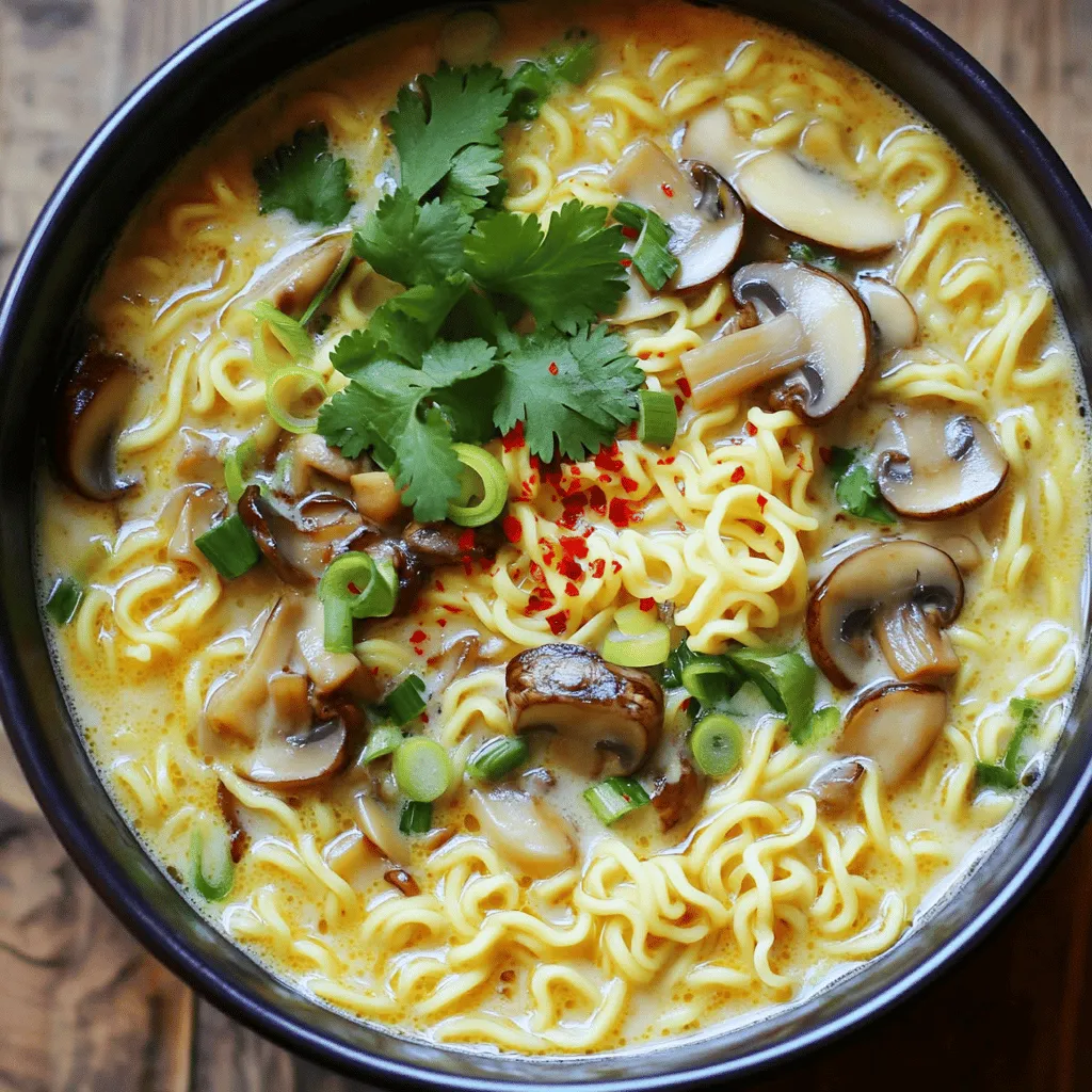 - 200g ramen noodles - 300g mixed mushrooms (shiitake, oyster, and button) - 1 cup coconut milk - 1 tablespoon soy sauce - 1 tablespoon miso paste - 1 tablespoon sesame oil - Fresh cilantro - Chili flakes In this creamy mushroom ramen, the main ingredients shine. Ramen noodles bring comfort and chew. The mixed mushrooms provide rich umami flavors. I often use shiitake, oyster, and button mushrooms together. They blend perfectly to create depth. Coconut milk adds creaminess and a hint of sweetness. For essential seasonings, I like using soy sauce and miso paste. They add saltiness and complexity. Sesame oil gives a nutty aroma, enhancing the dish's overall flavor. Optional garnishes can elevate your ramen. Fresh cilantro adds a burst of freshness. A pinch of chili flakes gives a nice kick. These extras make your dish not just tasty but also visually appealing. - Sautéing garlic and onion Start by heating one tablespoon of sesame oil in a large pot over medium heat. Once the oil is warm, add three minced garlic cloves and one sliced onion. Cook these for about three to four minutes. You want the onion to become soft and clear. This step builds a strong flavor base for your ramen. - Adding mixed mushrooms Next, add 300 grams of mixed mushrooms to the pot. I like to use shiitake, oyster, and button mushrooms for a rich taste. Cook them for about five minutes. Stir occasionally until they are soft and golden. This adds depth to your creamy broth. - Incorporating broth and miso Pour in four cups of vegetable broth along with one tablespoon of soy sauce and one tablespoon of miso paste. Stir well to dissolve the miso. This mixture will give your ramen a savory and umami-rich flavor. Bring it to a gentle simmer. - Adding noodles Once simmering, add 200 grams of ramen noodles to the pot. Cook for about four to five minutes. You want the noodles to be tender but not mushy. Stir occasionally to prevent sticking. This is the heart of your dish. - Stirring in coconut milk Lower the heat and add one cup of coconut milk to the pot. Stir until everything is well mixed and creamy. Let it heat up for another two minutes. This step makes your ramen luscious and smooth. - Seasoning and garnishing Taste the ramen and add salt, pepper, and chili flakes if you like a bit of heat. Remove the pot from heat and mix in two chopped green onions. This adds a fresh crunch. Optionally, top your ramen with fresh cilantro for an extra burst of flavor and color. To keep your noodles from overcooking, I suggest timing is key. Add the ramen noodles to the pot when the broth is simmering. Cook them for just 4 to 5 minutes. This way, they stay firm. If you cook them too long, they can become mushy. Balancing flavors is also important. Start with the right amount of soy sauce and miso paste. Taste the broth before serving. Adjust seasoning with salt and pepper as needed. You can also add chili flakes for some heat. This helps create a rich and layered flavor. For presentation, use deep bowls. This makes the dish look warm and inviting. Garnish with fresh cilantro and extra green onions. This adds color and freshness. A sprinkle of chili flakes on top also looks nice and adds a pop of flavor. Pair your ramen with a light salad or steamed veggies. A refreshing drink, like iced green tea, complements the meal well. The drink can help balance the creamy broth. You can add protein options to make the dish heartier. Tofu is a great choice for a plant-based option. Cook it with the mushrooms for extra flavor. You could also add cooked chicken or shrimp for meat lovers. Adjusting spice levels is easy. If you like it spicy, add more chili flakes to the broth. You can also use spicy sesame oil instead of regular. This will give the dish a nice kick. {{image_2}} One-Pot Creamy Mushroom Ramen is great for vegetarians. You can swap the broth for a rich vegetable broth. This makes the dish even more flavorful. For added protein, try using tofu. Tofu soaks up flavors well and adds a nice texture. You can also mix in other vegetables. Think about adding spinach, carrots, or bell peppers. This keeps it fresh and colorful. Want to change the taste? Use different types of miso. White miso gives a sweet taste, while red miso is stronger. You can also mix in broth bases like mushroom or kombu. These options can add depth to your ramen. Each broth brings its own unique flavor to the dish. It's fun to experiment and find your favorite combo. If you need gluten-free options, choose gluten-free ramen noodles. They come in rice or buckwheat varieties. These work well in this recipe. For those avoiding dairy, coconut milk is a great choice. But you can also try almond or cashew milk. These alternatives keep the dish creamy and delicious. Adjusting to dietary needs is easy with this recipe. To store leftover ramen, let it cool first. Place it in an airtight container. This keeps the flavors fresh. In the fridge, it lasts for about 3 days. For reheating, use a pot on low heat. Add a splash of broth or water. This helps restore its creamy texture. Stir well until it is hot. You can also use a microwave. Heat it in short bursts, stirring in between. You can freeze the ramen, but it's best to freeze the broth and noodles separately. Cooked noodles don’t freeze well. They can become mushy when thawed. Freeze the broth in a container for up to 2 months. When ready to eat, thaw the broth overnight in the fridge. Reheat it in a pot. Add fresh noodles and cook until tender. This keeps your meal tasty and fresh. In the fridge, your ramen stays good for about 3 days. If it looks slimy or smells off, it's time to toss it. Always check for signs of spoilage before eating. If you see mold, do not eat it. Enjoy your ramen while it's fresh for the best flavor! To make one-pot creamy mushroom ramen, you follow a few easy steps. First, heat sesame oil in a large pot. Add minced garlic and sliced onion. Cook until the onion is soft. Then, add mixed mushrooms and cook them until they brown. Next, stir in grated ginger for flavor. Pour in vegetable broth, soy sauce, and miso paste. Mix well to dissolve the miso. Bring the broth to a simmer, then add ramen noodles. Cook for about 4-5 minutes until tender. Lower the heat and stir in coconut milk. This makes it creamy and rich. Season with salt, pepper, and chili flakes if you like spice. Finally, add chopped green onions before serving. Yes, you can use other noodles instead of ramen. Some good options are udon or soba noodles. If you choose udon, cook it for about 5-7 minutes. Soba noodles should cook for 4-6 minutes. Adjust the cooking time as needed to keep the texture just right. This recipe is great for meal prep! You can make it in advance and store it in the fridge. For best results, let it cool completely before placing it in an airtight container. It will last for 3-4 days in the fridge. When you heat it up, add a splash of water or broth to keep it creamy. Enjoy it throughout the week! This blog outlined how to make creamy mushroom ramen, starting with key ingredients like ramen noodles, mixed mushrooms, and coconut milk. Essential seasonings like soy sauce and miso elevate the dish. I shared step-by-step instructions for preparation and tips for perfecting flavors. Lastly, we explored variations and storage methods. Enjoy making this dish as you adapt it to your taste. Remember, cooking is about creativity and fun, so don’t hesitate to experiment!