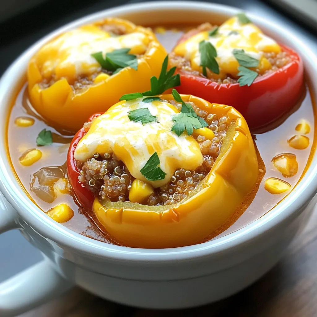 For this savory stuffed pepper soup, gather these key ingredients: - 4 large bell peppers (any color), diced - 1 lb ground turkey (or beef, if preferred) - 1 medium onion, chopped - 3 cloves garlic, minced - 1 (15 oz) can diced tomatoes, undrained - 4 cups beef or vegetable broth - 1 cup uncooked quinoa or rice - 2 teaspoons Italian seasoning - 1 teaspoon smoked paprika - 1 teaspoon salt - ½ teaspoon black pepper - 1 cup frozen corn - 1 cup shredded cheese (cheddar or mozzarella), for topping - Fresh parsley or cilantro, for garnish You can swap some ingredients to fit your taste. If you want a meatless dish, use lentils or beans instead of turkey. For a spicy kick, add diced jalapeños or some crushed red pepper. You can also replace quinoa with brown rice or even cauliflower rice for a low-carb option. If you don’t have Italian seasoning, use oregano, basil, or a mix of your favorite herbs. When selecting bell peppers, look for ones that feel heavy for their size. Their skin should be smooth and shiny. Avoid any with soft spots or wrinkles. Each color has a distinct taste; green peppers are more bitter, while red, yellow, and orange peppers are sweeter. Choose based on your flavor preference. If you like a little spice, try a poblano or Anaheim pepper for a different twist! Start with a skillet on medium heat. Add your ground turkey or beef. Brown the meat well. Use a spoon to break it up while it cooks. This should take about 5-7 minutes. If you see extra fat, drain it off. Next, toss in the chopped onion and minced garlic. Cook this mix for 3-4 minutes. You want the onion to become soft and clear. Now, move this mixture to your slow cooker. Add the diced bell peppers, undrained diced tomatoes, and broth. Include the uncooked quinoa or rice too. Don’t forget the Italian seasoning, smoked paprika, salt, and black pepper. Stir everything well to mix. Cover the slow cooker and set it to low. Cook for 6-8 hours or on high for 3-4 hours. The soup is ready when the quinoa or rice is soft and the peppers are tender. To brown meat right, heat the skillet before adding it. If it’s too cool, the meat will steam. Spread the meat evenly in the pan. This helps it cook faster. Avoid stirring too much at first. Let it sit for a minute to get a nice brown color. Then, break it up gently with your spoon. This gives you a better texture in the soup. Timing is key in slow cooking. If you want a quick meal, use the high setting. It cooks in 3-4 hours. For a richer flavor, go low and slow for 6-8 hours. This lets the ingredients blend well. Check the soup near the end. If the quinoa or rice is not soft, give it more time. In the last 15 minutes, add frozen corn. This keeps it bright and fresh. Enjoy the warm, hearty flavors when it’s ready! To boost the flavor of your soup, add more spices. Fresh herbs like basil or oregano work great. You can also squeeze in some lemon juice for a bright taste. A splash of hot sauce can wake up the flavors too. Try adding a bay leaf while it cooks. Remember to remove it before serving! Freezing this soup is easy. Let it cool completely before putting it in a container. Use airtight bags or freezer-safe containers. This keeps the soup fresh and tasty. Label the containers with the date. It should last about three months in the freezer. When ready to eat, thaw it in the fridge overnight. Heat it gently on the stove or in the microwave. You can change the spice level to match your taste. For mild soup, reduce the smoked paprika. If you like heat, add chili flakes or diced jalapeños. Taste the soup before serving. This way, you can adjust the spices for the perfect kick. Cooking is all about making it yours! {{image_2}} You can easily swap the ground turkey for other proteins. Ground beef works well if you want a richer flavor. If you prefer a lighter option, try ground chicken or turkey. For a fun twist, use chorizo for a spicy kick. These swaps let you customize the soup to your taste. To make this soup vegetarian, skip the meat and add more veggies. Use a mix of mushrooms, lentils, or beans for protein. You can also replace the broth with vegetable broth. For a vegan option, skip the cheese or use a plant-based cheese. This way, everyone can enjoy a delicious bowl. Feel free to add other veggies to the mix. Zucchini, carrots, or diced tomatoes work great. You can also toss in some spinach or kale for extra nutrients. Just remember, keep the balance so the flavors shine through. This soup is all about using what you have on hand. Let your creativity lead your choices! After enjoying your delicious slow cooker stuffed pepper soup, store any leftovers properly. Allow the soup to cool to room temperature. Then, transfer it into airtight containers. Make sure to leave some space at the top of the container. This space allows the soup to expand when frozen. You can also use freezer bags for easy storage. Just squeeze out the air before sealing. In the refrigerator, your soup will stay good for about 3 to 4 days. Ensure your fridge is at the right temperature, which is below 40°F (4°C). After this time, you might notice a change in taste or texture, so it's best to enjoy it within this timeframe. Reheat your soup on the stove for the best flavor. Pour the desired amount into a pot and heat over medium heat. Stir it often to ensure even warming. If you're in a hurry, you can use the microwave. Place the soup in a microwave-safe bowl and cover it. Heat in short bursts, stirring in between. This method warms the soup evenly and prevents hot spots. Enjoy your soup just as you did the first time! Yes! You can use barley or farro instead. These grains add a nice texture. Just adjust the cooking time as needed. Make sure to check if they require more liquid or longer cooking. To make this soup gluten-free, choose gluten-free broth. Also, use quinoa or rice, as both are gluten-free. Always check labels to ensure no hidden gluten in canned goods or spices. Toppings can really enhance your soup. I love using shredded cheese like cheddar or mozzarella. Fresh herbs like parsley or cilantro also add great flavor. You can even sprinkle some crushed tortilla chips for crunch! Absolutely! This soup stores well. You can make it a day in advance. Just let it cool, then store it in the fridge. Reheat it on the stove or in the microwave before serving. This blog post outlined key ingredients, cooking steps, and tips for stuffed pepper soup. We explored ingredient choices, cooking methods, and ways to boost flavor. You learned storage tips for leftovers and how to adjust the recipe to suit your taste. Remember to experiment with variations like different proteins or vegetables. Your soup can be tailored to your liking. With the right techniques, you can make this dish easy and delicious. Enjoy your cooking journey!